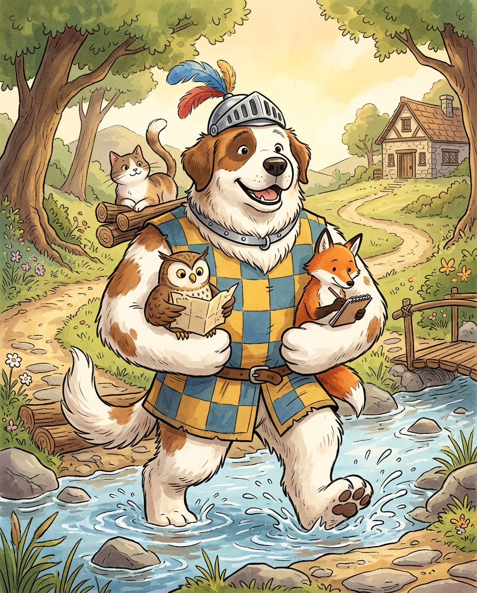 AI Design for # 🐶 Rufus Stonepaw

If Jasper is the dreamer and Milo is the scholar, then **Rufus is the heart of the group**.

The moment somebody sees Rufus, they should smile.

---

## First Impression

Rufus is big.

Very big.

Not scary big.

Comforting big.

The kind of dog who takes up half a bench when he sits down.

He's the tallest member of the friend group and much broader than everyone else.

When he walks, his footsteps feel heavy.

When he laughs, everyone hears it.

When he enters a room, people notice.

---

## Fur

Rufus has mostly white fur.

Across his body are patches of warm brown.

Most notably:

🤎 Around one eye.

🤎 Along parts of his back and shoulders.

🤎 Small patches scattered naturally across his body.

The colors make him look rustic and approachable.

Like a farm dog who somehow became a knight.

---

## Face

His face is friendly.

Very friendly.

Big smile.

Big nose.

Soft eyes.

His eyes aren't sharp or intimidating.

They're warm.

The kind of eyes that say:

> "Don't worry. I'll help."

Even when he has absolutely no idea what's going on.

---

## The Helmet

His most iconic feature.

A knight's helmet.

Silver.

Polished.

Decorated with:

🔵 Blue feathers

🔴 Red feathers

The funny part?

The helmet is too small.

Way too small.

It clearly doesn't fit him properly.

Yet he wears it proudly.

Like the greatest knight in the kingdom.

Everyone recognizes him because of it.

---

## Clothing

Rufus wears a knight-inspired outfit.

Not heavy armor.

More like a colorful medieval tunic.

Pattern:

🟡 Yellow

🔵 Blue

Checkerboard design.

The colors are vibrant without being bright.

They make him stand out immediately.

The outfit is worn and comfortable.

You can tell he's actually lived in it.

---

## The Silver Collar

Around his neck sits a silver collar.

Simple.

Clean.

Almost like a badge of honor.

Not flashy.

Just part of who he is.

---

## Pose

Rufus rarely looks serious.

Most illustrations show him:

😁 Laughing.

🍗 Eating.

🐾 Helping somebody carry something.

🛡 Proudly standing guard.

Or trying very hard to act knightly.

---

## Personality Through Art

The illustrator should communicate:

* Loyalty.
* Courage.
* Kindness.
* Enthusiasm.

Rufus is brave.

But he isn't trying to prove it.

He helps because helping feels right.

---

## Silhouette

Even as a black shadow, you'd instantly recognize him.

🐶 Huge body.

🪖 Tiny helmet.

🛡 Broad shoulders.

The silhouette is unmistakable.

---

## Storybook Illustration Example

Imagine a chapter illustration.

The group is crossing a stream.

Jasper carefully balances on a log.

Milo is checking a map.

Shadow is drawing notes.

Meanwhile Rufus has simply picked up three of his friends at once and is carrying them across.

He's grinning from ear to ear.

His tiny helmet is sliding sideways.

Nobody asked him to do this.

He just thought it would help.

And honestly?

It did.

That single image tells you everything about Rufus Stonepaw:

A giant dog with a tiny helmet, a huge heart, and the unwavering belief that every problem can be solved with courage, friendship, and perhaps a second helping of stew. 🐶🛡️🍲✨