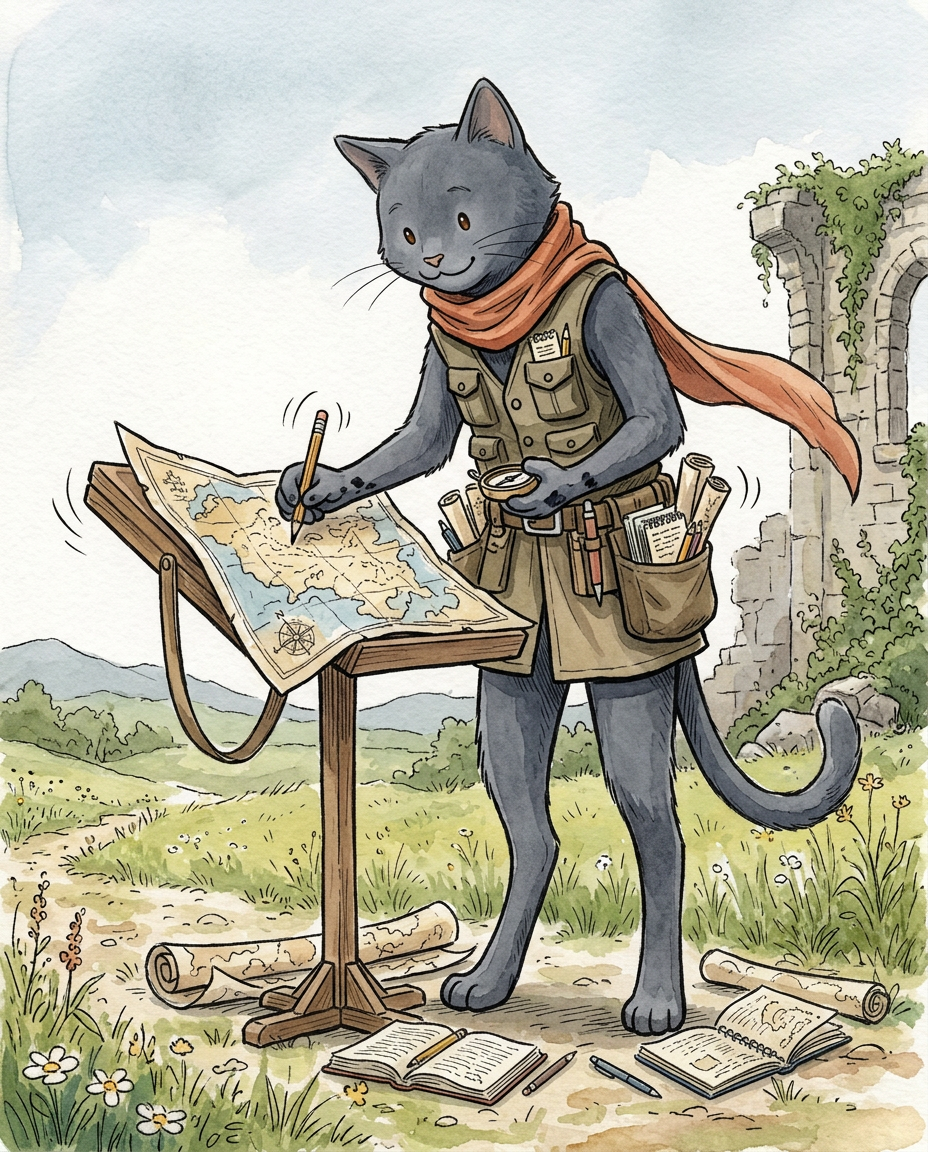 AI Design for � Shadow Nightwhisker

Shadow is probably the most misunderstood member of the group.

People see him sitting quietly with a notebook and assume he's serious.

They see him drawing maps and assume he's mysterious.

They see him standing apart from the others and assume he's lonely.

The truth?

Shadow is one of the happiest cats in the entire group.

He's just usually busy.

First Impression

Shadow is tall.

Very tall.

Not broad like Rufus.

Tall and lean.

His long legs and long tail make him seem older than he actually is.

When the group stands together, Shadow is often the highest head in the crowd.

Fur

Shadow has dark gray fur.

Not black.

Not gloomy.

A soft charcoal gray.

His fur is smooth and tidy because he's always traveling and hates getting dirt on his maps.

Face

His face is gentle.

He smiles often.

Not huge grins like Rufus.

More little smiles.

The kind you see when somebody is enjoying themselves.

His eyes are simple storybook eyes.

Expressive and warm.

When he discovers a new route or finishes a map, his entire face lights up.

The Scarf

His most recognizable feature.

A simple scarf.

Orange-red.

Wrapped around his neck.

The color contrasts beautifully against his gray fur.

It immediately draws attention to him.

When he runs through the countryside, the scarf trails behind him like a banner.

Clothing

Unlike some of the others, Shadow dresses very simply.

No armor.

No giant hat.

No flashy decorations.

Just practical travel clothes.

Neutral colors.

Comfortable fabrics.

Lots of pockets.

Because every pocket is filled with:

🗺️ Notes

🖊️ Pencils

📜 Map fragments

🌿 Interesting things he found

The Cartographer

This is Shadow's role.

He knows roads.

He knows trails.

He knows shortcuts.

He knows forgotten paths.

He knows where streams cross roads and where old bridges stand.

If somebody says:

"Has anyone been here before?"

Shadow probably has.

And if he hasn't?

He's excited to be the first.

Personality Through Art

The biggest mistake would be drawing him as edgy.

He isn't edgy.

He isn't brooding.

He isn't constantly standing in shadows.

He's cheerful.

Curious.

Energetic.

The reason he seems quiet is because he's usually concentrating on a map.

Pose

When illustrated, Shadow is often:

🗺️ Drawing maps

📍 Pointing at a route

✏️ Sketching landmarks

🏃 Exploring ahead

Or excitedly showing the group something he found.

Silhouette

Even in silhouette you'd recognize him.

🐱 Tall frame

🧣 Long scarf

🗺️ Rolled maps

📖 Notebook

Simple.

Clean.

Distinct.

Storybook Illustration Example

Imagine a chapter illustration.

The group has stopped on a hill.

Jasper is looking at the horizon.

Milo is reading.

Rufus is eating lunch.

Ashen is playing his fiddle.

Pippa is collecting flowers.

Meanwhile Shadow is lying flat on his stomach in the grass.

His scarf is spread out behind him.

A notebook is open in front of him.

He's carefully drawing the shape of a distant river.

And he's smiling the entire time.

Not because somebody told him to.

Not because it's important.

Just because he genuinely loves maps.

That's Shadow Nightwhisker:

A tall gray cat with an orange scarf, ink-stained paws, and the happiest cartographer in the kingdom. 🗺️🧣🐱✨ comic book art stzle dot eyes bold black lines alone in the image happyli drawing on map
