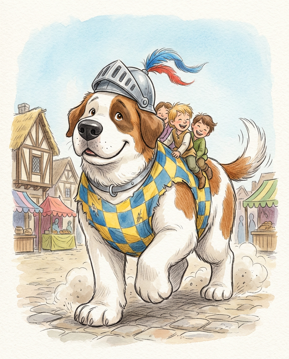 AI Design for # 🐶 Rufus Stonepaw

If Jasper is the dreamer and Milo is the scholar, then **Rufus is the heart of the group**.

The moment somebody sees Rufus, they should smile.

---

## First Impression

Rufus is big.

Very big.

Not scary big.

Comforting big.

The kind of dog who takes up half a bench when he sits down.

He's the tallest member of the friend group and much broader than everyone else.

When he walks, his footsteps feel heavy.

When he laughs, everyone hears it.

When he enters a room, people notice.

---

## Fur

Rufus has mostly white fur.

Across his body are patches of warm brown.

Most notably:

🤎 Around one eye.

🤎 Along parts of his back and shoulders.

🤎 Small patches scattered naturally across his body.

The colors make him look rustic and approachable.

Like a farm dog who somehow became a knight.

---

## Face

His face is friendly.

Very friendly.

Big smile.

Big nose.

Soft eyes.

His eyes aren't sharp or intimidating.

They're warm.

The kind of eyes that say:

> "Don't worry. I'll help."

Even when he has absolutely no idea what's going on.

---

## The Helmet

His most iconic feature.

A knight's helmet.

Silver.

Polished.

Decorated with:

🔵 Blue feathers

🔴 Red feathers

The funny part?

The helmet is too small.

Way too small.

It clearly doesn't fit him properly.

Yet he wears it proudly.

Like the greatest knight in the kingdom.

Everyone recognizes him because of it.

---

## Clothing

Rufus wears a knight-inspired outfit.

Not heavy armor.

More like a colorful medieval tunic.

Pattern:

🟡 Yellow

🔵 Blue

Checkerboard design.

The colors are vibrant without being bright.

They make him stand out immediately.

The outfit is worn and comfortable.

You can tell he's actually lived in it.

---

## The Silver Collar

Around his neck sits a silver collar.

Simple.

Clean.

Almost like a badge of honor.

Not flashy.

Just part of who he is.

---

## Pose

Rufus rarely looks serious.

Most illustrations show him:

😁 Laughing.

🍗 Eating.

🐾 Helping somebody carry something.

🛡 Proudly standing guard.

Or trying very hard to act knightly.

---

## Personality Through Art

The illustrator should communicate:

* Loyalty.
* Courage.
* Kindness.
* Enthusiasm.

Rufus is brave.

But he isn't trying to prove it.

He helps because helping feels right.

---

## Silhouette

Even as a black shadow, you'd instantly recognize him.

🐶 Huge body.

🪖 Tiny helmet.

🛡 Broad shoulders.

The silhouette is unmistakable.

---

## Storybook Illustration Example

Imagine a chapter illustration.

The group is crossing a stream.

Jasper carefully balances on a log.

Milo is checking a map.

Shadow is drawing notes.

Meanwhile Rufus has simply picked up three of his friends at once and is carrying them across.

He's grinning from ear to ear.

His tiny helmet is sliding sideways.

Nobody asked him to do this.

He just thought it would help.

And honestly?

It did.

That single image tells you everything about Rufus Stonepaw:

A giant dog with a tiny helmet, a huge heart, and the unwavering belief that every problem can be solved with courage, friendship, and perhaps a second helping of stew. 🐶🛡️🍲✨