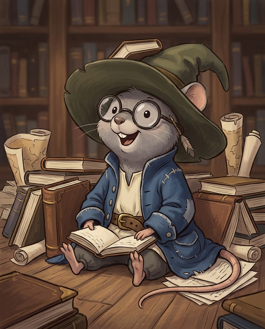AI Design for Sure! Based on everything you've described so far, this is how I imagine **Milo Underburrow** in the *Embermane Chronicles* storybook art style.

---

# 🐭 Milo Underburrow

Milo is a small mouse, noticeably shorter than almost everyone else in the group.

At first glance, he looks like somebody who accidentally wandered out of a library and into an adventure.

---

## Face

Milo has a soft, friendly face.

His eyes are simple storybook eyes:

⚫ Small black dots or tiny ovals.

Not realistic.

Not anime.

Very expressive despite their simplicity.

His nose is small and dark.

His whiskers stick out in every direction, making him look a little untidy.

Like he forgot to comb them because he was busy reading.

---

## Glasses

One of his most recognizable features.

Large round spectacles.

Slightly oversized for his face.

They constantly slide down his nose.

Sometimes he pushes them back up while talking.

The glasses make him look:

* Curious
* Intelligent
* Slightly goofy

---

## Hat

His hat is enormous.

Almost comically large.

A floppy traveler's hat.

The brim droops slightly.

It casts a shadow over his face.

The hat always looks a little too big for him.

That's part of the charm.

---

## Clothing

Milo wears very baggy clothing.

Loose sleeves.

Oversized coat.

Big pockets everywhere.

The clothes almost look inherited from somebody twice his size.

Colors:

🔵 Deep blue

⚪ Silver-gray details

🟤 Brown belt

Nothing flashy.

Practical.

Comfortable.

A mouse who expects to spend all day reading.

---

## Accessories

Books.

Always books.

Not one book.

Several.

He often carries:

📚 A satchel full of notes

📚 Scrolls sticking out of pockets

📚 Little notebooks

📚 Folded maps

Sometimes papers fall out while he walks.

---

## Pose

When illustrated, Milo rarely stands still.

He's usually:

📖 Reading

📝 Writing notes

🔍 Examining something interesting

🤔 Thinking

Or excitedly explaining something nobody asked about.

---

## Personality Through Art

The illustrator should make him look:

* Enthusiastic
* Intelligent
* Curious
* Slightly chaotic

Not a serious scholar.

Not a boring professor.

More like:

> A mouse who got distracted researching one thing and accidentally discovered twelve more things.

---

## Silhouette

This is important.

Even completely blacked out, you'd recognize him instantly:

🎩 Huge floppy hat

👓 Round glasses

📚 Stack of books

🧥 Oversized coat

🐭 Small body

That silhouette becomes uniquely Milo.

---

## Storybook Illustration Example

Imagine a chapter illustration.

Milo is sitting cross-legged on a library floor.

Books are piled around him.

One book is open.

Another is balanced on his knee.

A third is somehow resting on top of his hat.

His glasses have slipped down his nose.

His tail curls around a stack of papers.

Meanwhile he's grinning because he's just discovered a fascinating fact about Rowan Embermane.

That single image tells you exactly who Milo is.

Not a warrior.

Not a king.

Not a hero in the traditional sense.

Just a wonderfully curious little mouse who loves learning almost as much as Jasper loves adventuring. 🐭📚✨
 gray rat cartoonz bold lines minimal shadind comic book INSpO not copzing