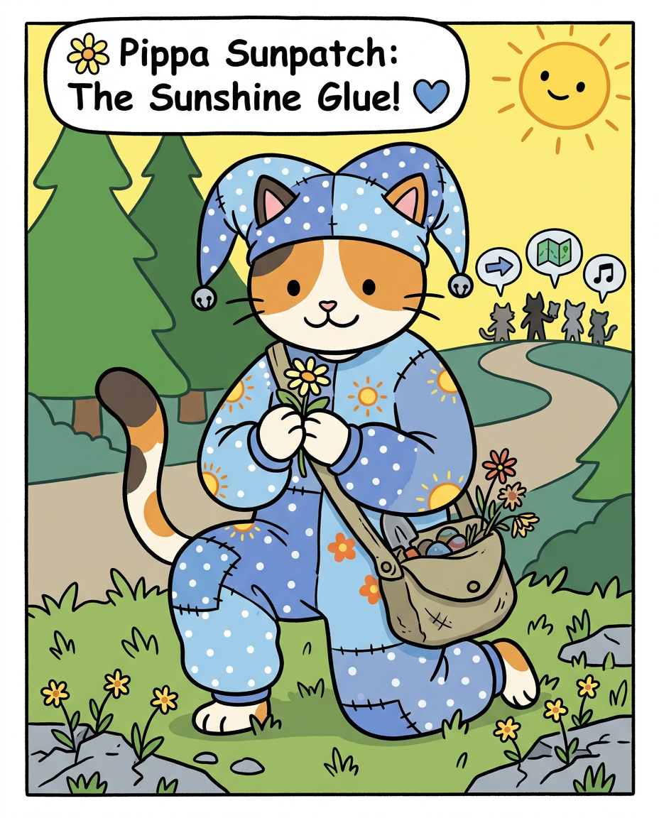 AI Design for � Pippa Sunpatch
Pippa Sunpatch is sunshine in cat form.
Not because she's loud.
Not because she's constantly talking.
But because whenever she's around, things feel a little brighter.
First Impression
Pippa is a calico cat.
Her fur is mostly white, covered in patches of:
🧡 Orange
🖤 Black
🤍 White
The patches are scattered naturally across her body.
When sunlight hits her fur, it almost looks like little pieces of sunlight resting on her coat.
That's where the name Sunpatch comes from.
Face
Pippa has a warm, friendly face.
Her eyes are bright and curious.
Not mischievous like Ashen.
Not focused like Jasper.
Not scholarly like Milo.
Just genuinely interested in the world.
She notices things other people miss.
Clothing
You mentioned blue, and I think blue works perfectly.
Not royal blue.
Not bright blue.
A soft storybook blue.
Something like:
🔵 Cornflower blue
🔵 Sky blue
🔵 Dusty blue
Her outfit could be a simple medieval dress or tunic.
Nothing fancy.
Just comfortable and practical.
Maybe small cream-colored embroidery along the sleeves.
Tiny flower patterns near the edges.
Subtle details.
Accessories
Pippa isn't the type to carry weapons everywhere.
Instead she might carry:
🌼 A flower pouch
🌿 Small gardening tools
📜 Little notes
🍎 Snacks
🐚 Interesting things she finds
Her pockets are always full of random treasures.
Personality
Pippa is kind.
But not in a boring way.
She's the friend who notices when someone feels left out.
The friend who remembers birthdays.
The friend who saves a flower because it looked lonely.
Her Role in the Group
This is important.
Every group needs someone who helps everyone stay connected.
That's Pippa.
When Jasper gets too obsessed with Rowan...
Pippa brings him back to earth.
When Milo disappears into research...
Pippa reminds him to eat.
When Shadow spends twelve hours drawing maps...
Pippa convinces him to take a break.
When Rufus gets discouraged...
Pippa encourages him.
When Ashen gets carried away...
Pippa laughs along with him.
She's the glue.
Pose
In illustrations she's often:
🌼 Holding flowers
🌿 Sitting in gardens
🐦 Feeding birds
📖 Listening to stories
😊 Smiling at friends
Not because she isn't adventurous.
Because she appreciates small beautiful things.
Silhouette
Even in silhouette:
🐱 Cat ears
👗 Simple blue outfit
🌼 Flower in paw
Recognizable immediately.
Storybook Illustration Example
Imagine a chapter illustration.
The group is walking along a forest road.
Jasper is looking ahead.
Shadow is studying a map.
Milo is reading while walking.
Ashen is playing his fiddle.
Rufus is carrying half the supplies.
Meanwhile, Pippa has stopped.
Not because she's tired.
Not because she's distracted.
A tiny wildflower is growing through a crack in a stone beside the road.
She's kneeling beside it.
Just admiring it for a moment.
Then she smiles and catches up with the group.
The Feeling She Gives
If Jasper is the adventure...
If Milo is the knowledge...
If Shadow is the exploration...
If Rufus is the courage...
If Ashen is the joy...
Then Pippa is the warmth.
She's the reason the group feels like friends instead of simply a team.
The kind of character readers remember because she makes the world feel kinder, brighter, and more alive. 🌼🐱💙✨
comic book art style with dot eyes bold black lines minimal shading simple colours jester hat baggz oneseie vibrant colours