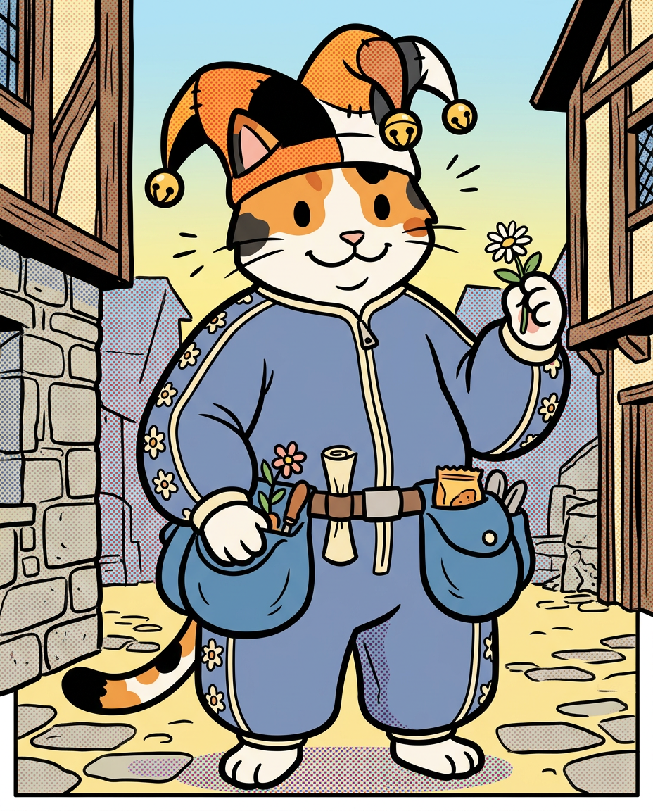 AI Design for � Pippa Sunpatch
Pippa Sunpatch is sunshine in cat form.
Not because she's loud.
Not because she's constantly talking.
But because whenever she's around, things feel a little brighter.
First Impression
Pippa is a calico cat.
Her fur is mostly white, covered in patches of:
🧡 Orange
🖤 Black
🤍 White
The patches are scattered naturally across her body.
When sunlight hits her fur, it almost looks like little pieces of sunlight resting on her coat.
That's where the name Sunpatch comes from.
Face
Pippa has a warm, friendly face.
Her eyes are bright and curious.
Not mischievous like Ashen.
Not focused like Jasper.
Not scholarly like Milo.
Just genuinely interested in the world.
She notices things other people miss.
Clothing
You mentioned blue, and I think blue works perfectly.
Not royal blue.
Not bright blue.
A soft storybook blue.
Something like:
🔵 Cornflower blue
🔵 Sky blue
🔵 Dusty blue
Her outfit could be a simple medieval dress or tunic.
Nothing fancy.
Just comfortable and practical.
Maybe small cream-colored embroidery along the sleeves.
Tiny flower patterns near the edges.
Subtle details.
Accessories
Pippa isn't the type to carry weapons everywhere.
Instead she might carry:
🌼 A flower pouch
🌿 Small gardening tools
📜 Little notes
🍎 Snacks
🐚 Interesting things she finds
Her pockets are always full of random treasures.
Personality
Pippa is kind.
But not in a boring way.
She's the friend who notices when someone feels left out.
The friend who remembers birthdays.
The friend who saves a flower because it looked lonely.
Her Role in the Group
This is important.
Every group needs someone who helps everyone stay connected.
That's Pippa.
When Jasper gets too obsessed with Rowan...
Pippa brings him back to earth.
When Milo disappears into research...
Pippa reminds him to eat.
When Shadow spends twelve hours drawing maps...
Pippa convinces him to take a break.
When Rufus gets discouraged...
Pippa encourages him.
When Ashen gets carried away...
Pippa laughs along with him.
She's the glue.
Pose
In illustrations she's often:
🌼 Holding flowers
🌿 Sitting in gardens
🐦 Feeding birds
📖 Listening to stories
😊 Smiling at friends
Not because she isn't adventurous.
Because she appreciates small beautiful things.
Silhouette
Even in silhouette:
🐱 Cat ears
👗 Simple blue outfit
🌼 Flower in paw
Recognizable immediately.
Storybook Illustration Example
Imagine a chapter illustration.
The group is walking along a forest road.
Jasper is looking ahead.
Shadow is studying a map.
Milo is reading while walking.
Ashen is playing his fiddle.
Rufus is carrying half the supplies.
Meanwhile, Pippa has stopped.
Not because she's tired.
Not because she's distracted.
A tiny wildflower is growing through a crack in a stone beside the road.
She's kneeling beside it.
Just admiring it for a moment.
Then she smiles and catches up with the group.
The Feeling She Gives
If Jasper is the adventure...
If Milo is the knowledge...
If Shadow is the exploration...
If Rufus is the courage...
If Ashen is the joy...
Then Pippa is the warmth.
She's the reason the group feels like friends instead of simply a team.
The kind of character readers remember because she makes the world feel kinder, brighter, and more alive. 🌼🐱💙✨
comic book art style with dot eyes bold black lines minimal shading simple colours jester hat baggz oneseie vibrant colours