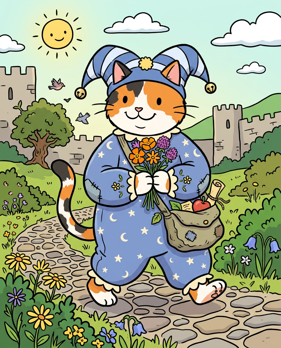 AI Design for � Pippa Sunpatch
Pippa Sunpatch is sunshine in cat form.
Not because she's loud.
Not because she's constantly talking.
But because whenever she's around, things feel a little brighter.
First Impression
Pippa is a calico cat.
Her fur is mostly white, covered in patches of:
🧡 Orange
🖤 Black
🤍 White
The patches are scattered naturally across her body.
When sunlight hits her fur, it almost looks like little pieces of sunlight resting on her coat.
That's where the name Sunpatch comes from.
Face
Pippa has a warm, friendly face.
Her eyes are bright and curious.
Not mischievous like Ashen.
Not focused like Jasper.
Not scholarly like Milo.
Just genuinely interested in the world.
She notices things other people miss.
Clothing
You mentioned blue, and I think blue works perfectly.
Not royal blue.
Not bright blue.
A soft storybook blue.
Something like:
🔵 Cornflower blue
🔵 Sky blue
🔵 Dusty blue
Her outfit could be a simple medieval dress or tunic.
Nothing fancy.
Just comfortable and practical.
Maybe small cream-colored embroidery along the sleeves.
Tiny flower patterns near the edges.
Subtle details.
Accessories
Pippa isn't the type to carry weapons everywhere.
Instead she might carry:
🌼 A flower pouch
🌿 Small gardening tools
📜 Little notes
🍎 Snacks
🐚 Interesting things she finds
Her pockets are always full of random treasures.
Personality
Pippa is kind.
But not in a boring way.
She's the friend who notices when someone feels left out.
The friend who remembers birthdays.
The friend who saves a flower because it looked lonely.
Her Role in the Group
This is important.
Every group needs someone who helps everyone stay connected.
That's Pippa.
When Jasper gets too obsessed with Rowan...
Pippa brings him back to earth.
When Milo disappears into research...
Pippa reminds him to eat.
When Shadow spends twelve hours drawing maps...
Pippa convinces him to take a break.
When Rufus gets discouraged...
Pippa encourages him.
When Ashen gets carried away...
Pippa laughs along with him.
She's the glue.
Pose
In illustrations she's often:
🌼 Holding flowers
🌿 Sitting in gardens
🐦 Feeding birds
📖 Listening to stories
😊 Smiling at friends
Not because she isn't adventurous.
Because she appreciates small beautiful things.
Silhouette
Even in silhouette:
🐱 Cat ears
👗 Simple blue outfit
🌼 Flower in paw
Recognizable immediately.
Storybook Illustration Example
Imagine a chapter illustration.
The group is walking along a forest road.
Jasper is looking ahead.
Shadow is studying a map.
Milo is reading while walking.
Ashen is playing his fiddle.
Rufus is carrying half the supplies.
Meanwhile, Pippa has stopped.
Not because she's tired.
Not because she's distracted.
A tiny wildflower is growing through a crack in a stone beside the road.
She's kneeling beside it.
Just admiring it for a moment.
Then she smiles and catches up with the group.
The Feeling She Gives
If Jasper is the adventure...
If Milo is the knowledge...
If Shadow is the exploration...
If Rufus is the courage...
If Ashen is the joy...
Then Pippa is the warmth.
She's the reason the group feels like friends instead of simply a team.
The kind of character readers remember because she makes the world feel kinder, brighter, and more alive. 🌼🐱💙✨
comic book art style with dot eyes bold black lines minimal shading simple colours jester hat baggz oneseie vibrant colours