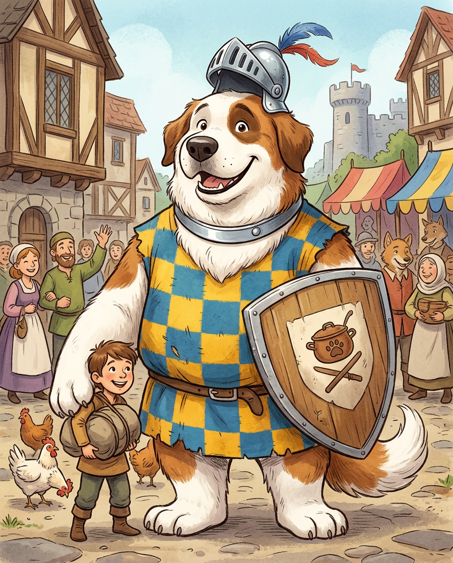 AI Design for # 🐶 Rufus Stonepaw

If Jasper is the dreamer and Milo is the scholar, then **Rufus is the heart of the group**.

The moment somebody sees Rufus, they should smile.

---

## First Impression

Rufus is big.

Very big.

Not scary big.

Comforting big.

The kind of dog who takes up half a bench when he sits down.

He's the tallest member of the friend group and much broader than everyone else.

When he walks, his footsteps feel heavy.

When he laughs, everyone hears it.

When he enters a room, people notice.

---

## Fur

Rufus has mostly white fur.

Across his body are patches of warm brown.

Most notably:

🤎 Around one eye.

🤎 Along parts of his back and shoulders.

🤎 Small patches scattered naturally across his body.

The colors make him look rustic and approachable.

Like a farm dog who somehow became a knight.

---

## Face

His face is friendly.

Very friendly.

Big smile.

Big nose.

Soft eyes.

His eyes aren't sharp or intimidating.

They're warm.

The kind of eyes that say:

> "Don't worry. I'll help."

Even when he has absolutely no idea what's going on.

---

## The Helmet

His most iconic feature.

A knight's helmet.

Silver.

Polished.

Decorated with:

🔵 Blue feathers

🔴 Red feathers

The funny part?

The helmet is too small.

Way too small.

It clearly doesn't fit him properly.

Yet he wears it proudly.

Like the greatest knight in the kingdom.

Everyone recognizes him because of it.

---

## Clothing

Rufus wears a knight-inspired outfit.

Not heavy armor.

More like a colorful medieval tunic.

Pattern:

🟡 Yellow

🔵 Blue

Checkerboard design.

The colors are vibrant without being bright.

They make him stand out immediately.

The outfit is worn and comfortable.

You can tell he's actually lived in it.

---

## The Silver Collar

Around his neck sits a silver collar.

Simple.

Clean.

Almost like a badge of honor.

Not flashy.

Just part of who he is.

---

## Pose

Rufus rarely looks serious.

Most illustrations show him:

😁 Laughing.

🍗 Eating.

🐾 Helping somebody carry something.

🛡 Proudly standing guard.

Or trying very hard to act knightly.

---

## Personality Through Art

The illustrator should communicate:

* Loyalty.
* Courage.
* Kindness.
* Enthusiasm.

Rufus is brave.

But he isn't trying to prove it.

He helps because helping feels right.

---

## Silhouette

Even as a black shadow, you'd instantly recognize him.

🐶 Huge body.

🪖 Tiny helmet.

🛡 Broad shoulders.

The silhouette is unmistakable.

---

## Storybook Illustration Example

Imagine a chapter illustration.

The group is crossing a stream.

Jasper carefully balances on a log.

Milo is checking a map.

Shadow is drawing notes.

Meanwhile Rufus has simply picked up three of his friends at once and is carrying them across.

He's grinning from ear to ear.

His tiny helmet is sliding sideways.

Nobody asked him to do this.

He just thought it would help.

And honestly?

It did.

That single image tells you everything about Rufus Stonepaw:

A giant dog with a tiny helmet, a huge heart, and the unwavering belief that every problem can be solved with courage, friendship, and perhaps a second helping of stew. 🐶🛡️🍲✨