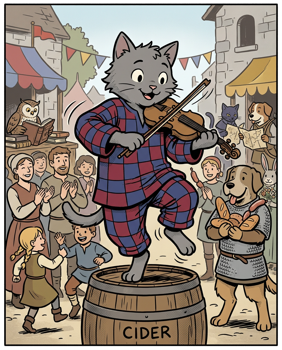 AI Design for # � Ashen Greybrook
If Jasper is the hero, Milo is the scholar, Shadow is the explorer, and Rufus is the knight...
**Ashen is the spark.**
He's the friend who makes every scene more fun the moment he walks into it.
---
## First Impression
Ashen is a medium-sized gray cat.
Not as tall as Shadow.
Not as large as Rufus.
Not as small as Milo.
He sits right in the middle.
But somehow he always stands out.
---
## Fur
Soft ash-gray fur.
Lighter than Shadow's.
His fur has a slightly messy look to it.
Not dirty.
Just the kind of fur that never stays perfectly neat.
Especially after running around all day.
---
## Face
Ashen always looks like he's about to say something.
Or do something.
Or accidentally cause something.
His eyes are bright and lively.
His smile comes easily.
Sometimes a little mischievous.
Sometimes completely innocent.
Usually both.
---
## Clothing
One of the most recognizable outfits in the group.
A loose, comfortable outfit made of:
🔴 Deep red
🔵 Deep blue
In a checkered pattern.
Not royal.
Not flashy.
Just colorful enough to make him instantly recognizable.
The clothes are slightly oversized.
They move when he runs.
They sway when he dances.
And they make him look like he belongs at a festival.
---
## The Fiddle
His signature item.
🎻 A fiddle carried almost everywhere.
Not because somebody told him to.
Because he genuinely loves music.
Whenever there's silence...
Ashen fills it.
---
## Personality
Ashen is cheerful.
Very cheerful.
He's the sort of person who can turn a boring walk into an adventure.
A rainy afternoon into a game.
A quiet dinner into a celebration.
He's not reckless.
He's just enthusiastic.
---
## His Role in the Group
People often think every fantasy group needs:
* A hero
* A fighter
* A scholar
But Ashen fills a different role.
He keeps everyone's spirits high.
When things get tense...
Ashen tells a joke.
When people argue...
Ashen changes the subject.
When the road feels long...
Ashen starts playing music.
---
## Pose
In illustrations he's often:
🎻 Playing his fiddle
🕺 Dancing
😄 Laughing
🎶 Teaching someone a song
Or doing something slightly ridiculous.
---
## Silhouette
Even in black silhouette you'd know it's him.
🐱 Cat ears
🎻 Fiddle
🧥 Loose checkered outfit
Energetic pose
Instantly recognizable.
---
## Storybook Illustration Example
Imagine a chapter illustration.
The group has stopped at a village fair.
Milo is examining books.
Shadow is studying a town map.
Jasper is trying an archery game.
Pippa is looking at flowers.
Rufus is carrying too much food.
And right in the middle of the square...
Ashen is standing on a barrel.
Playing his fiddle.
A crowd of children is dancing.
A few adults are clapping.
Even Rufus is trying to dance.
The whole scene feels alive because Ashen is there.
---
## The Feeling He Gives
Ashen isn't the strongest.
He isn't the smartest.
He isn't the leader.
But if he disappeared for a day, everyone would notice.
Because he's the one who brings laughter, music, and energy wherever he goes.
He's the friend who reminds everyone that adventures aren't just about reaching the destination.
They're about having fun along the way. 🎻🐱✨🌟comic book art style with dot eyes bold black lines minimal shading simple colours