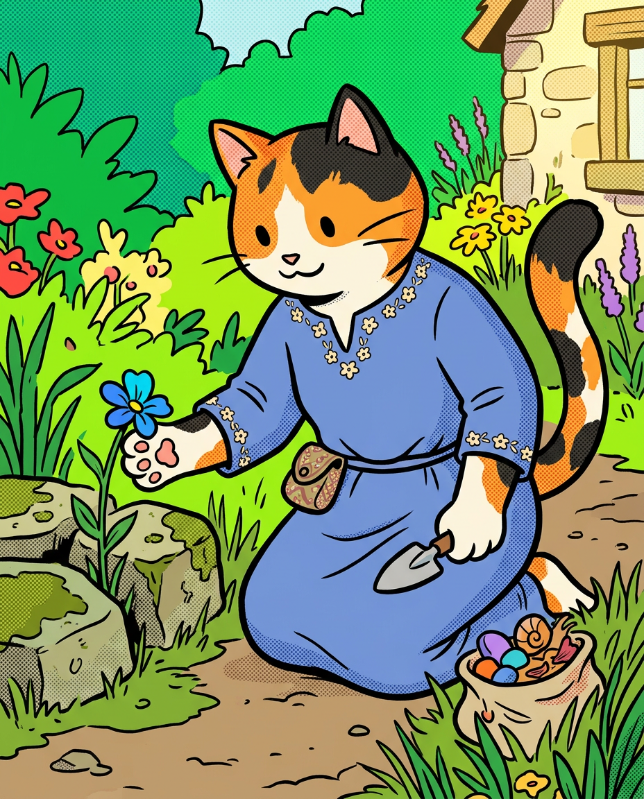 AI Design for � Pippa Sunpatch
Pippa Sunpatch is sunshine in cat form.
Not because she's loud.
Not because she's constantly talking.
But because whenever she's around, things feel a little brighter.
First Impression
Pippa is a calico cat.
Her fur is mostly white, covered in patches of:
🧡 Orange
🖤 Black
🤍 White
The patches are scattered naturally across her body.
When sunlight hits her fur, it almost looks like little pieces of sunlight resting on her coat.
That's where the name Sunpatch comes from.
Face
Pippa has a warm, friendly face.
Her eyes are bright and curious.
Not mischievous like Ashen.
Not focused like Jasper.
Not scholarly like Milo.
Just genuinely interested in the world.
She notices things other people miss.
Clothing
You mentioned blue, and I think blue works perfectly.
Not royal blue.
Not bright blue.
A soft storybook blue.
Something like:
🔵 Cornflower blue
🔵 Sky blue
🔵 Dusty blue
Her outfit could be a simple medieval dress or tunic.
Nothing fancy.
Just comfortable and practical.
Maybe small cream-colored embroidery along the sleeves.
Tiny flower patterns near the edges.
Subtle details.
Accessories
Pippa isn't the type to carry weapons everywhere.
Instead she might carry:
🌼 A flower pouch
🌿 Small gardening tools
📜 Little notes
🍎 Snacks
🐚 Interesting things she finds
Her pockets are always full of random treasures.
Personality
Pippa is kind.
But not in a boring way.
She's the friend who notices when someone feels left out.
The friend who remembers birthdays.
The friend who saves a flower because it looked lonely.
Her Role in the Group
This is important.
Every group needs someone who helps everyone stay connected.
That's Pippa.
When Jasper gets too obsessed with Rowan...
Pippa brings him back to earth.
When Milo disappears into research...
Pippa reminds him to eat.
When Shadow spends twelve hours drawing maps...
Pippa convinces him to take a break.
When Rufus gets discouraged...
Pippa encourages him.
When Ashen gets carried away...
Pippa laughs along with him.
She's the glue.
Pose
In illustrations she's often:
🌼 Holding flowers
🌿 Sitting in gardens
🐦 Feeding birds
📖 Listening to stories
😊 Smiling at friends
Not because she isn't adventurous.
Because she appreciates small beautiful things.
Silhouette
Even in silhouette:
🐱 Cat ears
👗 Simple blue outfit
🌼 Flower in paw
Recognizable immediately.
Storybook Illustration Example
Imagine a chapter illustration.
The group is walking along a forest road.
Jasper is looking ahead.
Shadow is studying a map.
Milo is reading while walking.
Ashen is playing his fiddle.
Rufus is carrying half the supplies.
Meanwhile, Pippa has stopped.
Not because she's tired.
Not because she's distracted.
A tiny wildflower is growing through a crack in a stone beside the road.
She's kneeling beside it.
Just admiring it for a moment.
Then she smiles and catches up with the group.
The Feeling She Gives
If Jasper is the adventure...
If Milo is the knowledge...
If Shadow is the exploration...
If Rufus is the courage...
If Ashen is the joy...
Then Pippa is the warmth.
She's the reason the group feels like friends instead of simply a team.
The kind of character readers remember because she makes the world feel kinder, brighter, and more alive. 🌼🐱💙✨
comic book art style with dot eyes bold black lines minimal shading simple colours baggz oneseie vibrant colours clothinkg middle ages style