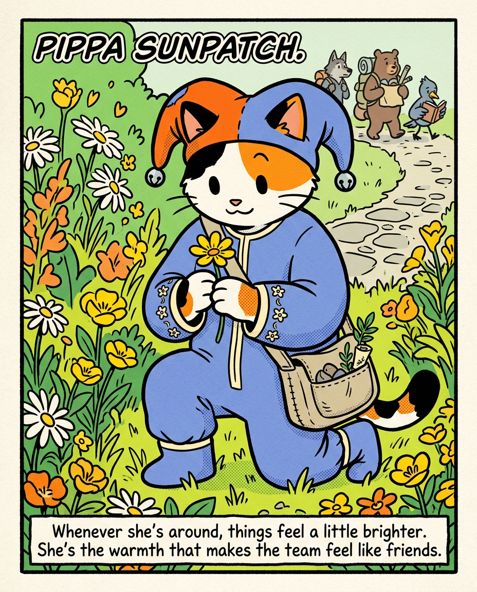 AI Design for � Pippa Sunpatch
Pippa Sunpatch is sunshine in cat form.
Not because she's loud.
Not because she's constantly talking.
But because whenever she's around, things feel a little brighter.
First Impression
Pippa is a calico cat.
Her fur is mostly white, covered in patches of:
🧡 Orange
🖤 Black
🤍 White
The patches are scattered naturally across her body.
When sunlight hits her fur, it almost looks like little pieces of sunlight resting on her coat.
That's where the name Sunpatch comes from.
Face
Pippa has a warm, friendly face.
Her eyes are bright and curious.
Not mischievous like Ashen.
Not focused like Jasper.
Not scholarly like Milo.
Just genuinely interested in the world.
She notices things other people miss.
Clothing
You mentioned blue, and I think blue works perfectly.
Not royal blue.
Not bright blue.
A soft storybook blue.
Something like:
🔵 Cornflower blue
🔵 Sky blue
🔵 Dusty blue
Her outfit could be a simple medieval dress or tunic.
Nothing fancy.
Just comfortable and practical.
Maybe small cream-colored embroidery along the sleeves.
Tiny flower patterns near the edges.
Subtle details.
Accessories
Pippa isn't the type to carry weapons everywhere.
Instead she might carry:
🌼 A flower pouch
🌿 Small gardening tools
📜 Little notes
🍎 Snacks
🐚 Interesting things she finds
Her pockets are always full of random treasures.
Personality
Pippa is kind.
But not in a boring way.
She's the friend who notices when someone feels left out.
The friend who remembers birthdays.
The friend who saves a flower because it looked lonely.
Her Role in the Group
This is important.
Every group needs someone who helps everyone stay connected.
That's Pippa.
When Jasper gets too obsessed with Rowan...
Pippa brings him back to earth.
When Milo disappears into research...
Pippa reminds him to eat.
When Shadow spends twelve hours drawing maps...
Pippa convinces him to take a break.
When Rufus gets discouraged...
Pippa encourages him.
When Ashen gets carried away...
Pippa laughs along with him.
She's the glue.
Pose
In illustrations she's often:
🌼 Holding flowers
🌿 Sitting in gardens
🐦 Feeding birds
📖 Listening to stories
😊 Smiling at friends
Not because she isn't adventurous.
Because she appreciates small beautiful things.
Silhouette
Even in silhouette:
🐱 Cat ears
👗 Simple blue outfit
🌼 Flower in paw
Recognizable immediately.
Storybook Illustration Example
Imagine a chapter illustration.
The group is walking along a forest road.
Jasper is looking ahead.
Shadow is studying a map.
Milo is reading while walking.
Ashen is playing his fiddle.
Rufus is carrying half the supplies.
Meanwhile, Pippa has stopped.
Not because she's tired.
Not because she's distracted.
A tiny wildflower is growing through a crack in a stone beside the road.
She's kneeling beside it.
Just admiring it for a moment.
Then she smiles and catches up with the group.
The Feeling She Gives
If Jasper is the adventure...
If Milo is the knowledge...
If Shadow is the exploration...
If Rufus is the courage...
If Ashen is the joy...
Then Pippa is the warmth.
She's the reason the group feels like friends instead of simply a team.
The kind of character readers remember because she makes the world feel kinder, brighter, and more alive. 🌼🐱💙✨
comic book art style with dot eyes bold black lines minimal shading simple colours jester hat baggz oneseie vibrant colours