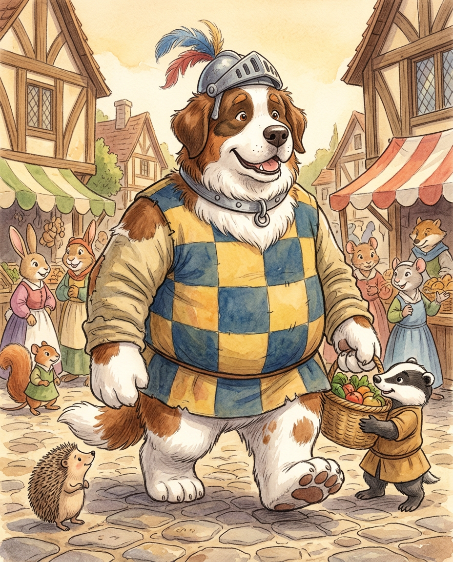 AI Design for # 🐶 Rufus Stonepaw

If Jasper is the dreamer and Milo is the scholar, then **Rufus is the heart of the group**.

The moment somebody sees Rufus, they should smile.

---

## First Impression

Rufus is big.

Very big.

Not scary big.

Comforting big.

The kind of dog who takes up half a bench when he sits down.

He's the tallest member of the friend group and much broader than everyone else.

When he walks, his footsteps feel heavy.

When he laughs, everyone hears it.

When he enters a room, people notice.

---

## Fur

Rufus has mostly white fur.

Across his body are patches of warm brown.

Most notably:

🤎 Around one eye.

🤎 Along parts of his back and shoulders.

🤎 Small patches scattered naturally across his body.

The colors make him look rustic and approachable.

Like a farm dog who somehow became a knight.

---

## Face

His face is friendly.

Very friendly.

Big smile.

Big nose.

Soft eyes.

His eyes aren't sharp or intimidating.

They're warm.

The kind of eyes that say:

> "Don't worry. I'll help."

Even when he has absolutely no idea what's going on.

---

## The Helmet

His most iconic feature.

A knight's helmet.

Silver.

Polished.

Decorated with:

🔵 Blue feathers

🔴 Red feathers

The funny part?

The helmet is too small.

Way too small.

It clearly doesn't fit him properly.

Yet he wears it proudly.

Like the greatest knight in the kingdom.

Everyone recognizes him because of it.

---

## Clothing

Rufus wears a knight-inspired outfit.

Not heavy armor.

More like a colorful medieval tunic.

Pattern:

🟡 Yellow

🔵 Blue

Checkerboard design.

The colors are vibrant without being bright.

They make him stand out immediately.

The outfit is worn and comfortable.

You can tell he's actually lived in it.

---

## The Silver Collar

Around his neck sits a silver collar.

Simple.

Clean.

Almost like a badge of honor.

Not flashy.

Just part of who he is.

---

## Pose

Rufus rarely looks serious.

Most illustrations show him:

😁 Laughing.

🍗 Eating.

🐾 Helping somebody carry something.

🛡 Proudly standing guard.

Or trying very hard to act knightly.

---

## Personality Through Art

The illustrator should communicate:

* Loyalty.
* Courage.
* Kindness.
* Enthusiasm.

Rufus is brave.

But he isn't trying to prove it.

He helps because helping feels right.

---

## Silhouette

Even as a black shadow, you'd instantly recognize him.

🐶 Huge body.

🪖 Tiny helmet.

🛡 Broad shoulders.

The silhouette is unmistakable.

---

## Storybook Illustration Example

Imagine a chapter illustration.

The group is crossing a stream.

Jasper carefully balances on a log.

Milo is checking a map.

Shadow is drawing notes.

Meanwhile Rufus has simply picked up three of his friends at once and is carrying them across.

He's grinning from ear to ear.

His tiny helmet is sliding sideways.

Nobody asked him to do this.

He just thought it would help.

And honestly?

It did.

That single image tells you everything about Rufus Stonepaw:

A giant dog with a tiny helmet, a huge heart, and the unwavering belief that every problem can be solved with courage, friendship, and perhaps a second helping of stew. 🐶🛡️🍲✨
quadropedal big chubbylonge sleeves