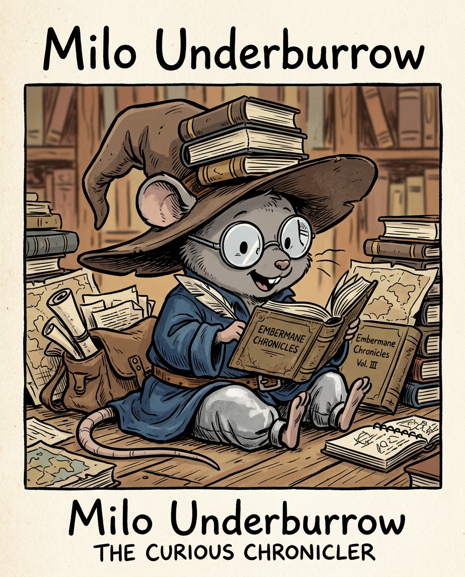 AI Design for Sure! Based on everything you've described so far, this is how I imagine **Milo Underburrow** in the *Embermane Chronicles* storybook art style.

---

# 🐭 Milo Underburrow

Milo is a small mouse, noticeably shorter than almost everyone else in the group.

At first glance, he looks like somebody who accidentally wandered out of a library and into an adventure.

---

## Face

Milo has a soft, friendly face.

His eyes are simple storybook eyes:

⚫ Small black dots or tiny ovals.

Not realistic.

Not anime.

Very expressive despite their simplicity.

His nose is small and dark.

His whiskers stick out in every direction, making him look a little untidy.

Like he forgot to comb them because he was busy reading.

---

## Glasses

One of his most recognizable features.

Large round spectacles.

Slightly oversized for his face.

They constantly slide down his nose.

Sometimes he pushes them back up while talking.

The glasses make him look:

* Curious
* Intelligent
* Slightly goofy

---

## Hat

His hat is enormous.

Almost comically large.

A floppy traveler's hat.

The brim droops slightly.

It casts a shadow over his face.

The hat always looks a little too big for him.

That's part of the charm.

---

## Clothing

Milo wears very baggy clothing.

Loose sleeves.

Oversized coat.

Big pockets everywhere.

The clothes almost look inherited from somebody twice his size.

Colors:

🔵 Deep blue

⚪ Silver-gray details

🟤 Brown belt

Nothing flashy.

Practical.

Comfortable.

A mouse who expects to spend all day reading.

---

## Accessories

Books.

Always books.

Not one book.

Several.

He often carries:

📚 A satchel full of notes

📚 Scrolls sticking out of pockets

📚 Little notebooks

📚 Folded maps

Sometimes papers fall out while he walks.

---

## Pose

When illustrated, Milo rarely stands still.

He's usually:

📖 Reading

📝 Writing notes

🔍 Examining something interesting

🤔 Thinking

Or excitedly explaining something nobody asked about.

---

## Personality Through Art

The illustrator should make him look:

* Enthusiastic
* Intelligent
* Curious
* Slightly chaotic

Not a serious scholar.

Not a boring professor.

More like:

> A mouse who got distracted researching one thing and accidentally discovered twelve more things.

---

## Silhouette

This is important.

Even completely blacked out, you'd recognize him instantly:

🎩 Huge floppy hat

👓 Round glasses

📚 Stack of books

🧥 Oversized coat

🐭 Small body

That silhouette becomes uniquely Milo.

---

## Storybook Illustration Example

Imagine a chapter illustration.

Milo is sitting cross-legged on a library floor.

Books are piled around him.

One book is open.

Another is balanced on his knee.

A third is somehow resting on top of his hat.

His glasses have slipped down his nose.

His tail curls around a stack of papers.

Meanwhile he's grinning because he's just discovered a fascinating fact about Rowan Embermane.

That single image tells you exactly who Milo is.

Not a warrior.

Not a king.

Not a hero in the traditional sense.

Just a wonderfully curious little mouse who loves learning almost as much as Jasper loves adventuring. 🐭📚✨
 gray rat cartoonz bold lines minimal shadind comic book INSpO not copzing