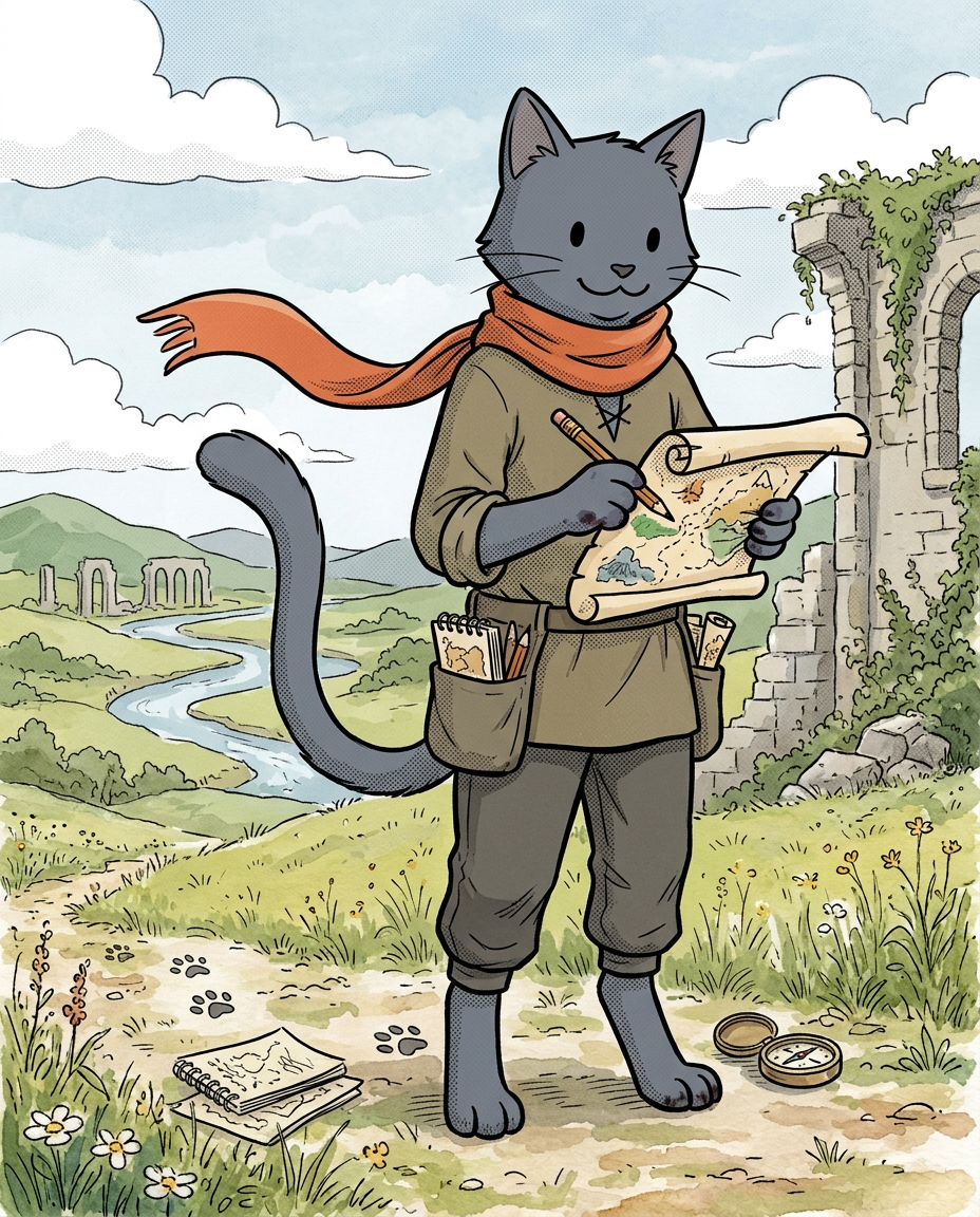 AI Design for � Shadow Nightwhisker
Shadow is probably the most misunderstood member of the group.
People see him sitting quietly with a notebook and assume he's serious.
They see him drawing maps and assume he's mysterious.
They see him standing apart from the others and assume he's lonely.
The truth?
Shadow is one of the happiest cats in the entire group.
He's just usually busy.
First Impression
Shadow is tall.
Very tall.
Not broad like Rufus.
Tall and lean.
His long legs and long tail make him seem older than he actually is.
When the group stands together, Shadow is often the highest head in the crowd.
Fur
Shadow has dark gray fur.
Not black.
Not gloomy.
A soft charcoal gray.
His fur is smooth and tidy because he's always traveling and hates getting dirt on his maps.
Face
His face is gentle.
He smiles often.
Not huge grins like Rufus.
More little smiles.
The kind you see when somebody is enjoying themselves.
His eyes are simple storybook eyes.
Expressive and warm.
When he discovers a new route or finishes a map, his entire face lights up.
The Scarf
His most recognizable feature.
A simple scarf.
Orange-red.
Wrapped around his neck.
The color contrasts beautifully against his gray fur.
It immediately draws attention to him.
When he runs through the countryside, the scarf trails behind him like a banner.
Clothing
Unlike some of the others, Shadow dresses very simply.
No armor.
No giant hat.
No flashy decorations.
Just practical travel clothes.
Neutral colors.
Comfortable fabrics.
Lots of pockets.
Because every pocket is filled with:
🗺️ Notes
🖊️ Pencils
📜 Map fragments
🌿 Interesting things he found
The Cartographer
This is Shadow's role.
He knows roads.
He knows trails.
He knows shortcuts.
He knows forgotten paths.
He knows where streams cross roads and where old bridges stand.
If somebody says:
"Has anyone been here before?"
Shadow probably has.
And if he hasn't?
He's excited to be the first.
Personality Through Art
The biggest mistake would be drawing him as edgy.
He isn't edgy.
He isn't brooding.
He isn't constantly standing in shadows.
He's cheerful.
Curious.
Energetic.
The reason he seems quiet is because he's usually concentrating on a map.
Pose
When illustrated, Shadow is often:
🗺️ Drawing maps
📍 Pointing at a route
✏️ Sketching landmarks
🏃 Exploring ahead
Or excitedly showing the group something he found.
Silhouette
Even in silhouette you'd recognize him.
🐱 Tall frame
🧣 Long scarf
🗺️ Rolled maps
📖 Notebook
Simple.
Clean.
Distinct.
Storybook Illustration Example
Imagine a chapter illustration.
The group has stopped on a hill.
Jasper is looking at the horizon.
Milo is reading.
Rufus is eating lunch.
Ashen is playing his fiddle.
Pippa is collecting flowers.
Meanwhile Shadow is lying flat on his stomach in the grass.
His scarf is spread out behind him.
A notebook is open in front of him.
He's carefully drawing the shape of a distant river.
And he's smiling the entire time.
Not because somebody told him to.
Not because it's important.
Just because he genuinely loves maps.
That's Shadow Nightwhisker:
A tall gray cat with an orange scarf, ink-stained paws, and the happiest cartographer in the kingdom. 🗺️🧣🐱✨ comic book art stzle dot eyes bold black lines alone in the image happyli drawing on map not watercolor more like simple colors with minimal shading