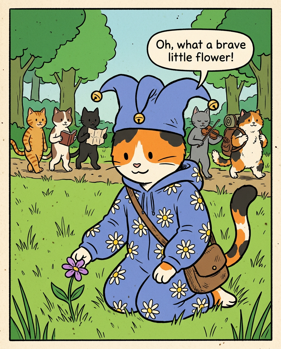 AI Design for � Pippa Sunpatch
Pippa Sunpatch is sunshine in cat form.
Not because she's loud.
Not because she's constantly talking.
But because whenever she's around, things feel a little brighter.
First Impression
Pippa is a calico cat.
Her fur is mostly white, covered in patches of:
🧡 Orange
🖤 Black
🤍 White
The patches are scattered naturally across her body.
When sunlight hits her fur, it almost looks like little pieces of sunlight resting on her coat.
That's where the name Sunpatch comes from.
Face
Pippa has a warm, friendly face.
Her eyes are bright and curious.
Not mischievous like Ashen.
Not focused like Jasper.
Not scholarly like Milo.
Just genuinely interested in the world.
She notices things other people miss.
Clothing
You mentioned blue, and I think blue works perfectly.
Not royal blue.
Not bright blue.
A soft storybook blue.
Something like:
🔵 Cornflower blue
🔵 Sky blue
🔵 Dusty blue
Her outfit could be a simple medieval dress or tunic.
Nothing fancy.
Just comfortable and practical.
Maybe small cream-colored embroidery along the sleeves.
Tiny flower patterns near the edges.
Subtle details.
Accessories
Pippa isn't the type to carry weapons everywhere.
Instead she might carry:
🌼 A flower pouch
🌿 Small gardening tools
📜 Little notes
🍎 Snacks
🐚 Interesting things she finds
Her pockets are always full of random treasures.
Personality
Pippa is kind.
But not in a boring way.
She's the friend who notices when someone feels left out.
The friend who remembers birthdays.
The friend who saves a flower because it looked lonely.
Her Role in the Group
This is important.
Every group needs someone who helps everyone stay connected.
That's Pippa.
When Jasper gets too obsessed with Rowan...
Pippa brings him back to earth.
When Milo disappears into research...
Pippa reminds him to eat.
When Shadow spends twelve hours drawing maps...
Pippa convinces him to take a break.
When Rufus gets discouraged...
Pippa encourages him.
When Ashen gets carried away...
Pippa laughs along with him.
She's the glue.
Pose
In illustrations she's often:
🌼 Holding flowers
🌿 Sitting in gardens
🐦 Feeding birds
📖 Listening to stories
😊 Smiling at friends
Not because she isn't adventurous.
Because she appreciates small beautiful things.
Silhouette
Even in silhouette:
🐱 Cat ears
👗 Simple blue outfit
🌼 Flower in paw
Recognizable immediately.
Storybook Illustration Example
Imagine a chapter illustration.
The group is walking along a forest road.
Jasper is looking ahead.
Shadow is studying a map.
Milo is reading while walking.
Ashen is playing his fiddle.
Rufus is carrying half the supplies.
Meanwhile, Pippa has stopped.
Not because she's tired.
Not because she's distracted.
A tiny wildflower is growing through a crack in a stone beside the road.
She's kneeling beside it.
Just admiring it for a moment.
Then she smiles and catches up with the group.
The Feeling She Gives
If Jasper is the adventure...
If Milo is the knowledge...
If Shadow is the exploration...
If Rufus is the courage...
If Ashen is the joy...
Then Pippa is the warmth.
She's the reason the group feels like friends instead of simply a team.
The kind of character readers remember because she makes the world feel kinder, brighter, and more alive. 🌼🐱💙✨
comic book art style with dot eyes bold black lines minimal shading simple colours jester hat baggz oneseie vibrant colours