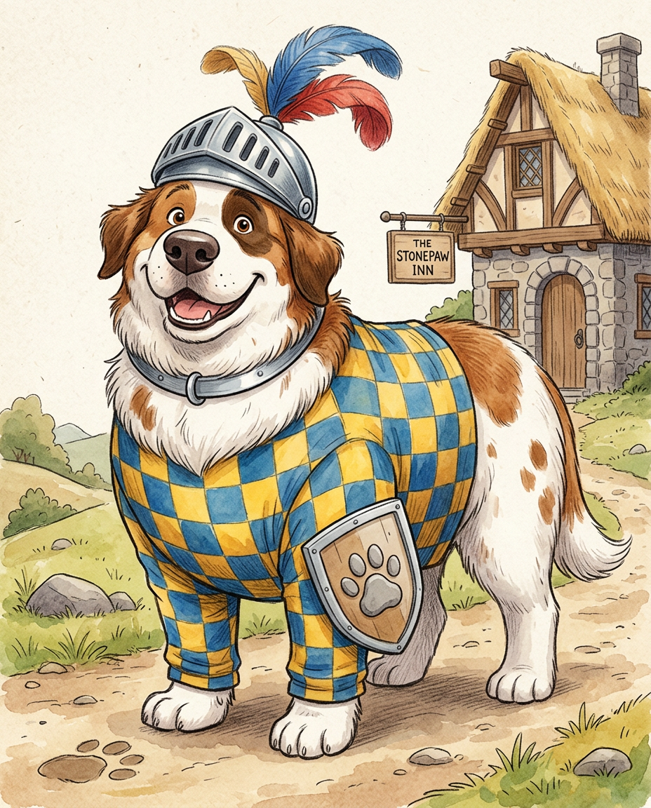 AI Design for # 🐶 Rufus Stonepaw

If Jasper is the dreamer and Milo is the scholar, then **Rufus is the heart of the group**.

The moment somebody sees Rufus, they should smile.

---

## First Impression

Rufus is big.

Very big.

Not scary big.

Comforting big.

The kind of dog who takes up half a bench when he sits down.

He's the tallest member of the friend group and much broader than everyone else.

When he walks, his footsteps feel heavy.

When he laughs, everyone hears it.

When he enters a room, people notice.

---

## Fur

Rufus has mostly white fur.

Across his body are patches of warm brown.

Most notably:

🤎 Around one eye.

🤎 Along parts of his back and shoulders.

🤎 Small patches scattered naturally across his body.

The colors make him look rustic and approachable.

Like a farm dog who somehow became a knight.

---

## Face

His face is friendly.

Very friendly.

Big smile.

Big nose.

Soft eyes.

His eyes aren't sharp or intimidating.

They're warm.

The kind of eyes that say:

> "Don't worry. I'll help."

Even when he has absolutely no idea what's going on.

---

## The Helmet

His most iconic feature.

A knight's helmet.

Silver.

Polished.

Decorated with:

🔵 Blue feathers

🔴 Red feathers

The funny part?

The helmet is too small.

Way too small.

It clearly doesn't fit him properly.

Yet he wears it proudly.

Like the greatest knight in the kingdom.

Everyone recognizes him because of it.

---

## Clothing

Rufus wears a knight-inspired outfit.

Not heavy armor.

More like a colorful medieval tunic.

Pattern:

🟡 Yellow

🔵 Blue

Checkerboard design.

The colors are vibrant without being bright.

They make him stand out immediately.

The outfit is worn and comfortable.

You can tell he's actually lived in it.

---

## The Silver Collar

Around his neck sits a silver collar.

Simple.

Clean.

Almost like a badge of honor.

Not flashy.

Just part of who he is.

---

## Pose

Rufus rarely looks serious.

Most illustrations show him:

😁 Laughing.

🍗 Eating.

🐾 Helping somebody carry something.

🛡 Proudly standing guard.

Or trying very hard to act knightly.

---

## Personality Through Art

The illustrator should communicate:

* Loyalty.
* Courage.
* Kindness.
* Enthusiasm.

Rufus is brave.

But he isn't trying to prove it.

He helps because helping feels right.

---

## Silhouette

Even as a black shadow, you'd instantly recognize him.

🐶 Huge body.

🪖 Tiny helmet.

🛡 Broad shoulders.

The silhouette is unmistakable.

---

## Storybook Illustration Example

Imagine a chapter illustration.

The group is crossing a stream.

Jasper carefully balances on a log.

Milo is checking a map.

Shadow is drawing notes.

Meanwhile Rufus has simply picked up three of his friends at once and is carrying them across.

He's grinning from ear to ear.

His tiny helmet is sliding sideways.

Nobody asked him to do this.

He just thought it would help.

And honestly?

It did.

That single image tells you everything about Rufus Stonepaw:

A giant dog with a tiny helmet, a huge heart, and the unwavering belief that every problem can be solved with courage, friendship, and perhaps a second helping of stew. 🐶🛡️🍲✨
quadropedal big chubbylonge sleeves