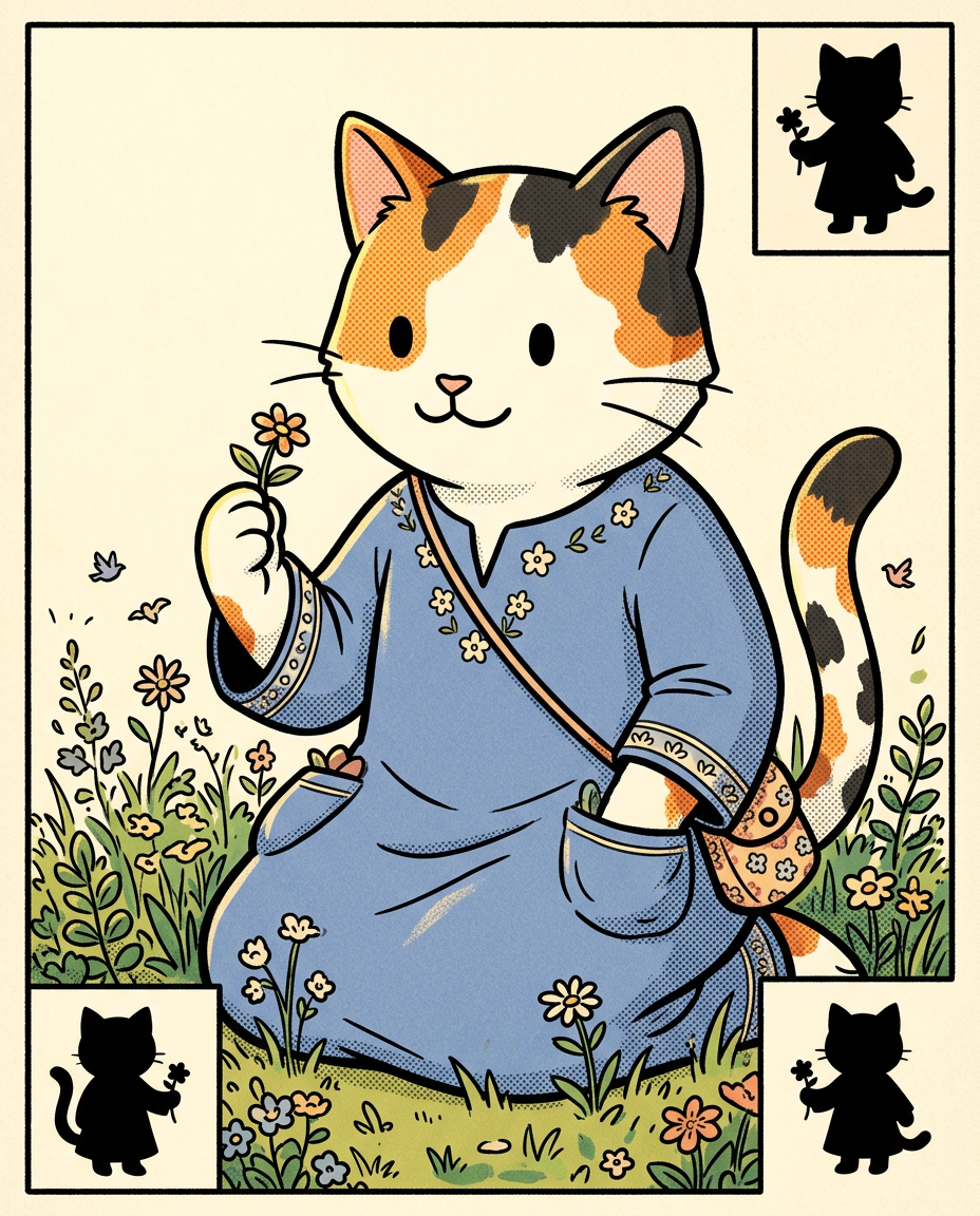AI Design for � Pippa Sunpatch
Pippa Sunpatch is sunshine in cat form.
Not because she's loud.
Not because she's constantly talking.
But because whenever she's around, things feel a little brighter.
First Impression
Pippa is a calico cat.
Her fur is mostly white, covered in patches of:
🧡 Orange
🖤 Black
🤍 White
The patches are scattered naturally across her body.
When sunlight hits her fur, it almost looks like little pieces of sunlight resting on her coat.
That's where the name Sunpatch comes from.
Face
Pippa has a warm, friendly face.
Her eyes are bright and curious.
Not mischievous like Ashen.
Not focused like Jasper.
Not scholarly like Milo.
Just genuinely interested in the world.
She notices things other people miss.
Clothing
You mentioned blue, and I think blue works perfectly.
Not royal blue.
Not bright blue.
A soft storybook blue.
Something like:
🔵 Cornflower blue
🔵 Sky blue
🔵 Dusty blue
Her outfit could be a simple medieval dress or tunic.
Nothing fancy.
Just comfortable and practical.
Maybe small cream-colored embroidery along the sleeves.
Tiny flower patterns near the edges.
Subtle details.
Accessories
Pippa isn't the type to carry weapons everywhere.
Instead she might carry:
🌼 A flower pouch
🌿 Small gardening tools
📜 Little notes
🍎 Snacks
🐚 Interesting things she finds
Her pockets are always full of random treasures.
Personality
Pippa is kind.
But not in a boring way.
She's the friend who notices when someone feels left out.
The friend who remembers birthdays.
The friend who saves a flower because it looked lonely.
Her Role in the Group
This is important.
Every group needs someone who helps everyone stay connected.
That's Pippa.
When Jasper gets too obsessed with Rowan...
Pippa brings him back to earth.
When Milo disappears into research...
Pippa reminds him to eat.
When Shadow spends twelve hours drawing maps...
Pippa convinces him to take a break.
When Rufus gets discouraged...
Pippa encourages him.
When Ashen gets carried away...
Pippa laughs along with him.
She's the glue.
Pose
In illustrations she's often:
🌼 Holding flowers
🌿 Sitting in gardens
🐦 Feeding birds
📖 Listening to stories
😊 Smiling at friends
Not because she isn't adventurous.
Because she appreciates small beautiful things.
Silhouette
Even in silhouette:
🐱 Cat ears
👗 Simple blue outfit
🌼 Flower in paw
Recognizable immediately.
Storybook Illustration Example
Imagine a chapter illustration.
The group is walking along a forest road.
Jasper is looking ahead.
Shadow is studying a map.
Milo is reading while walking.
Ashen is playing his fiddle.
Rufus is carrying half the supplies.
Meanwhile, Pippa has stopped.
Not because she's tired.
Not because she's distracted.
A tiny wildflower is growing through a crack in a stone beside the road.
She's kneeling beside it.
Just admiring it for a moment.
Then she smiles and catches up with the group.
The Feeling She Gives
If Jasper is the adventure...
If Milo is the knowledge...
If Shadow is the exploration...
If Rufus is the courage...
If Ashen is the joy...
Then Pippa is the warmth.
She's the reason the group feels like friends instead of simply a team.
The kind of character readers remember because she makes the world feel kinder, brighter, and more alive. 🌼🐱💙✨
comic book art style with dot eyes bold black lines minimal shading simple colours baggz oneseie vibrant colours