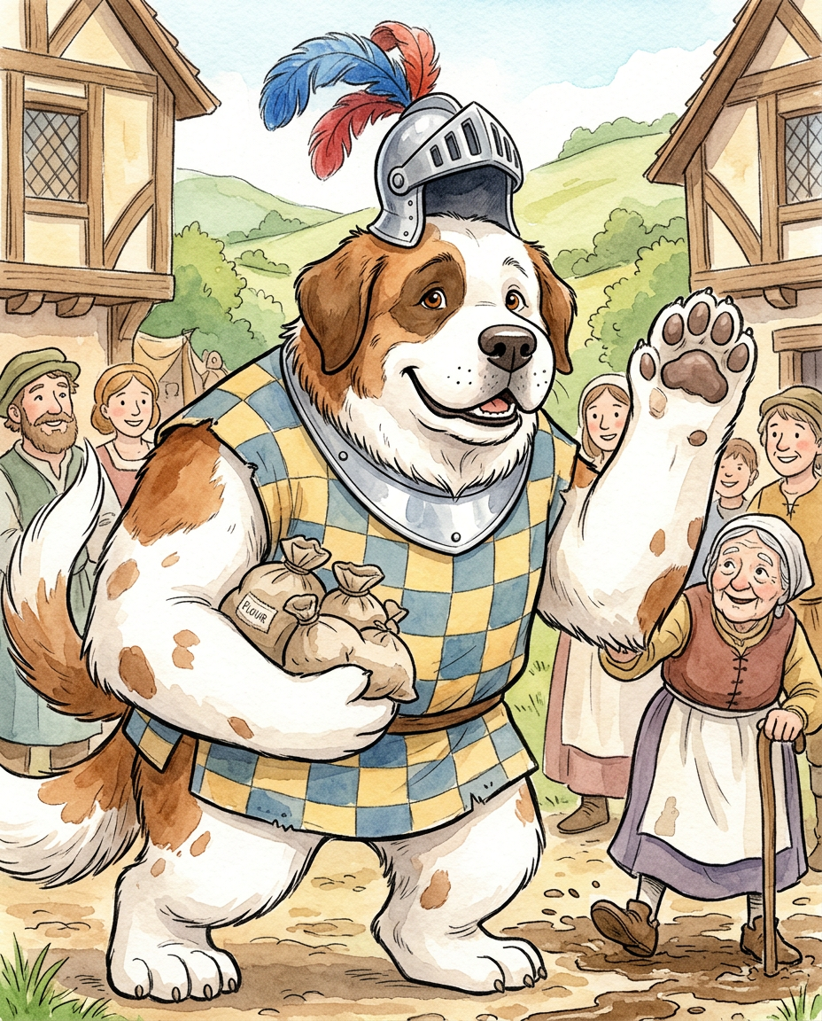 AI Design for # 🐶 Rufus Stonepaw

If Jasper is the dreamer and Milo is the scholar, then **Rufus is the heart of the group**.

The moment somebody sees Rufus, they should smile.

---

## First Impression

Rufus is big.

Very big.

Not scary big.

Comforting big.

The kind of dog who takes up half a bench when he sits down.

He's the tallest member of the friend group and much broader than everyone else.

When he walks, his footsteps feel heavy.

When he laughs, everyone hears it.

When he enters a room, people notice.

---

## Fur

Rufus has mostly white fur.

Across his body are patches of warm brown.

Most notably:

🤎 Around one eye.

🤎 Along parts of his back and shoulders.

🤎 Small patches scattered naturally across his body.

The colors make him look rustic and approachable.

Like a farm dog who somehow became a knight.

---

## Face

His face is friendly.

Very friendly.

Big smile.

Big nose.

Soft eyes.

His eyes aren't sharp or intimidating.

They're warm.

The kind of eyes that say:

> "Don't worry. I'll help."

Even when he has absolutely no idea what's going on.

---

## The Helmet

His most iconic feature.

A knight's helmet.

Silver.

Polished.

Decorated with:

🔵 Blue feathers

🔴 Red feathers

The funny part?

The helmet is too small.

Way too small.

It clearly doesn't fit him properly.

Yet he wears it proudly.

Like the greatest knight in the kingdom.

Everyone recognizes him because of it.

---

## Clothing

Rufus wears a knight-inspired outfit.

Not heavy armor.

More like a colorful medieval tunic.

Pattern:

🟡 Yellow

🔵 Blue

Checkerboard design.

The colors are vibrant without being bright.

They make him stand out immediately.

The outfit is worn and comfortable.

You can tell he's actually lived in it.

---

## The Silver Collar

Around his neck sits a silver collar.

Simple.

Clean.

Almost like a badge of honor.

Not flashy.

Just part of who he is.

---

## Pose

Rufus rarely looks serious.

Most illustrations show him:

😁 Laughing.

🍗 Eating.

🐾 Helping somebody carry something.

🛡 Proudly standing guard.

Or trying very hard to act knightly.

---

## Personality Through Art

The illustrator should communicate:

* Loyalty.
* Courage.
* Kindness.
* Enthusiasm.

Rufus is brave.

But he isn't trying to prove it.

He helps because helping feels right.

---

## Silhouette

Even as a black shadow, you'd instantly recognize him.

🐶 Huge body.

🪖 Tiny helmet.

🛡 Broad shoulders.

The silhouette is unmistakable.

---

## Storybook Illustration Example

Imagine a chapter illustration.

The group is crossing a stream.

Jasper carefully balances on a log.

Milo is checking a map.

Shadow is drawing notes.

Meanwhile Rufus has simply picked up three of his friends at once and is carrying them across.

He's grinning from ear to ear.

His tiny helmet is sliding sideways.

Nobody asked him to do this.

He just thought it would help.

And honestly?

It did.

That single image tells you everything about Rufus Stonepaw:

A giant dog with a tiny helmet, a huge heart, and the unwavering belief that every problem can be solved with courage, friendship, and perhaps a second helping of stew. 🐶🛡️🍲✨