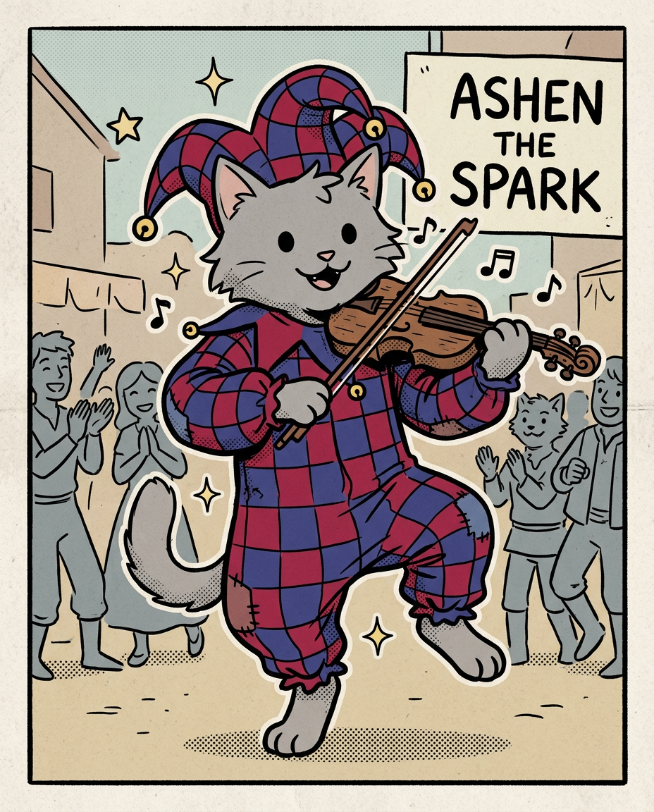 AI Design for # � Ashen Greybrook
If Jasper is the hero, Milo is the scholar, Shadow is the explorer, and Rufus is the knight...
**Ashen is the spark.**
He's the friend who makes every scene more fun the moment he walks into it.
---
## First Impression
Ashen is a medium-sized gray cat.
Not as tall as Shadow.
Not as large as Rufus.
Not as small as Milo.
He sits right in the middle.
But somehow he always stands out.
---
## Fur
Soft ash-gray fur.
Lighter than Shadow's.
His fur has a slightly messy look to it.
Not dirty.
Just the kind of fur that never stays perfectly neat.
Especially after running around all day.
---
## Face
Ashen always looks like he's about to say something.
Or do something.
Or accidentally cause something.
His eyes are bright and lively.
His smile comes easily.
Sometimes a little mischievous.
Sometimes completely innocent.
Usually both.
---
## Clothing
One of the most recognizable outfits in the group.
A loose, comfortable outfit made of:
🔴 Deep red
🔵 Deep blue
In a checkered pattern.
Not royal.
Not flashy.
Just colorful enough to make him instantly recognizable.
The clothes are slightly oversized.
They move when he runs.
They sway when he dances.
And they make him look like he belongs at a festival.
---
## The Fiddle
His signature item.
🎻 A fiddle carried almost everywhere.
Not because somebody told him to.
Because he genuinely loves music.
Whenever there's silence...
Ashen fills it.
---
## Personality
Ashen is cheerful.
Very cheerful.
He's the sort of person who can turn a boring walk into an adventure.
A rainy afternoon into a game.
A quiet dinner into a celebration.
He's not reckless.
He's just enthusiastic.
---
## His Role in the Group
People often think every fantasy group needs:
* A hero
* A fighter
* A scholar
But Ashen fills a different role.
He keeps everyone's spirits high.
When things get tense...
Ashen tells a joke.
When people argue...
Ashen changes the subject.
When the road feels long...
Ashen starts playing music.
---
## Pose
In illustrations he's often:
🎻 Playing his fiddle
🕺 Dancing
😄 Laughing
🎶 Teaching someone a song
Or doing something slightly ridiculous.
---
## Silhouette
Even in black silhouette you'd know it's him.
🐱 Cat ears
🎻 Fiddle
🧥 Loose checkered outfit
Energetic pose
Instantly recognizable.
---
## Storybook Illustration Example
Imagine a chapter illustration.
The group has stopped at a village fair.
Milo is examining books.
Shadow is studying a town map.
Jasper is trying an archery game.
Pippa is looking at flowers.
Rufus is carrying too much food.
And right in the middle of the square...
Ashen is standing on a barrel.
Playing his fiddle.
A crowd of children is dancing.
A few adults are clapping.
Even Rufus is trying to dance.
The whole scene feels alive because Ashen is there.
---
## The Feeling He Gives
Ashen isn't the strongest.
He isn't the smartest.
He isn't the leader.
But if he disappeared for a day, everyone would notice.
Because he's the one who brings laughter, music, and energy wherever he goes.
He's the friend who reminds everyone that adventures aren't just about reaching the destination.
They're about having fun along the way. 🎻🐱✨🌟comic book art style with dot eyes bold black lines minimal shading simple colours jester hat baggz oneseie vibrant colours