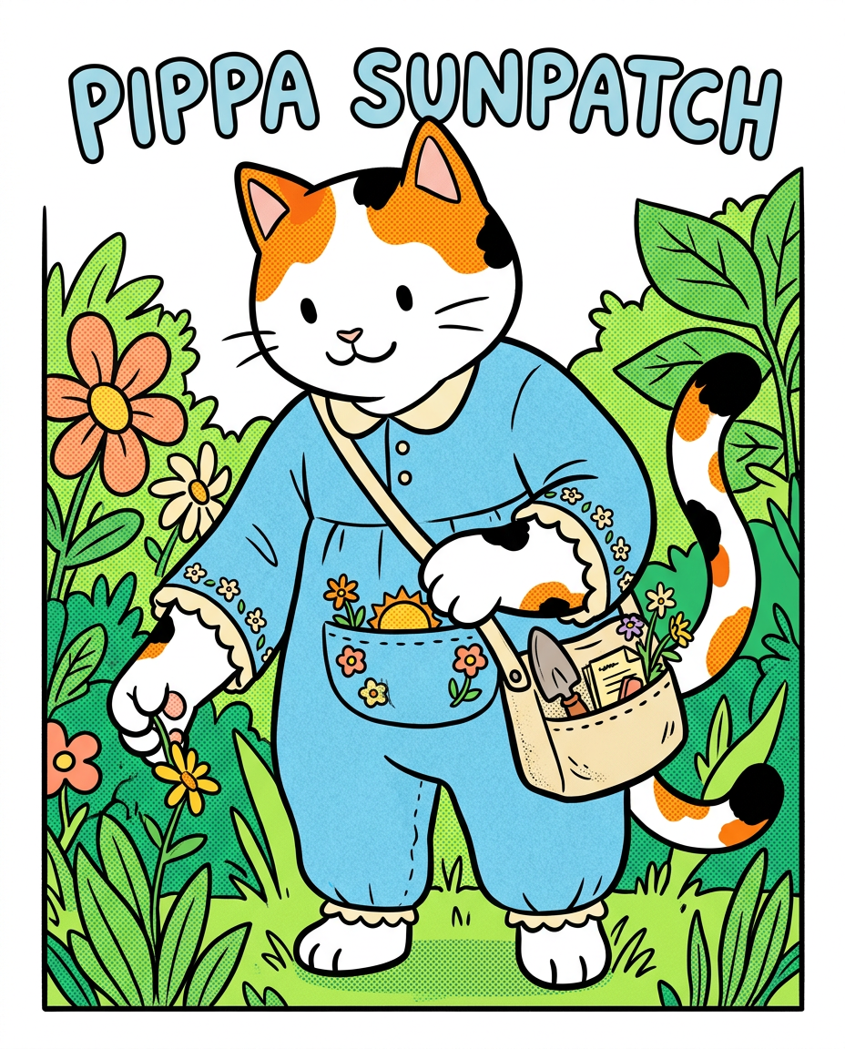 AI Design for � Pippa Sunpatch
Pippa Sunpatch is sunshine in cat form.
Not because she's loud.
Not because she's constantly talking.
But because whenever she's around, things feel a little brighter.
First Impression
Pippa is a calico cat.
Her fur is mostly white, covered in patches of:
🧡 Orange
🖤 Black
🤍 White
The patches are scattered naturally across her body.
When sunlight hits her fur, it almost looks like little pieces of sunlight resting on her coat.
That's where the name Sunpatch comes from.
Face
Pippa has a warm, friendly face.
Her eyes are bright and curious.
Not mischievous like Ashen.
Not focused like Jasper.
Not scholarly like Milo.
Just genuinely interested in the world.
She notices things other people miss.
Clothing
You mentioned blue, and I think blue works perfectly.
Not royal blue.
Not bright blue.
A soft storybook blue.
Something like:
🔵 Cornflower blue
🔵 Sky blue
🔵 Dusty blue
Her outfit could be a simple medieval dress or tunic.
Nothing fancy.
Just comfortable and practical.
Maybe small cream-colored embroidery along the sleeves.
Tiny flower patterns near the edges.
Subtle details.
Accessories
Pippa isn't the type to carry weapons everywhere.
Instead she might carry:
🌼 A flower pouch
🌿 Small gardening tools
📜 Little notes
🍎 Snacks
🐚 Interesting things she finds
Her pockets are always full of random treasures.
Personality
Pippa is kind.
But not in a boring way.
She's the friend who notices when someone feels left out.
The friend who remembers birthdays.
The friend who saves a flower because it looked lonely.
Her Role in the Group
This is important.
Every group needs someone who helps everyone stay connected.
That's Pippa.
When Jasper gets too obsessed with Rowan...
Pippa brings him back to earth.
When Milo disappears into research...
Pippa reminds him to eat.
When Shadow spends twelve hours drawing maps...
Pippa convinces him to take a break.
When Rufus gets discouraged...
Pippa encourages him.
When Ashen gets carried away...
Pippa laughs along with him.
She's the glue.
Pose
In illustrations she's often:
🌼 Holding flowers
🌿 Sitting in gardens
🐦 Feeding birds
📖 Listening to stories
😊 Smiling at friends
Not because she isn't adventurous.
Because she appreciates small beautiful things.
Silhouette
Even in silhouette:
🐱 Cat ears
👗 Simple blue outfit
🌼 Flower in paw
Recognizable immediately.
Storybook Illustration Example
Imagine a chapter illustration.
The group is walking along a forest road.
Jasper is looking ahead.
Shadow is studying a map.
Milo is reading while walking.
Ashen is playing his fiddle.
Rufus is carrying half the supplies.
Meanwhile, Pippa has stopped.
Not because she's tired.
Not because she's distracted.
A tiny wildflower is growing through a crack in a stone beside the road.
She's kneeling beside it.
Just admiring it for a moment.
Then she smiles and catches up with the group.
The Feeling She Gives
If Jasper is the adventure...
If Milo is the knowledge...
If Shadow is the exploration...
If Rufus is the courage...
If Ashen is the joy...
Then Pippa is the warmth.
She's the reason the group feels like friends instead of simply a team.
The kind of character readers remember because she makes the world feel kinder, brighter, and more alive. 🌼🐱💙✨
comic book art style with dot eyes bold black lines minimal shading simple colours baggz oneseie vibrant colours