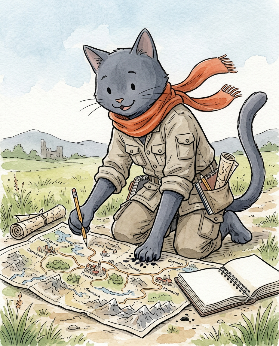 AI Design for � Shadow Nightwhisker

Shadow is probably the most misunderstood member of the group.

People see him sitting quietly with a notebook and assume he's serious.

They see him drawing maps and assume he's mysterious.

They see him standing apart from the others and assume he's lonely.

The truth?

Shadow is one of the happiest cats in the entire group.

He's just usually busy.

First Impression

Shadow is tall.

Very tall.

Not broad like Rufus.

Tall and lean.

His long legs and long tail make him seem older than he actually is.

When the group stands together, Shadow is often the highest head in the crowd.

Fur

Shadow has dark gray fur.

Not black.

Not gloomy.

A soft charcoal gray.

His fur is smooth and tidy because he's always traveling and hates getting dirt on his maps.

Face

His face is gentle.

He smiles often.

Not huge grins like Rufus.

More little smiles.

The kind you see when somebody is enjoying themselves.

His eyes are simple storybook eyes.

Expressive and warm.

When he discovers a new route or finishes a map, his entire face lights up.

The Scarf

His most recognizable feature.

A simple scarf.

Orange-red.

Wrapped around his neck.

The color contrasts beautifully against his gray fur.

It immediately draws attention to him.

When he runs through the countryside, the scarf trails behind him like a banner.

Clothing

Unlike some of the others, Shadow dresses very simply.

No armor.

No giant hat.

No flashy decorations.

Just practical travel clothes.

Neutral colors.

Comfortable fabrics.

Lots of pockets.

Because every pocket is filled with:

🗺️ Notes

🖊️ Pencils

📜 Map fragments

🌿 Interesting things he found

The Cartographer

This is Shadow's role.

He knows roads.

He knows trails.

He knows shortcuts.

He knows forgotten paths.

He knows where streams cross roads and where old bridges stand.

If somebody says:

"Has anyone been here before?"

Shadow probably has.

And if he hasn't?

He's excited to be the first.

Personality Through Art

The biggest mistake would be drawing him as edgy.

He isn't edgy.

He isn't brooding.

He isn't constantly standing in shadows.

He's cheerful.

Curious.

Energetic.

The reason he seems quiet is because he's usually concentrating on a map.

Pose

When illustrated, Shadow is often:

🗺️ Drawing maps

📍 Pointing at a route

✏️ Sketching landmarks

🏃 Exploring ahead

Or excitedly showing the group something he found.

Silhouette

Even in silhouette you'd recognize him.

🐱 Tall frame

🧣 Long scarf

🗺️ Rolled maps

📖 Notebook

Simple.

Clean.

Distinct.

Storybook Illustration Example

Imagine a chapter illustration.

The group has stopped on a hill.

Jasper is looking at the horizon.

Milo is reading.

Rufus is eating lunch.

Ashen is playing his fiddle.

Pippa is collecting flowers.

Meanwhile Shadow is lying flat on his stomach in the grass.

His scarf is spread out behind him.

A notebook is open in front of him.

He's carefully drawing the shape of a distant river.

And he's smiling the entire time.

Not because somebody told him to.

Not because it's important.

Just because he genuinely loves maps.

That's Shadow Nightwhisker:

A tall gray cat with an orange scarf, ink-stained paws, and the happiest cartographer in the kingdom. 🗺️🧣🐱✨ comic book art stzle dot eyes bold black lines alone in the image happyli drawing on map