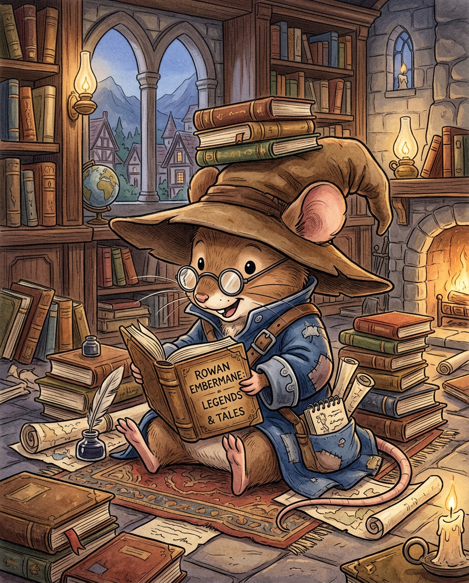AI Design for Sure! Based on everything you've described so far, this is how I imagine **Milo Underburrow** in the *Embermane Chronicles* storybook art style.
---
# 🐭 Milo Underburrow
Milo is a small mouse, noticeably shorter than almost everyone else in the group.
At first glance, he looks like somebody who accidentally wandered out of a library and into an adventure.
---
## Face
Milo has a soft, friendly face.
His eyes are simple storybook eyes:
⚫ Small black dots or tiny ovals.
Not realistic.
Not anime.
Very expressive despite their simplicity.
His nose is small and dark.
His whiskers stick out in every direction, making him look a little untidy.
Like he forgot to comb them because he was busy reading.
---
## Glasses
One of his most recognizable features.
Large round spectacles.
Slightly oversized for his face.
They constantly slide down his nose.
Sometimes he pushes them back up while talking.
The glasses make him look:
* Curious
* Intelligent
* Slightly goofy
---
## Hat
His hat is enormous.
Almost comically large.
A floppy traveler's hat.
The brim droops slightly.
It casts a shadow over his face.
The hat always looks a little too big for him.
That's part of the charm.
---
## Clothing
Milo wears very baggy clothing.
Loose sleeves.
Oversized coat.
Big pockets everywhere.
The clothes almost look inherited from somebody twice his size.
Colors:
🔵 Deep blue
⚪ Silver-gray details
🟤 Brown belt
Nothing flashy.
Practical.
Comfortable.
A mouse who expects to spend all day reading.
---
## Accessories
Books.
Always books.
Not one book.
Several.
He often carries:
📚 A satchel full of notes
📚 Scrolls sticking out of pockets
📚 Little notebooks
📚 Folded maps
Sometimes papers fall out while he walks.
---
## Pose
When illustrated, Milo rarely stands still.
He's usually:
📖 Reading
📝 Writing notes
🔍 Examining something interesting
🤔 Thinking
Or excitedly explaining something nobody asked about.
---
## Personality Through Art
The illustrator should make him look:
* Enthusiastic
* Intelligent
* Curious
* Slightly chaotic
Not a serious scholar.
Not a boring professor.
More like:
> A mouse who got distracted researching one thing and accidentally discovered twelve more things.
---
## Silhouette
This is important.
Even completely blacked out, you'd recognize him instantly:
🎩 Huge floppy hat
👓 Round glasses
📚 Stack of books
🧥 Oversized coat
🐭 Small body
That silhouette becomes uniquely Milo.
---
## Storybook Illustration Example
Imagine a chapter illustration.
Milo is sitting cross-legged on a library floor.
Books are piled around him.
One book is open.
Another is balanced on his knee.
A third is somehow resting on top of his hat.
His glasses have slipped down his nose.
His tail curls around a stack of papers.
Meanwhile he's grinning because he's just discovered a fascinating fact about Rowan Embermane.
That single image tells you exactly who Milo is.
Not a warrior.
Not a king.
Not a hero in the traditional sense.
Just a wonderfully curious little mouse who loves learning almost as much as Jasper loves adventuring. 🐭📚✨