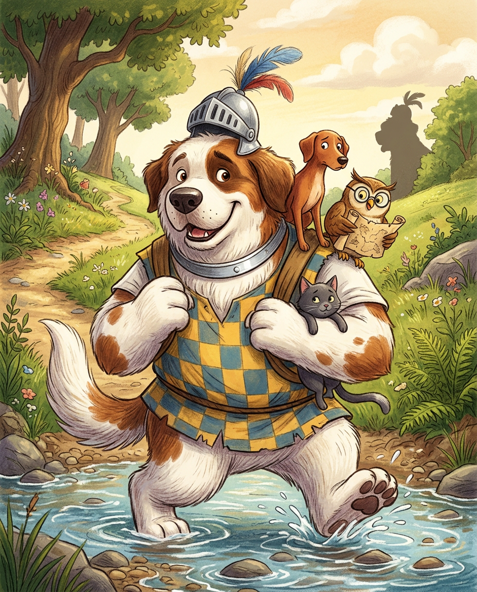 AI Design for # 🐶 Rufus Stonepaw

If Jasper is the dreamer and Milo is the scholar, then **Rufus is the heart of the group**.

The moment somebody sees Rufus, they should smile.

---

## First Impression

Rufus is big.

Very big.

Not scary big.

Comforting big.

The kind of dog who takes up half a bench when he sits down.

He's the tallest member of the friend group and much broader than everyone else.

When he walks, his footsteps feel heavy.

When he laughs, everyone hears it.

When he enters a room, people notice.

---

## Fur

Rufus has mostly white fur.

Across his body are patches of warm brown.

Most notably:

🤎 Around one eye.

🤎 Along parts of his back and shoulders.

🤎 Small patches scattered naturally across his body.

The colors make him look rustic and approachable.

Like a farm dog who somehow became a knight.

---

## Face

His face is friendly.

Very friendly.

Big smile.

Big nose.

Soft eyes.

His eyes aren't sharp or intimidating.

They're warm.

The kind of eyes that say:

> "Don't worry. I'll help."

Even when he has absolutely no idea what's going on.

---

## The Helmet

His most iconic feature.

A knight's helmet.

Silver.

Polished.

Decorated with:

🔵 Blue feathers

🔴 Red feathers

The funny part?

The helmet is too small.

Way too small.

It clearly doesn't fit him properly.

Yet he wears it proudly.

Like the greatest knight in the kingdom.

Everyone recognizes him because of it.

---

## Clothing

Rufus wears a knight-inspired outfit.

Not heavy armor.

More like a colorful medieval tunic.

Pattern:

🟡 Yellow

🔵 Blue

Checkerboard design.

The colors are vibrant without being bright.

They make him stand out immediately.

The outfit is worn and comfortable.

You can tell he's actually lived in it.

---

## The Silver Collar

Around his neck sits a silver collar.

Simple.

Clean.

Almost like a badge of honor.

Not flashy.

Just part of who he is.

---

## Pose

Rufus rarely looks serious.

Most illustrations show him:

😁 Laughing.

🍗 Eating.

🐾 Helping somebody carry something.

🛡 Proudly standing guard.

Or trying very hard to act knightly.

---

## Personality Through Art

The illustrator should communicate:

* Loyalty.
* Courage.
* Kindness.
* Enthusiasm.

Rufus is brave.

But he isn't trying to prove it.

He helps because helping feels right.

---

## Silhouette

Even as a black shadow, you'd instantly recognize him.

🐶 Huge body.

🪖 Tiny helmet.

🛡 Broad shoulders.

The silhouette is unmistakable.

---

## Storybook Illustration Example

Imagine a chapter illustration.

The group is crossing a stream.

Jasper carefully balances on a log.

Milo is checking a map.

Shadow is drawing notes.

Meanwhile Rufus has simply picked up three of his friends at once and is carrying them across.

He's grinning from ear to ear.

His tiny helmet is sliding sideways.

Nobody asked him to do this.

He just thought it would help.

And honestly?

It did.

That single image tells you everything about Rufus Stonepaw:

A giant dog with a tiny helmet, a huge heart, and the unwavering belief that every problem can be solved with courage, friendship, and perhaps a second helping of stew. 🐶🛡️🍲✨