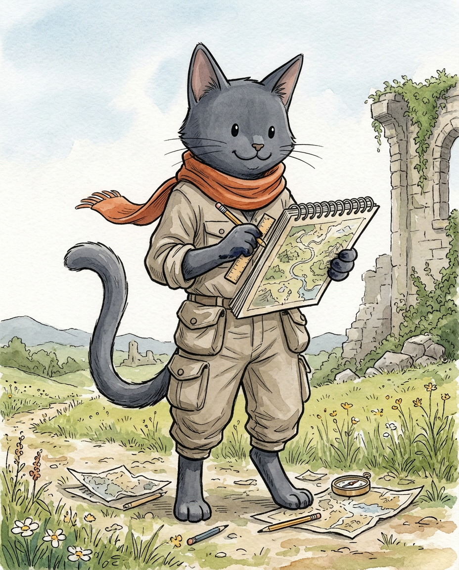 AI Design for � Shadow Nightwhisker

Shadow is probably the most misunderstood member of the group.

People see him sitting quietly with a notebook and assume he's serious.

They see him drawing maps and assume he's mysterious.

They see him standing apart from the others and assume he's lonely.

The truth?

Shadow is one of the happiest cats in the entire group.

He's just usually busy.

First Impression

Shadow is tall.

Very tall.

Not broad like Rufus.

Tall and lean.

His long legs and long tail make him seem older than he actually is.

When the group stands together, Shadow is often the highest head in the crowd.

Fur

Shadow has dark gray fur.

Not black.

Not gloomy.

A soft charcoal gray.

His fur is smooth and tidy because he's always traveling and hates getting dirt on his maps.

Face

His face is gentle.

He smiles often.

Not huge grins like Rufus.

More little smiles.

The kind you see when somebody is enjoying themselves.

His eyes are simple storybook eyes.

Expressive and warm.

When he discovers a new route or finishes a map, his entire face lights up.

The Scarf

His most recognizable feature.

A simple scarf.

Orange-red.

Wrapped around his neck.

The color contrasts beautifully against his gray fur.

It immediately draws attention to him.

When he runs through the countryside, the scarf trails behind him like a banner.

Clothing

Unlike some of the others, Shadow dresses very simply.

No armor.

No giant hat.

No flashy decorations.

Just practical travel clothes.

Neutral colors.

Comfortable fabrics.

Lots of pockets.

Because every pocket is filled with:

🗺️ Notes

🖊️ Pencils

📜 Map fragments

🌿 Interesting things he found

The Cartographer

This is Shadow's role.

He knows roads.

He knows trails.

He knows shortcuts.

He knows forgotten paths.

He knows where streams cross roads and where old bridges stand.

If somebody says:

"Has anyone been here before?"

Shadow probably has.

And if he hasn't?

He's excited to be the first.

Personality Through Art

The biggest mistake would be drawing him as edgy.

He isn't edgy.

He isn't brooding.

He isn't constantly standing in shadows.

He's cheerful.

Curious.

Energetic.

The reason he seems quiet is because he's usually concentrating on a map.

Pose

When illustrated, Shadow is often:

🗺️ Drawing maps

📍 Pointing at a route

✏️ Sketching landmarks

🏃 Exploring ahead

Or excitedly showing the group something he found.

Silhouette

Even in silhouette you'd recognize him.

🐱 Tall frame

🧣 Long scarf

🗺️ Rolled maps

📖 Notebook

Simple.

Clean.

Distinct.

Storybook Illustration Example

Imagine a chapter illustration.

The group has stopped on a hill.

Jasper is looking at the horizon.

Milo is reading.

Rufus is eating lunch.

Ashen is playing his fiddle.

Pippa is collecting flowers.

Meanwhile Shadow is lying flat on his stomach in the grass.

His scarf is spread out behind him.

A notebook is open in front of him.

He's carefully drawing the shape of a distant river.

And he's smiling the entire time.

Not because somebody told him to.

Not because it's important.

Just because he genuinely loves maps.

That's Shadow Nightwhisker:

A tall gray cat with an orange scarf, ink-stained paws, and the happiest cartographer in the kingdom. 🗺️🧣🐱✨ comic book art stzle dot eyes bold black lines alone in the image happyli drawing on map