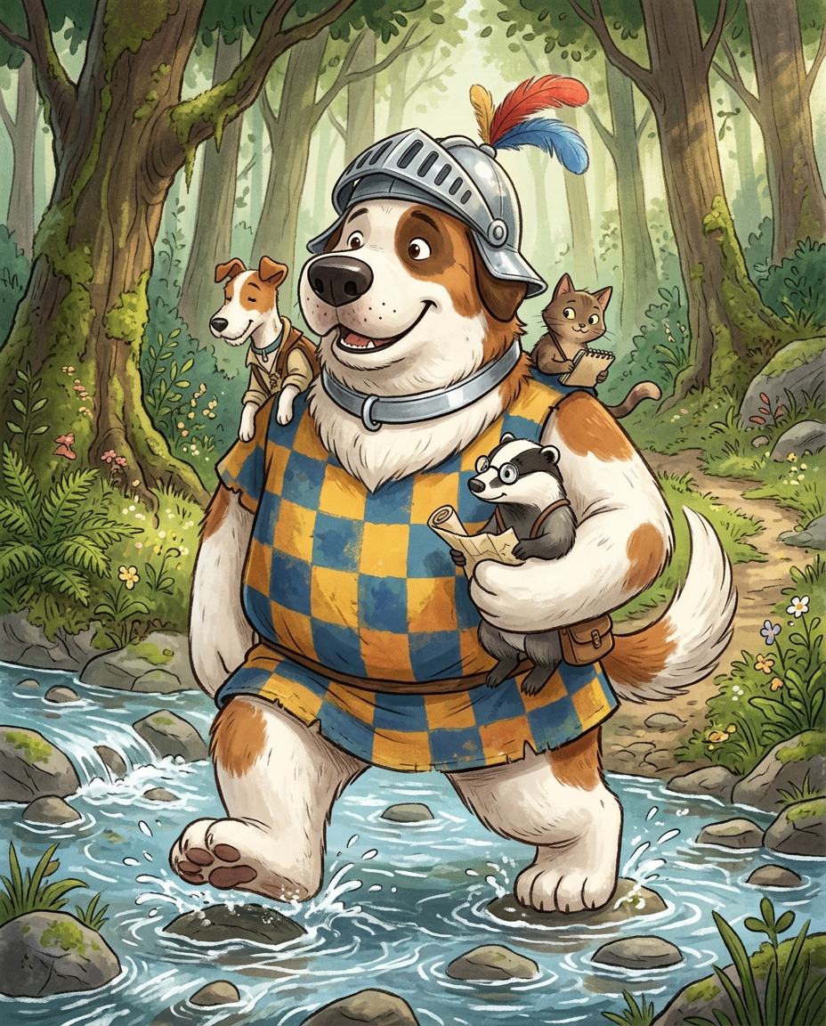 AI Design for # 🐶 Rufus Stonepaw

If Jasper is the dreamer and Milo is the scholar, then **Rufus is the heart of the group**.

The moment somebody sees Rufus, they should smile.

---

## First Impression

Rufus is big.

Very big.

Not scary big.

Comforting big.

The kind of dog who takes up half a bench when he sits down.

He's the tallest member of the friend group and much broader than everyone else.

When he walks, his footsteps feel heavy.

When he laughs, everyone hears it.

When he enters a room, people notice.

---

## Fur

Rufus has mostly white fur.

Across his body are patches of warm brown.

Most notably:

🤎 Around one eye.

🤎 Along parts of his back and shoulders.

🤎 Small patches scattered naturally across his body.

The colors make him look rustic and approachable.

Like a farm dog who somehow became a knight.

---

## Face

His face is friendly.

Very friendly.

Big smile.

Big nose.

Soft eyes.

His eyes aren't sharp or intimidating.

They're warm.

The kind of eyes that say:

> "Don't worry. I'll help."

Even when he has absolutely no idea what's going on.

---

## The Helmet

His most iconic feature.

A knight's helmet.

Silver.

Polished.

Decorated with:

🔵 Blue feathers

🔴 Red feathers

The funny part?

The helmet is too small.

Way too small.

It clearly doesn't fit him properly.

Yet he wears it proudly.

Like the greatest knight in the kingdom.

Everyone recognizes him because of it.

---

## Clothing

Rufus wears a knight-inspired outfit.

Not heavy armor.

More like a colorful medieval tunic.

Pattern:

🟡 Yellow

🔵 Blue

Checkerboard design.

The colors are vibrant without being bright.

They make him stand out immediately.

The outfit is worn and comfortable.

You can tell he's actually lived in it.

---

## The Silver Collar

Around his neck sits a silver collar.

Simple.

Clean.

Almost like a badge of honor.

Not flashy.

Just part of who he is.

---

## Pose

Rufus rarely looks serious.

Most illustrations show him:

😁 Laughing.

🍗 Eating.

🐾 Helping somebody carry something.

🛡 Proudly standing guard.

Or trying very hard to act knightly.

---

## Personality Through Art

The illustrator should communicate:

* Loyalty.
* Courage.
* Kindness.
* Enthusiasm.

Rufus is brave.

But he isn't trying to prove it.

He helps because helping feels right.

---

## Silhouette

Even as a black shadow, you'd instantly recognize him.

🐶 Huge body.

🪖 Tiny helmet.

🛡 Broad shoulders.

The silhouette is unmistakable.

---

## Storybook Illustration Example

Imagine a chapter illustration.

The group is crossing a stream.

Jasper carefully balances on a log.

Milo is checking a map.

Shadow is drawing notes.

Meanwhile Rufus has simply picked up three of his friends at once and is carrying them across.

He's grinning from ear to ear.

His tiny helmet is sliding sideways.

Nobody asked him to do this.

He just thought it would help.

And honestly?

It did.

That single image tells you everything about Rufus Stonepaw:

A giant dog with a tiny helmet, a huge heart, and the unwavering belief that every problem can be solved with courage, friendship, and perhaps a second helping of stew. 🐶🛡️🍲✨
quadropedal big chubbylonge sleeves