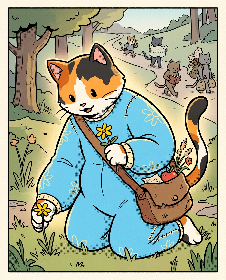 AI Design for � Pippa Sunpatch
Pippa Sunpatch is sunshine in cat form.
Not because she's loud.
Not because she's constantly talking.
But because whenever she's around, things feel a little brighter.
First Impression
Pippa is a calico cat.
Her fur is mostly white, covered in patches of:
🧡 Orange
🖤 Black
🤍 White
The patches are scattered naturally across her body.
When sunlight hits her fur, it almost looks like little pieces of sunlight resting on her coat.
That's where the name Sunpatch comes from.
Face
Pippa has a warm, friendly face.
Her eyes are bright and curious.
Not mischievous like Ashen.
Not focused like Jasper.
Not scholarly like Milo.
Just genuinely interested in the world.
She notices things other people miss.
Clothing
You mentioned blue, and I think blue works perfectly.
Not royal blue.
Not bright blue.
A soft storybook blue.
Something like:
🔵 Cornflower blue
🔵 Sky blue
🔵 Dusty blue
Her outfit could be a simple medieval dress or tunic.
Nothing fancy.
Just comfortable and practical.
Maybe small cream-colored embroidery along the sleeves.
Tiny flower patterns near the edges.
Subtle details.
Accessories
Pippa isn't the type to carry weapons everywhere.
Instead she might carry:
🌼 A flower pouch
🌿 Small gardening tools
📜 Little notes
🍎 Snacks
🐚 Interesting things she finds
Her pockets are always full of random treasures.
Personality
Pippa is kind.
But not in a boring way.
She's the friend who notices when someone feels left out.
The friend who remembers birthdays.
The friend who saves a flower because it looked lonely.
Her Role in the Group
This is important.
Every group needs someone who helps everyone stay connected.
That's Pippa.
When Jasper gets too obsessed with Rowan...
Pippa brings him back to earth.
When Milo disappears into research...
Pippa reminds him to eat.
When Shadow spends twelve hours drawing maps...
Pippa convinces him to take a break.
When Rufus gets discouraged...
Pippa encourages him.
When Ashen gets carried away...
Pippa laughs along with him.
She's the glue.
Pose
In illustrations she's often:
🌼 Holding flowers
🌿 Sitting in gardens
🐦 Feeding birds
📖 Listening to stories
😊 Smiling at friends
Not because she isn't adventurous.
Because she appreciates small beautiful things.
Silhouette
Even in silhouette:
🐱 Cat ears
👗 Simple blue outfit
🌼 Flower in paw
Recognizable immediately.
Storybook Illustration Example
Imagine a chapter illustration.
The group is walking along a forest road.
Jasper is looking ahead.
Shadow is studying a map.
Milo is reading while walking.
Ashen is playing his fiddle.
Rufus is carrying half the supplies.
Meanwhile, Pippa has stopped.
Not because she's tired.
Not because she's distracted.
A tiny wildflower is growing through a crack in a stone beside the road.
She's kneeling beside it.
Just admiring it for a moment.
Then she smiles and catches up with the group.
The Feeling She Gives
If Jasper is the adventure...
If Milo is the knowledge...
If Shadow is the exploration...
If Rufus is the courage...
If Ashen is the joy...
Then Pippa is the warmth.
She's the reason the group feels like friends instead of simply a team.
The kind of character readers remember because she makes the world feel kinder, brighter, and more alive. 🌼🐱💙✨
comic book art style with dot eyes bold black lines minimal shading simple colours baggz oneseie vibrant colours