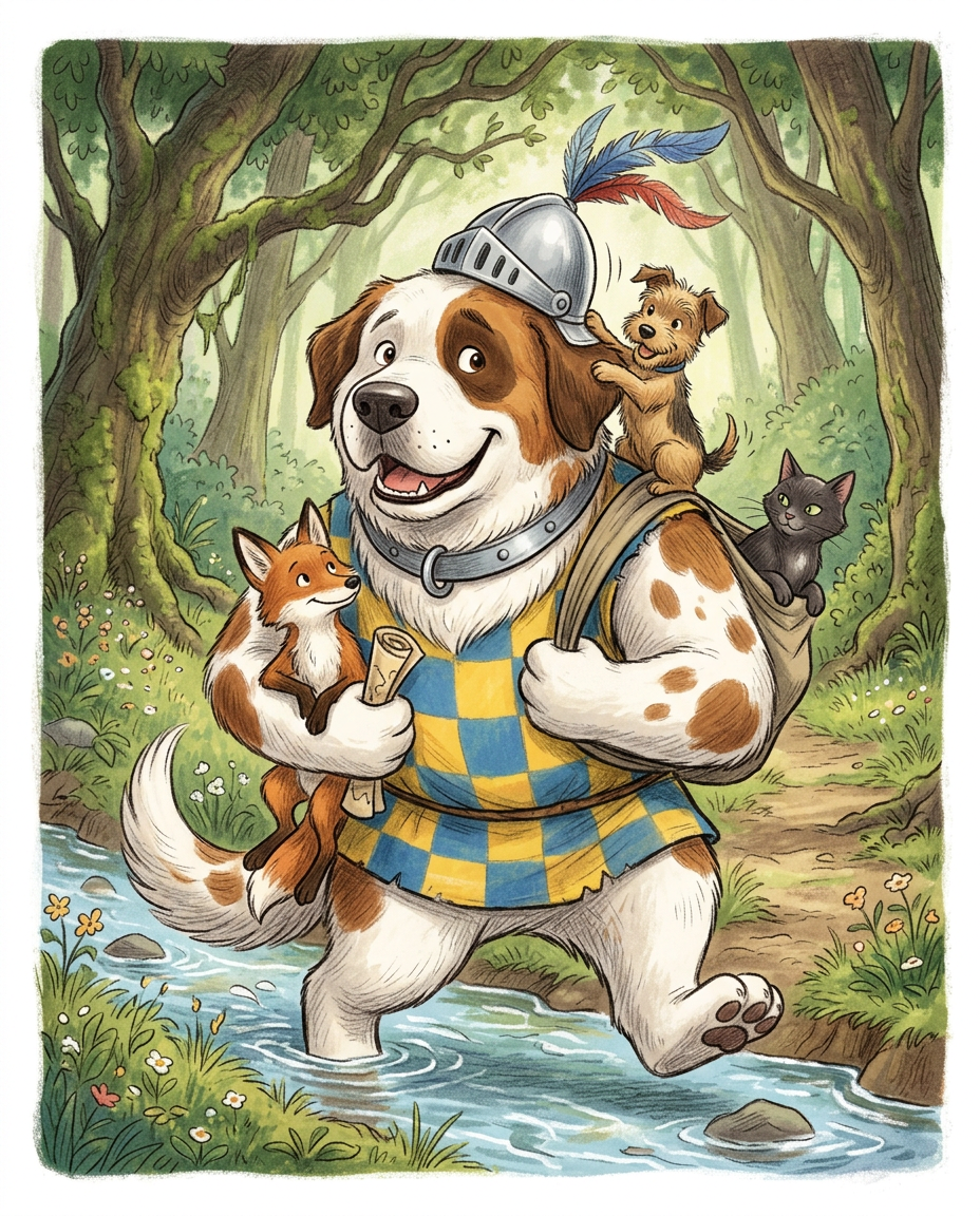 AI Design for # 🐶 Rufus Stonepaw

If Jasper is the dreamer and Milo is the scholar, then **Rufus is the heart of the group**.

The moment somebody sees Rufus, they should smile.

---

## First Impression

Rufus is big.

Very big.

Not scary big.

Comforting big.

The kind of dog who takes up half a bench when he sits down.

He's the tallest member of the friend group and much broader than everyone else.

When he walks, his footsteps feel heavy.

When he laughs, everyone hears it.

When he enters a room, people notice.

---

## Fur

Rufus has mostly white fur.

Across his body are patches of warm brown.

Most notably:

🤎 Around one eye.

🤎 Along parts of his back and shoulders.

🤎 Small patches scattered naturally across his body.

The colors make him look rustic and approachable.

Like a farm dog who somehow became a knight.

---

## Face

His face is friendly.

Very friendly.

Big smile.

Big nose.

Soft eyes.

His eyes aren't sharp or intimidating.

They're warm.

The kind of eyes that say:

> "Don't worry. I'll help."

Even when he has absolutely no idea what's going on.

---

## The Helmet

His most iconic feature.

A knight's helmet.

Silver.

Polished.

Decorated with:

🔵 Blue feathers

🔴 Red feathers

The funny part?

The helmet is too small.

Way too small.

It clearly doesn't fit him properly.

Yet he wears it proudly.

Like the greatest knight in the kingdom.

Everyone recognizes him because of it.

---

## Clothing

Rufus wears a knight-inspired outfit.

Not heavy armor.

More like a colorful medieval tunic.

Pattern:

🟡 Yellow

🔵 Blue

Checkerboard design.

The colors are vibrant without being bright.

They make him stand out immediately.

The outfit is worn and comfortable.

You can tell he's actually lived in it.

---

## The Silver Collar

Around his neck sits a silver collar.

Simple.

Clean.

Almost like a badge of honor.

Not flashy.

Just part of who he is.

---

## Pose

Rufus rarely looks serious.

Most illustrations show him:

😁 Laughing.

🍗 Eating.

🐾 Helping somebody carry something.

🛡 Proudly standing guard.

Or trying very hard to act knightly.

---

## Personality Through Art

The illustrator should communicate:

* Loyalty.
* Courage.
* Kindness.
* Enthusiasm.

Rufus is brave.

But he isn't trying to prove it.

He helps because helping feels right.

---

## Silhouette

Even as a black shadow, you'd instantly recognize him.

🐶 Huge body.

🪖 Tiny helmet.

🛡 Broad shoulders.

The silhouette is unmistakable.

---

## Storybook Illustration Example

Imagine a chapter illustration.

The group is crossing a stream.

Jasper carefully balances on a log.

Milo is checking a map.

Shadow is drawing notes.

Meanwhile Rufus has simply picked up three of his friends at once and is carrying them across.

He's grinning from ear to ear.

His tiny helmet is sliding sideways.

Nobody asked him to do this.

He just thought it would help.

And honestly?

It did.

That single image tells you everything about Rufus Stonepaw:

A giant dog with a tiny helmet, a huge heart, and the unwavering belief that every problem can be solved with courage, friendship, and perhaps a second helping of stew. 🐶🛡️🍲✨