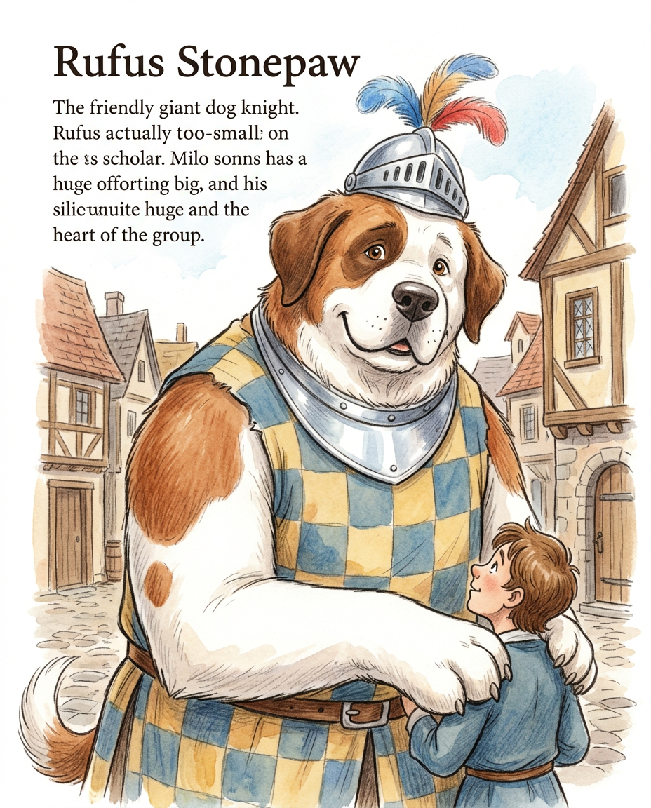 AI Design for # 🐶 Rufus Stonepaw

If Jasper is the dreamer and Milo is the scholar, then **Rufus is the heart of the group**.

The moment somebody sees Rufus, they should smile.

---

## First Impression

Rufus is big.

Very big.

Not scary big.

Comforting big.

The kind of dog who takes up half a bench when he sits down.

He's the tallest member of the friend group and much broader than everyone else.

When he walks, his footsteps feel heavy.

When he laughs, everyone hears it.

When he enters a room, people notice.

---

## Fur

Rufus has mostly white fur.

Across his body are patches of warm brown.

Most notably:

🤎 Around one eye.

🤎 Along parts of his back and shoulders.

🤎 Small patches scattered naturally across his body.

The colors make him look rustic and approachable.

Like a farm dog who somehow became a knight.

---

## Face

His face is friendly.

Very friendly.

Big smile.

Big nose.

Soft eyes.

His eyes aren't sharp or intimidating.

They're warm.

The kind of eyes that say:

> "Don't worry. I'll help."

Even when he has absolutely no idea what's going on.

---

## The Helmet

His most iconic feature.

A knight's helmet.

Silver.

Polished.

Decorated with:

🔵 Blue feathers

🔴 Red feathers

The funny part?

The helmet is too small.

Way too small.

It clearly doesn't fit him properly.

Yet he wears it proudly.

Like the greatest knight in the kingdom.

Everyone recognizes him because of it.

---

## Clothing

Rufus wears a knight-inspired outfit.

Not heavy armor.

More like a colorful medieval tunic.

Pattern:

🟡 Yellow

🔵 Blue

Checkerboard design.

The colors are vibrant without being bright.

They make him stand out immediately.

The outfit is worn and comfortable.

You can tell he's actually lived in it.

---

## The Silver Collar

Around his neck sits a silver collar.

Simple.

Clean.

Almost like a badge of honor.

Not flashy.

Just part of who he is.

---

## Pose

Rufus rarely looks serious.

Most illustrations show him:

😁 Laughing.

🍗 Eating.

🐾 Helping somebody carry something.

🛡 Proudly standing guard.

Or trying very hard to act knightly.

---

## Personality Through Art

The illustrator should communicate:

* Loyalty.
* Courage.
* Kindness.
* Enthusiasm.

Rufus is brave.

But he isn't trying to prove it.

He helps because helping feels right.

---

## Silhouette

Even as a black shadow, you'd instantly recognize him.

🐶 Huge body.

🪖 Tiny helmet.

🛡 Broad shoulders.

The silhouette is unmistakable.

---

## Storybook Illustration Example

Imagine a chapter illustration.

The group is crossing a stream.

Jasper carefully balances on a log.

Milo is checking a map.

Shadow is drawing notes.

Meanwhile Rufus has simply picked up three of his friends at once and is carrying them across.

He's grinning from ear to ear.

His tiny helmet is sliding sideways.

Nobody asked him to do this.

He just thought it would help.

And honestly?

It did.

That single image tells you everything about Rufus Stonepaw:

A giant dog with a tiny helmet, a huge heart, and the unwavering belief that every problem can be solved with courage, friendship, and perhaps a second helping of stew. 🐶🛡️🍲✨
