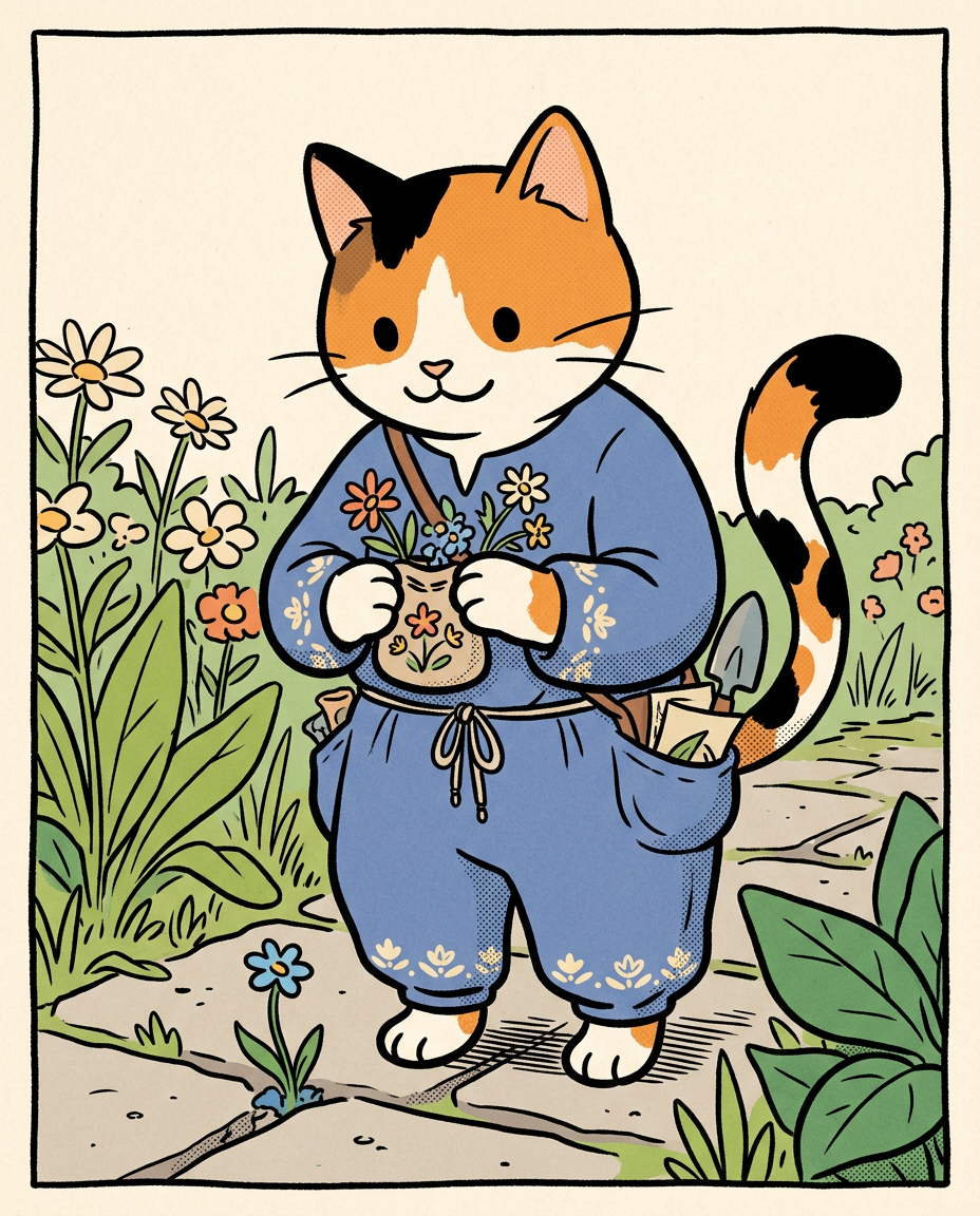 AI Design for � Pippa Sunpatch
Pippa Sunpatch is sunshine in cat form.
Not because she's loud.
Not because she's constantly talking.
But because whenever she's around, things feel a little brighter.
First Impression
Pippa is a calico cat.
Her fur is mostly white, covered in patches of:
🧡 Orange
🖤 Black
🤍 White
The patches are scattered naturally across her body.
When sunlight hits her fur, it almost looks like little pieces of sunlight resting on her coat.
That's where the name Sunpatch comes from.
Face
Pippa has a warm, friendly face.
Her eyes are bright and curious.
Not mischievous like Ashen.
Not focused like Jasper.
Not scholarly like Milo.
Just genuinely interested in the world.
She notices things other people miss.
Clothing
You mentioned blue, and I think blue works perfectly.
Not royal blue.
Not bright blue.
A soft storybook blue.
Something like:
🔵 Cornflower blue
🔵 Sky blue
🔵 Dusty blue
Her outfit could be a simple medieval dress or tunic.
Nothing fancy.
Just comfortable and practical.
Maybe small cream-colored embroidery along the sleeves.
Tiny flower patterns near the edges.
Subtle details.
Accessories
Pippa isn't the type to carry weapons everywhere.
Instead she might carry:
🌼 A flower pouch
🌿 Small gardening tools
📜 Little notes
🍎 Snacks
🐚 Interesting things she finds
Her pockets are always full of random treasures.
Personality
Pippa is kind.
But not in a boring way.
She's the friend who notices when someone feels left out.
The friend who remembers birthdays.
The friend who saves a flower because it looked lonely.
Her Role in the Group
This is important.
Every group needs someone who helps everyone stay connected.
That's Pippa.
When Jasper gets too obsessed with Rowan...
Pippa brings him back to earth.
When Milo disappears into research...
Pippa reminds him to eat.
When Shadow spends twelve hours drawing maps...
Pippa convinces him to take a break.
When Rufus gets discouraged...
Pippa encourages him.
When Ashen gets carried away...
Pippa laughs along with him.
She's the glue.
Pose
In illustrations she's often:
🌼 Holding flowers
🌿 Sitting in gardens
🐦 Feeding birds
📖 Listening to stories
😊 Smiling at friends
Not because she isn't adventurous.
Because she appreciates small beautiful things.
Silhouette
Even in silhouette:
🐱 Cat ears
👗 Simple blue outfit
🌼 Flower in paw
Recognizable immediately.
Storybook Illustration Example
Imagine a chapter illustration.
The group is walking along a forest road.
Jasper is looking ahead.
Shadow is studying a map.
Milo is reading while walking.
Ashen is playing his fiddle.
Rufus is carrying half the supplies.
Meanwhile, Pippa has stopped.
Not because she's tired.
Not because she's distracted.
A tiny wildflower is growing through a crack in a stone beside the road.
She's kneeling beside it.
Just admiring it for a moment.
Then she smiles and catches up with the group.
The Feeling She Gives
If Jasper is the adventure...
If Milo is the knowledge...
If Shadow is the exploration...
If Rufus is the courage...
If Ashen is the joy...
Then Pippa is the warmth.
She's the reason the group feels like friends instead of simply a team.
The kind of character readers remember because she makes the world feel kinder, brighter, and more alive. 🌼🐱💙✨
comic book art style with dot eyes bold black lines minimal shading simple colours baggz oneseie vibrant colours clothinkg middle ages style