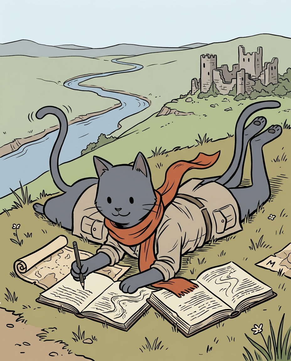AI Design for � Shadow Nightwhisker

Shadow is probably the most misunderstood member of the group.

People see him sitting quietly with a notebook and assume he's serious.

They see him drawing maps and assume he's mysterious.

They see him standing apart from the others and assume he's lonely.

The truth?

Shadow is one of the happiest cats in the entire group.

He's just usually busy.

First Impression

Shadow is tall.

Very tall.

Not broad like Rufus.

Tall and lean.

His long legs and long tail make him seem older than he actually is.

When the group stands together, Shadow is often the highest head in the crowd.

Fur

Shadow has dark gray fur.

Not black.

Not gloomy.

A soft charcoal gray.

His fur is smooth and tidy because he's always traveling and hates getting dirt on his maps.

Face

His face is gentle.

He smiles often.

Not huge grins like Rufus.

More little smiles.

The kind you see when somebody is enjoying themselves.

His eyes are simple storybook eyes.

Expressive and warm.

When he discovers a new route or finishes a map, his entire face lights up.

The Scarf

His most recognizable feature.

A simple scarf.

Orange-red.

Wrapped around his neck.

The color contrasts beautifully against his gray fur.

It immediately draws attention to him.

When he runs through the countryside, the scarf trails behind him like a banner.

Clothing

Unlike some of the others, Shadow dresses very simply.

No armor.

No giant hat.

No flashy decorations.

Just practical travel clothes.

Neutral colors.

Comfortable fabrics.

Lots of pockets.

Because every pocket is filled with:

🗺️ Notes

🖊️ Pencils

📜 Map fragments

🌿 Interesting things he found

The Cartographer

This is Shadow's role.

He knows roads.

He knows trails.

He knows shortcuts.

He knows forgotten paths.

He knows where streams cross roads and where old bridges stand.

If somebody says:

"Has anyone been here before?"

Shadow probably has.

And if he hasn't?

He's excited to be the first.

Personality Through Art

The biggest mistake would be drawing him as edgy.

He isn't edgy.

He isn't brooding.

He isn't constantly standing in shadows.

He's cheerful.

Curious.

Energetic.

The reason he seems quiet is because he's usually concentrating on a map.

Pose

When illustrated, Shadow is often:

🗺️ Drawing maps

📍 Pointing at a route

✏️ Sketching landmarks

🏃 Exploring ahead

Or excitedly showing the group something he found.

Silhouette

Even in silhouette you'd recognize him.

🐱 Tall frame

🧣 Long scarf

🗺️ Rolled maps

📖 Notebook

Simple.

Clean.

Distinct.

Storybook Illustration Example

Imagine a chapter illustration.

The group has stopped on a hill.

Jasper is looking at the horizon.

Milo is reading.

Rufus is eating lunch.

Ashen is playing his fiddle.

Pippa is collecting flowers.

Meanwhile Shadow is lying flat on his stomach in the grass.

His scarf is spread out behind him.

A notebook is open in front of him.

He's carefully drawing the shape of a distant river.

And he's smiling the entire time.

Not because somebody told him to.

Not because it's important.

Just because he genuinely loves maps.

That's Shadow Nightwhisker:

A tall gray cat with an orange scarf, ink-stained paws, and the happiest cartographer in the kingdom. 🗺️🧣🐱✨ comic book art stzle dot eyes bold black lines alone in the image happyli drawing on map not watercolor more like simple colors with minimal shading