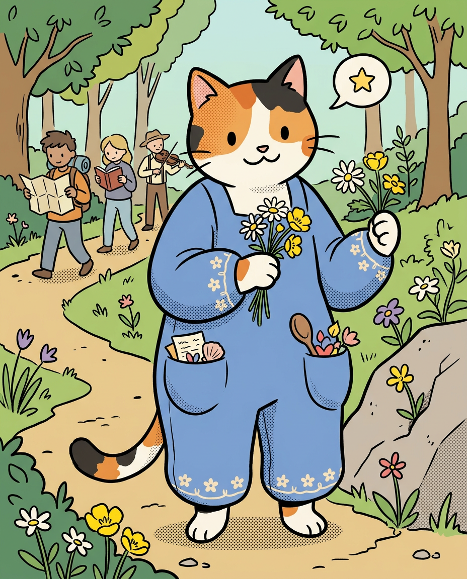 AI Design for � Pippa Sunpatch
Pippa Sunpatch is sunshine in cat form.
Not because she's loud.
Not because she's constantly talking.
But because whenever she's around, things feel a little brighter.
First Impression
Pippa is a calico cat.
Her fur is mostly white, covered in patches of:
🧡 Orange
🖤 Black
🤍 White
The patches are scattered naturally across her body.
When sunlight hits her fur, it almost looks like little pieces of sunlight resting on her coat.
That's where the name Sunpatch comes from.
Face
Pippa has a warm, friendly face.
Her eyes are bright and curious.
Not mischievous like Ashen.
Not focused like Jasper.
Not scholarly like Milo.
Just genuinely interested in the world.
She notices things other people miss.
Clothing
You mentioned blue, and I think blue works perfectly.
Not royal blue.
Not bright blue.
A soft storybook blue.
Something like:
🔵 Cornflower blue
🔵 Sky blue
🔵 Dusty blue
Her outfit could be a simple medieval dress or tunic.
Nothing fancy.
Just comfortable and practical.
Maybe small cream-colored embroidery along the sleeves.
Tiny flower patterns near the edges.
Subtle details.
Accessories
Pippa isn't the type to carry weapons everywhere.
Instead she might carry:
🌼 A flower pouch
🌿 Small gardening tools
📜 Little notes
🍎 Snacks
🐚 Interesting things she finds
Her pockets are always full of random treasures.
Personality
Pippa is kind.
But not in a boring way.
She's the friend who notices when someone feels left out.
The friend who remembers birthdays.
The friend who saves a flower because it looked lonely.
Her Role in the Group
This is important.
Every group needs someone who helps everyone stay connected.
That's Pippa.
When Jasper gets too obsessed with Rowan...
Pippa brings him back to earth.
When Milo disappears into research...
Pippa reminds him to eat.
When Shadow spends twelve hours drawing maps...
Pippa convinces him to take a break.
When Rufus gets discouraged...
Pippa encourages him.
When Ashen gets carried away...
Pippa laughs along with him.
She's the glue.
Pose
In illustrations she's often:
🌼 Holding flowers
🌿 Sitting in gardens
🐦 Feeding birds
📖 Listening to stories
😊 Smiling at friends
Not because she isn't adventurous.
Because she appreciates small beautiful things.
Silhouette
Even in silhouette:
🐱 Cat ears
👗 Simple blue outfit
🌼 Flower in paw
Recognizable immediately.
Storybook Illustration Example
Imagine a chapter illustration.
The group is walking along a forest road.
Jasper is looking ahead.
Shadow is studying a map.
Milo is reading while walking.
Ashen is playing his fiddle.
Rufus is carrying half the supplies.
Meanwhile, Pippa has stopped.
Not because she's tired.
Not because she's distracted.
A tiny wildflower is growing through a crack in a stone beside the road.
She's kneeling beside it.
Just admiring it for a moment.
Then she smiles and catches up with the group.
The Feeling She Gives
If Jasper is the adventure...
If Milo is the knowledge...
If Shadow is the exploration...
If Rufus is the courage...
If Ashen is the joy...
Then Pippa is the warmth.
She's the reason the group feels like friends instead of simply a team.
The kind of character readers remember because she makes the world feel kinder, brighter, and more alive. 🌼🐱💙✨
comic book art style with dot eyes bold black lines minimal shading simple colours baggz oneseie vibrant colours