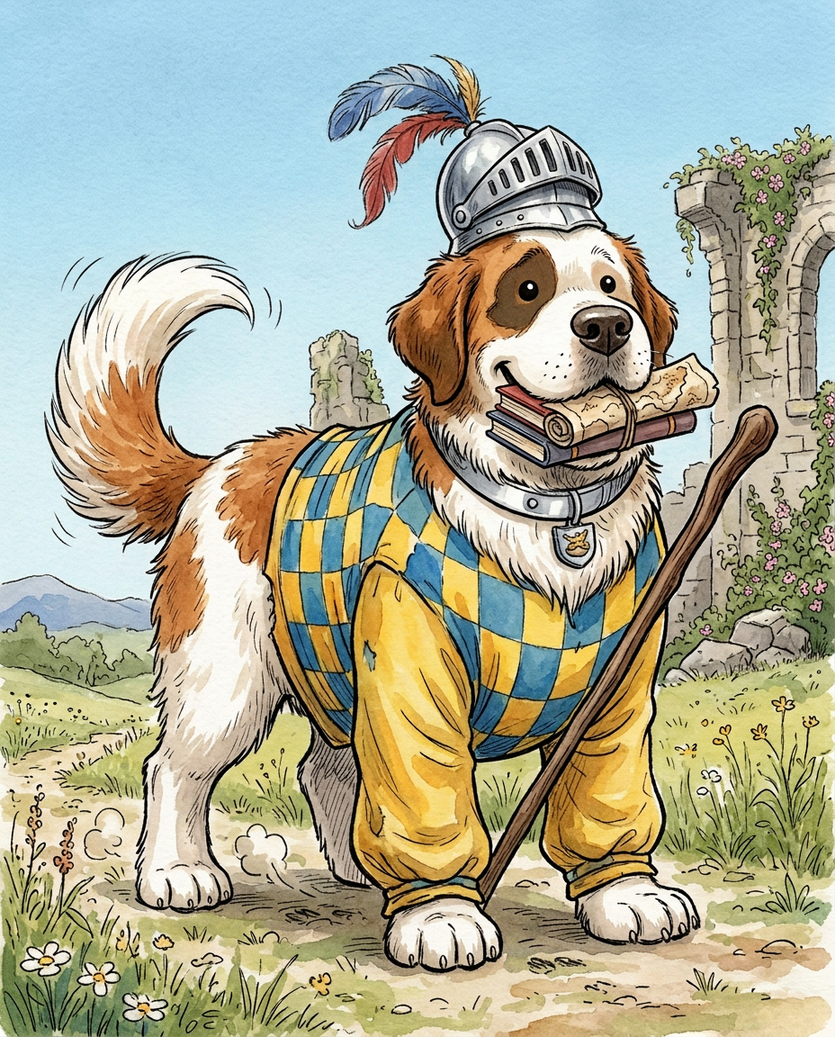 AI Design for # 🐶 Rufus Stonepaw

If Jasper is the dreamer and Milo is the scholar, then **Rufus is the heart of the group**.

The moment somebody sees Rufus, they should smile.

---

## First Impression

Rufus is big.

Very big.

Not scary big.

Comforting big.

The kind of dog who takes up half a bench when he sits down.

He's the tallest member of the friend group and much broader than everyone else.

When he walks, his footsteps feel heavy.

When he laughs, everyone hears it.

When he enters a room, people notice.

---

## Fur

Rufus has mostly white fur.

Across his body are patches of warm brown.

Most notably:

🤎 Around one eye.

🤎 Along parts of his back and shoulders.

🤎 Small patches scattered naturally across his body.

The colors make him look rustic and approachable.

Like a farm dog who somehow became a knight.

---

## Face

His face is friendly.

Very friendly.

Big smile.

Big nose.

Soft eyes.

His eyes aren't sharp or intimidating.

They're warm.

The kind of eyes that say:

> "Don't worry. I'll help."

Even when he has absolutely no idea what's going on.

---

## The Helmet

His most iconic feature.

A knight's helmet.

Silver.

Polished.

Decorated with:

🔵 Blue feathers

🔴 Red feathers

The funny part?

The helmet is too small.

Way too small.

It clearly doesn't fit him properly.

Yet he wears it proudly.

Like the greatest knight in the kingdom.

Everyone recognizes him because of it.

---

## Clothing

Rufus wears a knight-inspired outfit.

Not heavy armor.

More like a colorful medieval tunic.

Pattern:

🟡 Yellow

🔵 Blue

Checkerboard design.

The colors are vibrant without being bright.

They make him stand out immediately.

The outfit is worn and comfortable.

You can tell he's actually lived in it.

---

## The Silver Collar

Around his neck sits a silver collar.

Simple.

Clean.

Almost like a badge of honor.

Not flashy.

Just part of who he is.

---

## Pose

Rufus rarely looks serious.

Most illustrations show him:

😁 Laughing.

🍗 Eating.

🐾 Helping somebody carry something.

🛡 Proudly standing guard.

Or trying very hard to act knightly.

---

## Personality Through Art

The illustrator should communicate:

* Loyalty.
* Courage.
* Kindness.
* Enthusiasm.

Rufus is brave.

But he isn't trying to prove it.

He helps because helping feels right.

---

## Silhouette

Even as a black shadow, you'd instantly recognize him.

🐶 Huge body.

🪖 Tiny helmet.

🛡 Broad shoulders.

The silhouette is unmistakable.

---

## Storybook Illustration Example

Imagine a chapter illustration.

The group is crossing a stream.

Jasper carefully balances on a log.

Milo is checking a map.

Shadow is drawing notes.

Meanwhile Rufus has simply picked up three of his friends at once and is carrying them across.

He's grinning from ear to ear.

His tiny helmet is sliding sideways.

Nobody asked him to do this.

He just thought it would help.

And honestly?

It did.

That single image tells you everything about Rufus Stonepaw:

A giant dog with a tiny helmet, a huge heart, and the unwavering belief that every problem can be solved with courage, friendship, and perhaps a second helping of stew. 🐶🛡️🍲✨
quadropedal big chubbylonge sleeves comic boook art stzle insired  bold thivk lines dot ezes