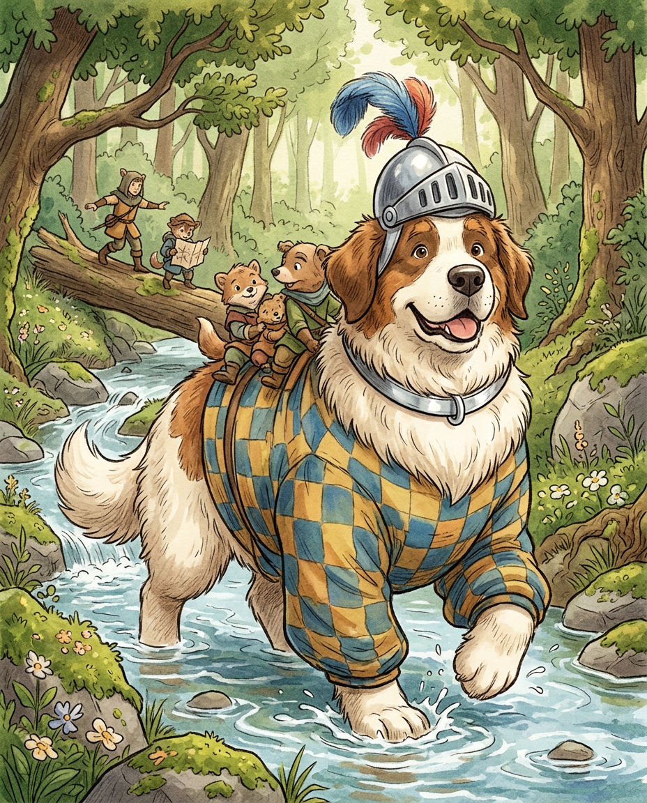 AI Design for # 🐶 Rufus Stonepaw

If Jasper is the dreamer and Milo is the scholar, then **Rufus is the heart of the group**.

The moment somebody sees Rufus, they should smile.

---

## First Impression

Rufus is big.

Very big.

Not scary big.

Comforting big.

The kind of dog who takes up half a bench when he sits down.

He's the tallest member of the friend group and much broader than everyone else.

When he walks, his footsteps feel heavy.

When he laughs, everyone hears it.

When he enters a room, people notice.

---

## Fur

Rufus has mostly white fur.

Across his body are patches of warm brown.

Most notably:

🤎 Around one eye.

🤎 Along parts of his back and shoulders.

🤎 Small patches scattered naturally across his body.

The colors make him look rustic and approachable.

Like a farm dog who somehow became a knight.

---

## Face

His face is friendly.

Very friendly.

Big smile.

Big nose.

Soft eyes.

His eyes aren't sharp or intimidating.

They're warm.

The kind of eyes that say:

> "Don't worry. I'll help."

Even when he has absolutely no idea what's going on.

---

## The Helmet

His most iconic feature.

A knight's helmet.

Silver.

Polished.

Decorated with:

🔵 Blue feathers

🔴 Red feathers

The funny part?

The helmet is too small.

Way too small.

It clearly doesn't fit him properly.

Yet he wears it proudly.

Like the greatest knight in the kingdom.

Everyone recognizes him because of it.

---

## Clothing

Rufus wears a knight-inspired outfit.

Not heavy armor.

More like a colorful medieval tunic.

Pattern:

🟡 Yellow

🔵 Blue

Checkerboard design.

The colors are vibrant without being bright.

They make him stand out immediately.

The outfit is worn and comfortable.

You can tell he's actually lived in it.

---

## The Silver Collar

Around his neck sits a silver collar.

Simple.

Clean.

Almost like a badge of honor.

Not flashy.

Just part of who he is.

---

## Pose

Rufus rarely looks serious.

Most illustrations show him:

😁 Laughing.

🍗 Eating.

🐾 Helping somebody carry something.

🛡 Proudly standing guard.

Or trying very hard to act knightly.

---

## Personality Through Art

The illustrator should communicate:

* Loyalty.
* Courage.
* Kindness.
* Enthusiasm.

Rufus is brave.

But he isn't trying to prove it.

He helps because helping feels right.

---

## Silhouette

Even as a black shadow, you'd instantly recognize him.

🐶 Huge body.

🪖 Tiny helmet.

🛡 Broad shoulders.

The silhouette is unmistakable.

---

## Storybook Illustration Example

Imagine a chapter illustration.

The group is crossing a stream.

Jasper carefully balances on a log.

Milo is checking a map.

Shadow is drawing notes.

Meanwhile Rufus has simply picked up three of his friends at once and is carrying them across.

He's grinning from ear to ear.

His tiny helmet is sliding sideways.

Nobody asked him to do this.

He just thought it would help.

And honestly?

It did.

That single image tells you everything about Rufus Stonepaw:

A giant dog with a tiny helmet, a huge heart, and the unwavering belief that every problem can be solved with courage, friendship, and perhaps a second helping of stew. 🐶🛡️🍲✨
quadropedal big chubbylonge sleeves