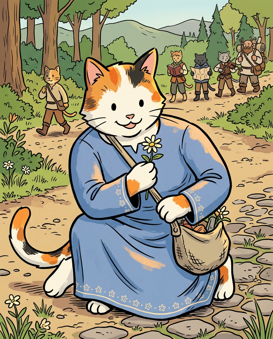 AI Design for � Pippa Sunpatch
Pippa Sunpatch is sunshine in cat form.
Not because she's loud.
Not because she's constantly talking.
But because whenever she's around, things feel a little brighter.
First Impression
Pippa is a calico cat.
Her fur is mostly white, covered in patches of:
🧡 Orange
🖤 Black
🤍 White
The patches are scattered naturally across her body.
When sunlight hits her fur, it almost looks like little pieces of sunlight resting on her coat.
That's where the name Sunpatch comes from.
Face
Pippa has a warm, friendly face.
Her eyes are bright and curious.
Not mischievous like Ashen.
Not focused like Jasper.
Not scholarly like Milo.
Just genuinely interested in the world.
She notices things other people miss.
Clothing
You mentioned blue, and I think blue works perfectly.
Not royal blue.
Not bright blue.
A soft storybook blue.
Something like:
🔵 Cornflower blue
🔵 Sky blue
🔵 Dusty blue
Her outfit could be a simple medieval dress or tunic.
Nothing fancy.
Just comfortable and practical.
Maybe small cream-colored embroidery along the sleeves.
Tiny flower patterns near the edges.
Subtle details.
Accessories
Pippa isn't the type to carry weapons everywhere.
Instead she might carry:
🌼 A flower pouch
🌿 Small gardening tools
📜 Little notes
🍎 Snacks
🐚 Interesting things she finds
Her pockets are always full of random treasures.
Personality
Pippa is kind.
But not in a boring way.
She's the friend who notices when someone feels left out.
The friend who remembers birthdays.
The friend who saves a flower because it looked lonely.
Her Role in the Group
This is important.
Every group needs someone who helps everyone stay connected.
That's Pippa.
When Jasper gets too obsessed with Rowan...
Pippa brings him back to earth.
When Milo disappears into research...
Pippa reminds him to eat.
When Shadow spends twelve hours drawing maps...
Pippa convinces him to take a break.
When Rufus gets discouraged...
Pippa encourages him.
When Ashen gets carried away...
Pippa laughs along with him.
She's the glue.
Pose
In illustrations she's often:
🌼 Holding flowers
🌿 Sitting in gardens
🐦 Feeding birds
📖 Listening to stories
😊 Smiling at friends
Not because she isn't adventurous.
Because she appreciates small beautiful things.
Silhouette
Even in silhouette:
🐱 Cat ears
👗 Simple blue outfit
🌼 Flower in paw
Recognizable immediately.
Storybook Illustration Example
Imagine a chapter illustration.
The group is walking along a forest road.
Jasper is looking ahead.
Shadow is studying a map.
Milo is reading while walking.
Ashen is playing his fiddle.
Rufus is carrying half the supplies.
Meanwhile, Pippa has stopped.
Not because she's tired.
Not because she's distracted.
A tiny wildflower is growing through a crack in a stone beside the road.
She's kneeling beside it.
Just admiring it for a moment.
Then she smiles and catches up with the group.
The Feeling She Gives
If Jasper is the adventure...
If Milo is the knowledge...
If Shadow is the exploration...
If Rufus is the courage...
If Ashen is the joy...
Then Pippa is the warmth.
She's the reason the group feels like friends instead of simply a team.
The kind of character readers remember because she makes the world feel kinder, brighter, and more alive. 🌼🐱💙✨
comic book art style with dot eyes bold black lines minimal shading simple colours baggz oneseie vibrant colours