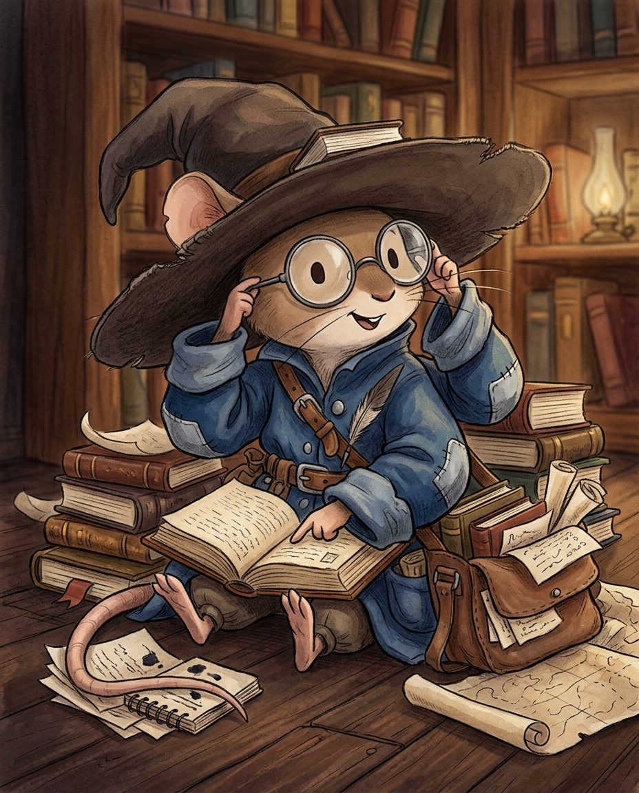 AI Design for Sure! Based on everything you've described so far, this is how I imagine **Milo Underburrow** in the *Embermane Chronicles* storybook art style.
---
# 🐭 Milo Underburrow
Milo is a small mouse, noticeably shorter than almost everyone else in the group.
At first glance, he looks like somebody who accidentally wandered out of a library and into an adventure.
---
## Face
Milo has a soft, friendly face.
His eyes are simple storybook eyes:
⚫ Small black dots or tiny ovals.
Not realistic.
Not anime.
Very expressive despite their simplicity.
His nose is small and dark.
His whiskers stick out in every direction, making him look a little untidy.
Like he forgot to comb them because he was busy reading.
---
## Glasses
One of his most recognizable features.
Large round spectacles.
Slightly oversized for his face.
They constantly slide down his nose.
Sometimes he pushes them back up while talking.
The glasses make him look:
* Curious
* Intelligent
* Slightly goofy
---
## Hat
His hat is enormous.
Almost comically large.
A floppy traveler's hat.
The brim droops slightly.
It casts a shadow over his face.
The hat always looks a little too big for him.
That's part of the charm.
---
## Clothing
Milo wears very baggy clothing.
Loose sleeves.
Oversized coat.
Big pockets everywhere.
The clothes almost look inherited from somebody twice his size.
Colors:
🔵 Deep blue
⚪ Silver-gray details
🟤 Brown belt
Nothing flashy.
Practical.
Comfortable.
A mouse who expects to spend all day reading.
---
## Accessories
Books.
Always books.
Not one book.
Several.
He often carries:
📚 A satchel full of notes
📚 Scrolls sticking out of pockets
📚 Little notebooks
📚 Folded maps
Sometimes papers fall out while he walks.
---
## Pose
When illustrated, Milo rarely stands still.
He's usually:
📖 Reading
📝 Writing notes
🔍 Examining something interesting
🤔 Thinking
Or excitedly explaining something nobody asked about.
---
## Personality Through Art
The illustrator should make him look:
* Enthusiastic
* Intelligent
* Curious
* Slightly chaotic
Not a serious scholar.
Not a boring professor.
More like:
> A mouse who got distracted researching one thing and accidentally discovered twelve more things.
---
## Silhouette
This is important.
Even completely blacked out, you'd recognize him instantly:
🎩 Huge floppy hat
👓 Round glasses
📚 Stack of books
🧥 Oversized coat
🐭 Small body
That silhouette becomes uniquely Milo.
---
## Storybook Illustration Example
Imagine a chapter illustration.
Milo is sitting cross-legged on a library floor.
Books are piled around him.
One book is open.
Another is balanced on his knee.
A third is somehow resting on top of his hat.
His glasses have slipped down his nose.
His tail curls around a stack of papers.
Meanwhile he's grinning because he's just discovered a fascinating fact about Rowan Embermane.
That single image tells you exactly who Milo is.
Not a warrior.
Not a king.
Not a hero in the traditional sense.
Just a wonderfully curious little mouse who loves learning almost as much as Jasper loves adventuring. 🐭📚✨