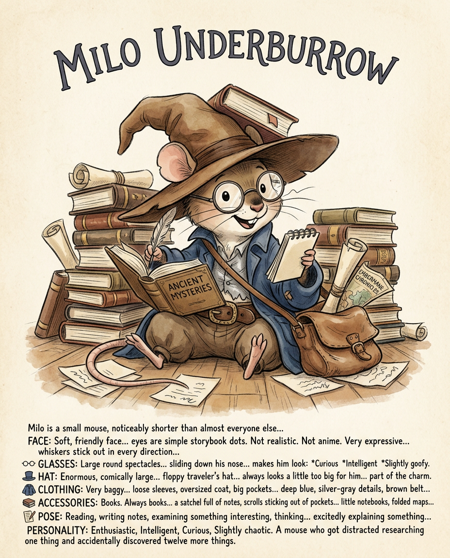 AI Design for Sure! Based on everything you've described so far, this is how I imagine **Milo Underburrow** in the *Embermane Chronicles* storybook art style.

---

# 🐭 Milo Underburrow

Milo is a small mouse, noticeably shorter than almost everyone else in the group.

At first glance, he looks like somebody who accidentally wandered out of a library and into an adventure.

---

## Face

Milo has a soft, friendly face.

His eyes are simple storybook eyes:

⚫ Small black dots or tiny ovals.

Not realistic.

Not anime.

Very expressive despite their simplicity.

His nose is small and dark.

His whiskers stick out in every direction, making him look a little untidy.

Like he forgot to comb them because he was busy reading.

---

## Glasses

One of his most recognizable features.

Large round spectacles.

Slightly oversized for his face.

They constantly slide down his nose.

Sometimes he pushes them back up while talking.

The glasses make him look:

* Curious
* Intelligent
* Slightly goofy

---

## Hat

His hat is enormous.

Almost comically large.

A floppy traveler's hat.

The brim droops slightly.

It casts a shadow over his face.

The hat always looks a little too big for him.

That's part of the charm.

---

## Clothing

Milo wears very baggy clothing.

Loose sleeves.

Oversized coat.

Big pockets everywhere.

The clothes almost look inherited from somebody twice his size.

Colors:

🔵 Deep blue

⚪ Silver-gray details

🟤 Brown belt

Nothing flashy.

Practical.

Comfortable.

A mouse who expects to spend all day reading.

---

## Accessories

Books.

Always books.

Not one book.

Several.

He often carries:

📚 A satchel full of notes

📚 Scrolls sticking out of pockets

📚 Little notebooks

📚 Folded maps

Sometimes papers fall out while he walks.

---

## Pose

When illustrated, Milo rarely stands still.

He's usually:

📖 Reading

📝 Writing notes

🔍 Examining something interesting

🤔 Thinking

Or excitedly explaining something nobody asked about.

---

## Personality Through Art

The illustrator should make him look:

* Enthusiastic
* Intelligent
* Curious
* Slightly chaotic

Not a serious scholar.

Not a boring professor.

More like:

> A mouse who got distracted researching one thing and accidentally discovered twelve more things.

---

## Silhouette

This is important.

Even completely blacked out, you'd recognize him instantly:

🎩 Huge floppy hat

👓 Round glasses

📚 Stack of books

🧥 Oversized coat

🐭 Small body

That silhouette becomes uniquely Milo.

---

## Storybook Illustration Example

Imagine a chapter illustration.

Milo is sitting cross-legged on a library floor.

Books are piled around him.

One book is open.

Another is balanced on his knee.

A third is somehow resting on top of his hat.

His glasses have slipped down his nose.

His tail curls around a stack of papers.

Meanwhile he's grinning because he's just discovered a fascinating fact about Rowan Embermane.

That single image tells you exactly who Milo is.

Not a warrior.

Not a king.

Not a hero in the traditional sense.

Just a wonderfully curious little mouse who loves learning almost as much as Jasper loves adventuring. 🐭📚✨
 gray rat cartoonz bold lines minimal shadind comic book INSpO not copzing
