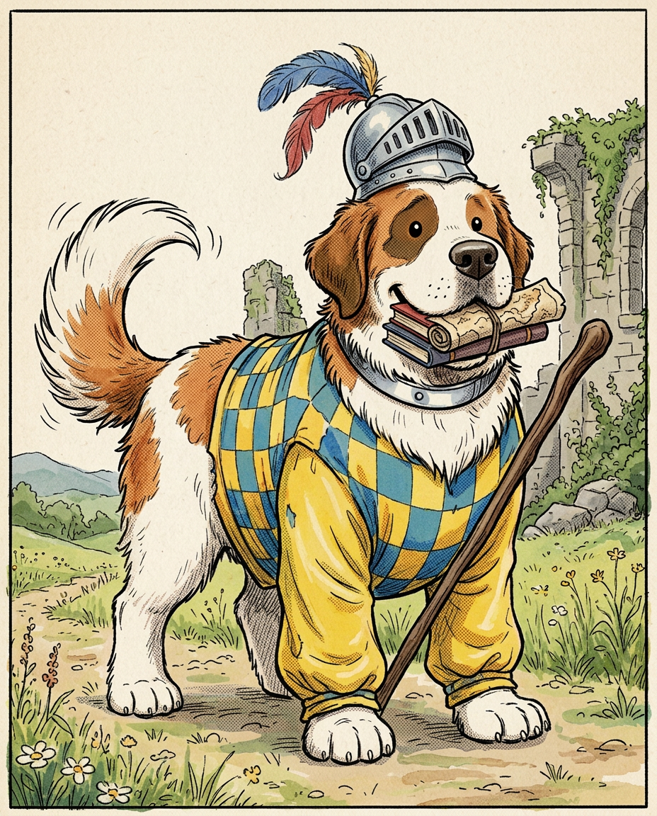 AI Design for # 🐶 Rufus Stonepaw

If Jasper is the dreamer and Milo is the scholar, then **Rufus is the heart of the group**.

The moment somebody sees Rufus, they should smile.

---

## First Impression

Rufus is big.

Very big.

Not scary big.

Comforting big.

The kind of dog who takes up half a bench when he sits down.

He's the tallest member of the friend group and much broader than everyone else.

When he walks, his footsteps feel heavy.

When he laughs, everyone hears it.

When he enters a room, people notice.

---

## Fur

Rufus has mostly white fur.

Across his body are patches of warm brown.

Most notably:

🤎 Around one eye.

🤎 Along parts of his back and shoulders.

🤎 Small patches scattered naturally across his body.

The colors make him look rustic and approachable.

Like a farm dog who somehow became a knight.

---

## Face

His face is friendly.

Very friendly.

Big smile.

Big nose.

Soft eyes.

His eyes aren't sharp or intimidating.

They're warm.

The kind of eyes that say:

> "Don't worry. I'll help."

Even when he has absolutely no idea what's going on.

---

## The Helmet

His most iconic feature.

A knight's helmet.

Silver.

Polished.

Decorated with:

🔵 Blue feathers

🔴 Red feathers

The funny part?

The helmet is too small.

Way too small.

It clearly doesn't fit him properly.

Yet he wears it proudly.

Like the greatest knight in the kingdom.

Everyone recognizes him because of it.

---

## Clothing

Rufus wears a knight-inspired outfit.

Not heavy armor.

More like a colorful medieval tunic.

Pattern:

🟡 Yellow

🔵 Blue

Checkerboard design.

The colors are vibrant without being bright.

They make him stand out immediately.

The outfit is worn and comfortable.

You can tell he's actually lived in it.

---

## The Silver Collar

Around his neck sits a silver collar.

Simple.

Clean.

Almost like a badge of honor.

Not flashy.

Just part of who he is.

---

## Pose

Rufus rarely looks serious.

Most illustrations show him:

😁 Laughing.

🍗 Eating.

🐾 Helping somebody carry something.

🛡 Proudly standing guard.

Or trying very hard to act knightly.

---

## Personality Through Art

The illustrator should communicate:

* Loyalty.
* Courage.
* Kindness.
* Enthusiasm.

Rufus is brave.

But he isn't trying to prove it.

He helps because helping feels right.

---

## Silhouette

Even as a black shadow, you'd instantly recognize him.

🐶 Huge body.

🪖 Tiny helmet.

🛡 Broad shoulders.

The silhouette is unmistakable.

---

## Storybook Illustration Example

Imagine a chapter illustration.

The group is crossing a stream.

Jasper carefully balances on a log.

Milo is checking a map.

Shadow is drawing notes.

Meanwhile Rufus has simply picked up three of his friends at once and is carrying them across.

He's grinning from ear to ear.

His tiny helmet is sliding sideways.

Nobody asked him to do this.

He just thought it would help.

And honestly?

It did.

That single image tells you everything about Rufus Stonepaw:

A giant dog with a tiny helmet, a huge heart, and the unwavering belief that every problem can be solved with courage, friendship, and perhaps a second helping of stew. 🐶🛡️🍲✨
quadropedal big chubbylonge sleeves comic boook art stzle insired  bold thivk lines dot ezes comic book stzle no other charachters are around him he is alone smiling comic book stzle of drawing