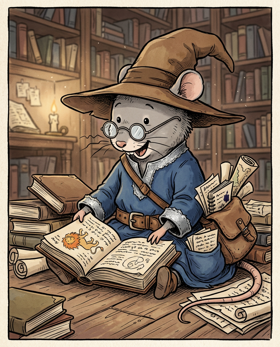 AI Design for Sure! Based on everything you've described so far, this is how I imagine **Milo Underburrow** in the *Embermane Chronicles* storybook art style.
---
# 🐭 Milo Underburrow
Milo is a small mouse, noticeably shorter than almost everyone else in the group.
At first glance, he looks like somebody who accidentally wandered out of a library and into an adventure.
---
## Face
Milo has a soft, friendly face.
His eyes are simple storybook eyes:
⚫ Small black dots or tiny ovals.
Not realistic.
Not anime.
Very expressive despite their simplicity.
His nose is small and dark.
His whiskers stick out in every direction, making him look a little untidy.
Like he forgot to comb them because he was busy reading.
---
## Glasses
One of his most recognizable features.
Large round spectacles.
Slightly oversized for his face.
They constantly slide down his nose.
Sometimes he pushes them back up while talking.
The glasses make him look:
* Curious
* Intelligent
* Slightly goofy
---
## Hat
His hat is enormous.
Almost comically large.
A floppy traveler's hat.
The brim droops slightly.
It casts a shadow over his face.
The hat always looks a little too big for him.
That's part of the charm.
---
## Clothing
Milo wears very baggy clothing.
Loose sleeves.
Oversized coat.
Big pockets everywhere.
The clothes almost look inherited from somebody twice his size.
Colors:
🔵 Deep blue
⚪ Silver-gray details
🟤 Brown belt
Nothing flashy.
Practical.
Comfortable.
A mouse who expects to spend all day reading.
---
## Accessories
Books.
Always books.
Not one book.
Several.
He often carries:
📚 A satchel full of notes
📚 Scrolls sticking out of pockets
📚 Little notebooks
📚 Folded maps
Sometimes papers fall out while he walks.
---
## Pose
When illustrated, Milo rarely stands still.
He's usually:
📖 Reading
📝 Writing notes
🔍 Examining something interesting
🤔 Thinking
Or excitedly explaining something nobody asked about.
---
## Personality Through Art
The illustrator should make him look:
* Enthusiastic
* Intelligent
* Curious
* Slightly chaotic
Not a serious scholar.
Not a boring professor.
More like:
> A mouse who got distracted researching one thing and accidentally discovered twelve more things.
---
## Silhouette
This is important.
Even completely blacked out, you'd recognize him instantly:
🎩 Huge floppy hat
👓 Round glasses
📚 Stack of books
🧥 Oversized coat
🐭 Small body
That silhouette becomes uniquely Milo.
---
## Storybook Illustration Example
Imagine a chapter illustration.
Milo is sitting cross-legged on a library floor.
Books are piled around him.
One book is open.
Another is balanced on his knee.
A third is somehow resting on top of his hat.
His glasses have slipped down his nose.
His tail curls around a stack of papers.
Meanwhile he's grinning because he's just discovered a fascinating fact about Rowan Embermane.
That single image tells you exactly who Milo is.
Not a warrior.
Not a king.
Not a hero in the traditional sense.
Just a wonderfully curious little mouse who loves learning almost as much as Jasper loves adventuring. 🐭📚✨
gray rat cartoonz bold lines minimal shadind comic book INSpO not copzing