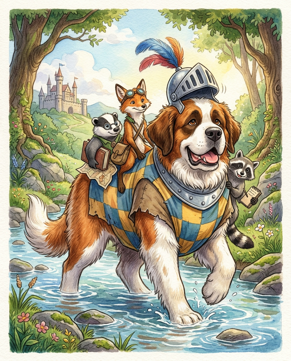 AI Design for # 🐶 Rufus Stonepaw

If Jasper is the dreamer and Milo is the scholar, then **Rufus is the heart of the group**.

The moment somebody sees Rufus, they should smile.

---

## First Impression

Rufus is big.

Very big.

Not scary big.

Comforting big.

The kind of dog who takes up half a bench when he sits down.

He's the tallest member of the friend group and much broader than everyone else.

When he walks, his footsteps feel heavy.

When he laughs, everyone hears it.

When he enters a room, people notice.

---

## Fur

Rufus has mostly white fur.

Across his body are patches of warm brown.

Most notably:

🤎 Around one eye.

🤎 Along parts of his back and shoulders.

🤎 Small patches scattered naturally across his body.

The colors make him look rustic and approachable.

Like a farm dog who somehow became a knight.

---

## Face

His face is friendly.

Very friendly.

Big smile.

Big nose.

Soft eyes.

His eyes aren't sharp or intimidating.

They're warm.

The kind of eyes that say:

> "Don't worry. I'll help."

Even when he has absolutely no idea what's going on.

---

## The Helmet

His most iconic feature.

A knight's helmet.

Silver.

Polished.

Decorated with:

🔵 Blue feathers

🔴 Red feathers

The funny part?

The helmet is too small.

Way too small.

It clearly doesn't fit him properly.

Yet he wears it proudly.

Like the greatest knight in the kingdom.

Everyone recognizes him because of it.

---

## Clothing

Rufus wears a knight-inspired outfit.

Not heavy armor.

More like a colorful medieval tunic.

Pattern:

🟡 Yellow

🔵 Blue

Checkerboard design.

The colors are vibrant without being bright.

They make him stand out immediately.

The outfit is worn and comfortable.

You can tell he's actually lived in it.

---

## The Silver Collar

Around his neck sits a silver collar.

Simple.

Clean.

Almost like a badge of honor.

Not flashy.

Just part of who he is.

---

## Pose

Rufus rarely looks serious.

Most illustrations show him:

😁 Laughing.

🍗 Eating.

🐾 Helping somebody carry something.

🛡 Proudly standing guard.

Or trying very hard to act knightly.

---

## Personality Through Art

The illustrator should communicate:

* Loyalty.
* Courage.
* Kindness.
* Enthusiasm.

Rufus is brave.

But he isn't trying to prove it.

He helps because helping feels right.

---

## Silhouette

Even as a black shadow, you'd instantly recognize him.

🐶 Huge body.

🪖 Tiny helmet.

🛡 Broad shoulders.

The silhouette is unmistakable.

---

## Storybook Illustration Example

Imagine a chapter illustration.

The group is crossing a stream.

Jasper carefully balances on a log.

Milo is checking a map.

Shadow is drawing notes.

Meanwhile Rufus has simply picked up three of his friends at once and is carrying them across.

He's grinning from ear to ear.

His tiny helmet is sliding sideways.

Nobody asked him to do this.

He just thought it would help.

And honestly?

It did.

That single image tells you everything about Rufus Stonepaw:

A giant dog with a tiny helmet, a huge heart, and the unwavering belief that every problem can be solved with courage, friendship, and perhaps a second helping of stew. 🐶🛡️🍲✨