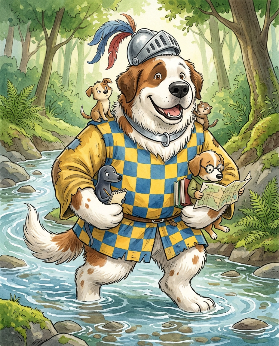 AI Design for # 🐶 Rufus Stonepaw

If Jasper is the dreamer and Milo is the scholar, then **Rufus is the heart of the group**.

The moment somebody sees Rufus, they should smile.

---

## First Impression

Rufus is big.

Very big.

Not scary big.

Comforting big.

The kind of dog who takes up half a bench when he sits down.

He's the tallest member of the friend group and much broader than everyone else.

When he walks, his footsteps feel heavy.

When he laughs, everyone hears it.

When he enters a room, people notice.

---

## Fur

Rufus has mostly white fur.

Across his body are patches of warm brown.

Most notably:

🤎 Around one eye.

🤎 Along parts of his back and shoulders.

🤎 Small patches scattered naturally across his body.

The colors make him look rustic and approachable.

Like a farm dog who somehow became a knight.

---

## Face

His face is friendly.

Very friendly.

Big smile.

Big nose.

Soft eyes.

His eyes aren't sharp or intimidating.

They're warm.

The kind of eyes that say:

> "Don't worry. I'll help."

Even when he has absolutely no idea what's going on.

---

## The Helmet

His most iconic feature.

A knight's helmet.

Silver.

Polished.

Decorated with:

🔵 Blue feathers

🔴 Red feathers

The funny part?

The helmet is too small.

Way too small.

It clearly doesn't fit him properly.

Yet he wears it proudly.

Like the greatest knight in the kingdom.

Everyone recognizes him because of it.

---

## Clothing

Rufus wears a knight-inspired outfit.

Not heavy armor.

More like a colorful medieval tunic.

Pattern:

🟡 Yellow

🔵 Blue

Checkerboard design.

The colors are vibrant without being bright.

They make him stand out immediately.

The outfit is worn and comfortable.

You can tell he's actually lived in it.

---

## The Silver Collar

Around his neck sits a silver collar.

Simple.

Clean.

Almost like a badge of honor.

Not flashy.

Just part of who he is.

---

## Pose

Rufus rarely looks serious.

Most illustrations show him:

😁 Laughing.

🍗 Eating.

🐾 Helping somebody carry something.

🛡 Proudly standing guard.

Or trying very hard to act knightly.

---

## Personality Through Art

The illustrator should communicate:

* Loyalty.
* Courage.
* Kindness.
* Enthusiasm.

Rufus is brave.

But he isn't trying to prove it.

He helps because helping feels right.

---

## Silhouette

Even as a black shadow, you'd instantly recognize him.

🐶 Huge body.

🪖 Tiny helmet.

🛡 Broad shoulders.

The silhouette is unmistakable.

---

## Storybook Illustration Example

Imagine a chapter illustration.

The group is crossing a stream.

Jasper carefully balances on a log.

Milo is checking a map.

Shadow is drawing notes.

Meanwhile Rufus has simply picked up three of his friends at once and is carrying them across.

He's grinning from ear to ear.

His tiny helmet is sliding sideways.

Nobody asked him to do this.

He just thought it would help.

And honestly?

It did.

That single image tells you everything about Rufus Stonepaw:

A giant dog with a tiny helmet, a huge heart, and the unwavering belief that every problem can be solved with courage, friendship, and perhaps a second helping of stew. 🐶🛡️🍲✨
quadropedal big chubbylonge sleeves