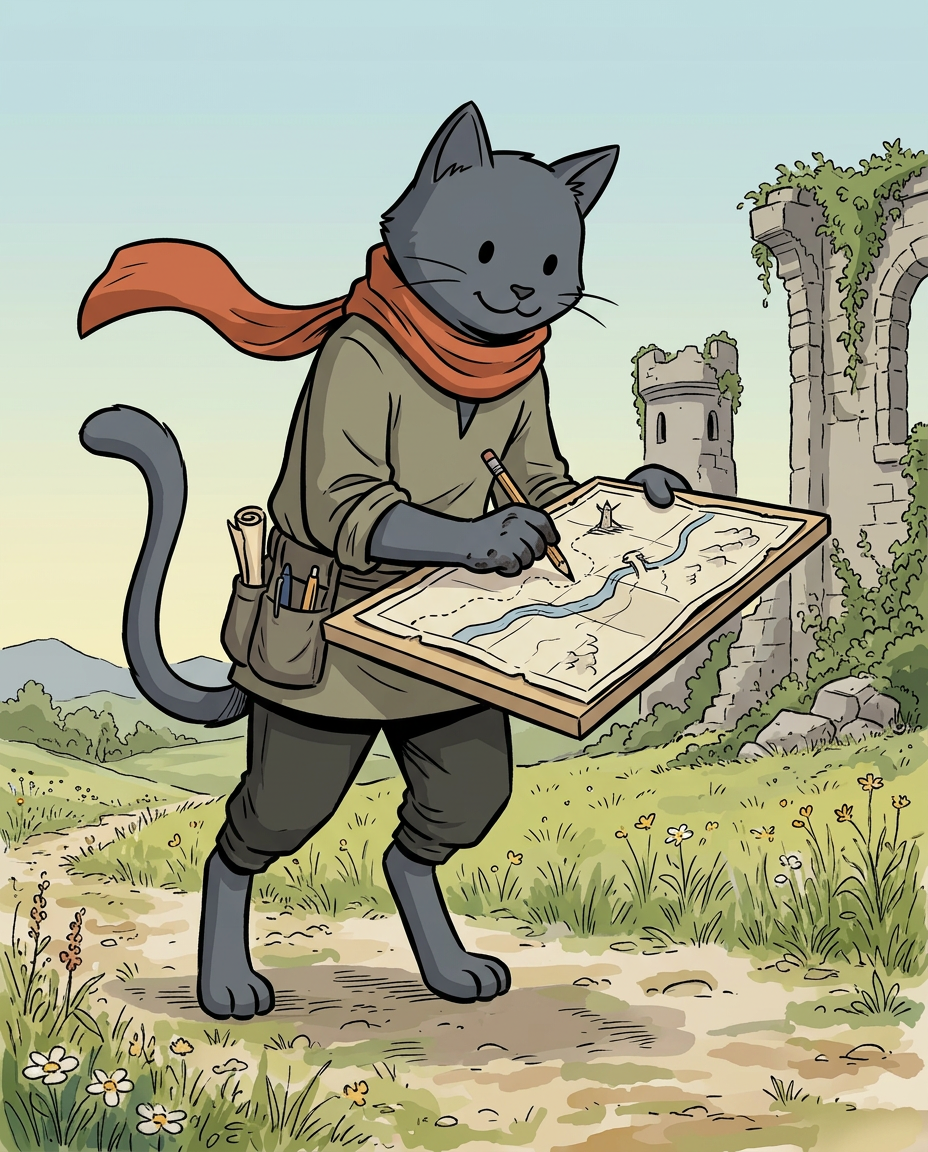 AI Design for � Shadow Nightwhisker

Shadow is probably the most misunderstood member of the group.

People see him sitting quietly with a notebook and assume he's serious.

They see him drawing maps and assume he's mysterious.

They see him standing apart from the others and assume he's lonely.

The truth?

Shadow is one of the happiest cats in the entire group.

He's just usually busy.

First Impression

Shadow is tall.

Very tall.

Not broad like Rufus.

Tall and lean.

His long legs and long tail make him seem older than he actually is.

When the group stands together, Shadow is often the highest head in the crowd.

Fur

Shadow has dark gray fur.

Not black.

Not gloomy.

A soft charcoal gray.

His fur is smooth and tidy because he's always traveling and hates getting dirt on his maps.

Face

His face is gentle.

He smiles often.

Not huge grins like Rufus.

More little smiles.

The kind you see when somebody is enjoying themselves.

His eyes are simple storybook eyes.

Expressive and warm.

When he discovers a new route or finishes a map, his entire face lights up.

The Scarf

His most recognizable feature.

A simple scarf.

Orange-red.

Wrapped around his neck.

The color contrasts beautifully against his gray fur.

It immediately draws attention to him.

When he runs through the countryside, the scarf trails behind him like a banner.

Clothing

Unlike some of the others, Shadow dresses very simply.

No armor.

No giant hat.

No flashy decorations.

Just practical travel clothes.

Neutral colors.

Comfortable fabrics.

Lots of pockets.

Because every pocket is filled with:

🗺️ Notes

🖊️ Pencils

📜 Map fragments

🌿 Interesting things he found

The Cartographer

This is Shadow's role.

He knows roads.

He knows trails.

He knows shortcuts.

He knows forgotten paths.

He knows where streams cross roads and where old bridges stand.

If somebody says:

"Has anyone been here before?"

Shadow probably has.

And if he hasn't?

He's excited to be the first.

Personality Through Art

The biggest mistake would be drawing him as edgy.

He isn't edgy.

He isn't brooding.

He isn't constantly standing in shadows.

He's cheerful.

Curious.

Energetic.

The reason he seems quiet is because he's usually concentrating on a map.

Pose

When illustrated, Shadow is often:

🗺️ Drawing maps

📍 Pointing at a route

✏️ Sketching landmarks

🏃 Exploring ahead

Or excitedly showing the group something he found.

Silhouette

Even in silhouette you'd recognize him.

🐱 Tall frame

🧣 Long scarf

🗺️ Rolled maps

📖 Notebook

Simple.

Clean.

Distinct.

Storybook Illustration Example

Imagine a chapter illustration.

The group has stopped on a hill.

Jasper is looking at the horizon.

Milo is reading.

Rufus is eating lunch.

Ashen is playing his fiddle.

Pippa is collecting flowers.

Meanwhile Shadow is lying flat on his stomach in the grass.

His scarf is spread out behind him.

A notebook is open in front of him.

He's carefully drawing the shape of a distant river.

And he's smiling the entire time.

Not because somebody told him to.

Not because it's important.

Just because he genuinely loves maps.

That's Shadow Nightwhisker:

A tall gray cat with an orange scarf, ink-stained paws, and the happiest cartographer in the kingdom. 🗺️🧣🐱✨ comic book art stzle dot eyes bold black lines alone in the image happyli drawing on map not watercolor more like simple colors with minimal shading