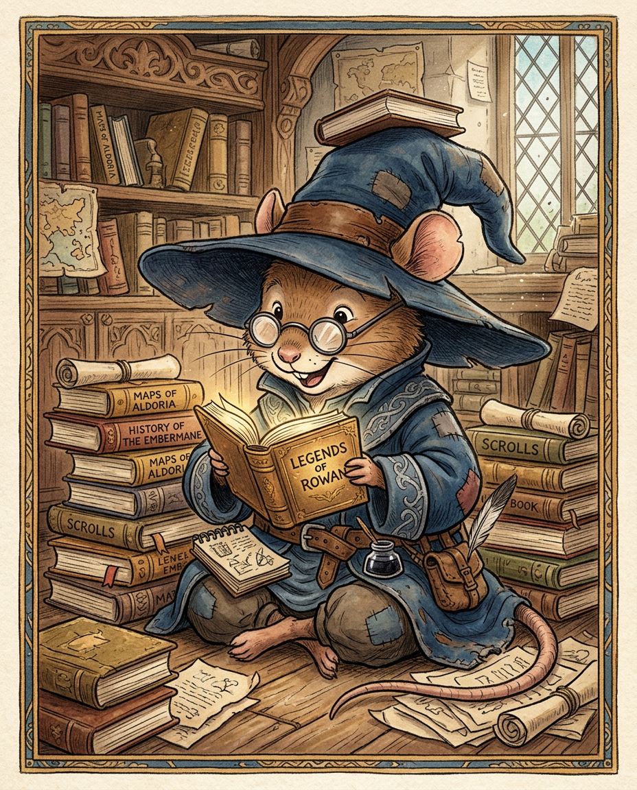 AI Design for Sure! Based on everything you've described so far, this is how I imagine **Milo Underburrow** in the *Embermane Chronicles* storybook art style.
---
# 🐭 Milo Underburrow
Milo is a small mouse, noticeably shorter than almost everyone else in the group.
At first glance, he looks like somebody who accidentally wandered out of a library and into an adventure.
---
## Face
Milo has a soft, friendly face.
His eyes are simple storybook eyes:
⚫ Small black dots or tiny ovals.
Not realistic.
Not anime.
Very expressive despite their simplicity.
His nose is small and dark.
His whiskers stick out in every direction, making him look a little untidy.
Like he forgot to comb them because he was busy reading.
---
## Glasses
One of his most recognizable features.
Large round spectacles.
Slightly oversized for his face.
They constantly slide down his nose.
Sometimes he pushes them back up while talking.
The glasses make him look:
* Curious
* Intelligent
* Slightly goofy
---
## Hat
His hat is enormous.
Almost comically large.
A floppy traveler's hat.
The brim droops slightly.
It casts a shadow over his face.
The hat always looks a little too big for him.
That's part of the charm.
---
## Clothing
Milo wears very baggy clothing.
Loose sleeves.
Oversized coat.
Big pockets everywhere.
The clothes almost look inherited from somebody twice his size.
Colors:
🔵 Deep blue
⚪ Silver-gray details
🟤 Brown belt
Nothing flashy.
Practical.
Comfortable.
A mouse who expects to spend all day reading.
---
## Accessories
Books.
Always books.
Not one book.
Several.
He often carries:
📚 A satchel full of notes
📚 Scrolls sticking out of pockets
📚 Little notebooks
📚 Folded maps
Sometimes papers fall out while he walks.
---
## Pose
When illustrated, Milo rarely stands still.
He's usually:
📖 Reading
📝 Writing notes
🔍 Examining something interesting
🤔 Thinking
Or excitedly explaining something nobody asked about.
---
## Personality Through Art
The illustrator should make him look:
* Enthusiastic
* Intelligent
* Curious
* Slightly chaotic
Not a serious scholar.
Not a boring professor.
More like:
> A mouse who got distracted researching one thing and accidentally discovered twelve more things.
---
## Silhouette
This is important.
Even completely blacked out, you'd recognize him instantly:
🎩 Huge floppy hat
👓 Round glasses
📚 Stack of books
🧥 Oversized coat
🐭 Small body
That silhouette becomes uniquely Milo.
---
## Storybook Illustration Example
Imagine a chapter illustration.
Milo is sitting cross-legged on a library floor.
Books are piled around him.
One book is open.
Another is balanced on his knee.
A third is somehow resting on top of his hat.
His glasses have slipped down his nose.
His tail curls around a stack of papers.
Meanwhile he's grinning because he's just discovered a fascinating fact about Rowan Embermane.
That single image tells you exactly who Milo is.
Not a warrior.
Not a king.
Not a hero in the traditional sense.
Just a wonderfully curious little mouse who loves learning almost as much as Jasper loves adventuring. 🐭📚✨