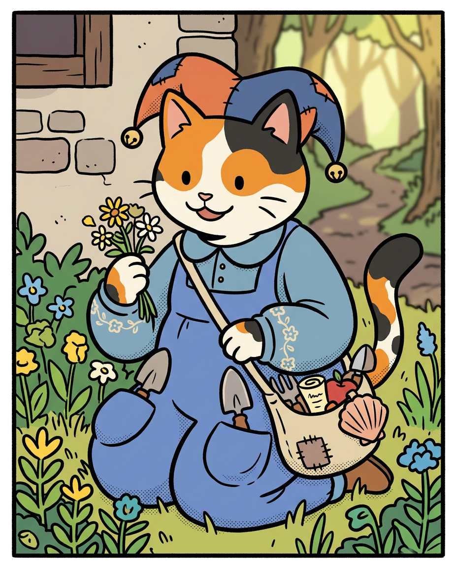 AI Design for � Pippa Sunpatch
Pippa Sunpatch is sunshine in cat form.
Not because she's loud.
Not because she's constantly talking.
But because whenever she's around, things feel a little brighter.
First Impression
Pippa is a calico cat.
Her fur is mostly white, covered in patches of:
🧡 Orange
🖤 Black
🤍 White
The patches are scattered naturally across her body.
When sunlight hits her fur, it almost looks like little pieces of sunlight resting on her coat.
That's where the name Sunpatch comes from.
Face
Pippa has a warm, friendly face.
Her eyes are bright and curious.
Not mischievous like Ashen.
Not focused like Jasper.
Not scholarly like Milo.
Just genuinely interested in the world.
She notices things other people miss.
Clothing
You mentioned blue, and I think blue works perfectly.
Not royal blue.
Not bright blue.
A soft storybook blue.
Something like:
🔵 Cornflower blue
🔵 Sky blue
🔵 Dusty blue
Her outfit could be a simple medieval dress or tunic.
Nothing fancy.
Just comfortable and practical.
Maybe small cream-colored embroidery along the sleeves.
Tiny flower patterns near the edges.
Subtle details.
Accessories
Pippa isn't the type to carry weapons everywhere.
Instead she might carry:
🌼 A flower pouch
🌿 Small gardening tools
📜 Little notes
🍎 Snacks
🐚 Interesting things she finds
Her pockets are always full of random treasures.
Personality
Pippa is kind.
But not in a boring way.
She's the friend who notices when someone feels left out.
The friend who remembers birthdays.
The friend who saves a flower because it looked lonely.
Her Role in the Group
This is important.
Every group needs someone who helps everyone stay connected.
That's Pippa.
When Jasper gets too obsessed with Rowan...
Pippa brings him back to earth.
When Milo disappears into research...
Pippa reminds him to eat.
When Shadow spends twelve hours drawing maps...
Pippa convinces him to take a break.
When Rufus gets discouraged...
Pippa encourages him.
When Ashen gets carried away...
Pippa laughs along with him.
She's the glue.
Pose
In illustrations she's often:
🌼 Holding flowers
🌿 Sitting in gardens
🐦 Feeding birds
📖 Listening to stories
😊 Smiling at friends
Not because she isn't adventurous.
Because she appreciates small beautiful things.
Silhouette
Even in silhouette:
🐱 Cat ears
👗 Simple blue outfit
🌼 Flower in paw
Recognizable immediately.
Storybook Illustration Example
Imagine a chapter illustration.
The group is walking along a forest road.
Jasper is looking ahead.
Shadow is studying a map.
Milo is reading while walking.
Ashen is playing his fiddle.
Rufus is carrying half the supplies.
Meanwhile, Pippa has stopped.
Not because she's tired.
Not because she's distracted.
A tiny wildflower is growing through a crack in a stone beside the road.
She's kneeling beside it.
Just admiring it for a moment.
Then she smiles and catches up with the group.
The Feeling She Gives
If Jasper is the adventure...
If Milo is the knowledge...
If Shadow is the exploration...
If Rufus is the courage...
If Ashen is the joy...
Then Pippa is the warmth.
She's the reason the group feels like friends instead of simply a team.
The kind of character readers remember because she makes the world feel kinder, brighter, and more alive. 🌼🐱💙✨
comic book art style with dot eyes bold black lines minimal shading simple colours jester hat baggz oneseie vibrant colours