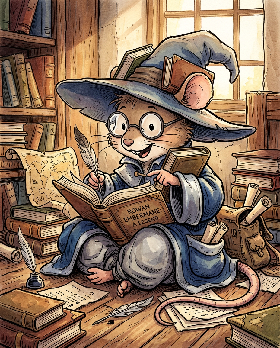AI Design for Sure! Based on everything you've described so far, this is how I imagine **Milo Underburrow** in the *Embermane Chronicles* storybook art style.
---
# 🐭 Milo Underburrow
Milo is a small mouse, noticeably shorter than almost everyone else in the group.
At first glance, he looks like somebody who accidentally wandered out of a library and into an adventure.
---
## Face
Milo has a soft, friendly face.
His eyes are simple storybook eyes:
⚫ Small black dots or tiny ovals.
Not realistic.
Not anime.
Very expressive despite their simplicity.
His nose is small and dark.
His whiskers stick out in every direction, making him look a little untidy.
Like he forgot to comb them because he was busy reading.
---
## Glasses
One of his most recognizable features.
Large round spectacles.
Slightly oversized for his face.
They constantly slide down his nose.
Sometimes he pushes them back up while talking.
The glasses make him look:
* Curious
* Intelligent
* Slightly goofy
---
## Hat
His hat is enormous.
Almost comically large.
A floppy traveler's hat.
The brim droops slightly.
It casts a shadow over his face.
The hat always looks a little too big for him.
That's part of the charm.
---
## Clothing
Milo wears very baggy clothing.
Loose sleeves.
Oversized coat.
Big pockets everywhere.
The clothes almost look inherited from somebody twice his size.
Colors:
🔵 Deep blue
⚪ Silver-gray details
🟤 Brown belt
Nothing flashy.
Practical.
Comfortable.
A mouse who expects to spend all day reading.
---
## Accessories
Books.
Always books.
Not one book.
Several.
He often carries:
📚 A satchel full of notes
📚 Scrolls sticking out of pockets
📚 Little notebooks
📚 Folded maps
Sometimes papers fall out while he walks.
---
## Pose
When illustrated, Milo rarely stands still.
He's usually:
📖 Reading
📝 Writing notes
🔍 Examining something interesting
🤔 Thinking
Or excitedly explaining something nobody asked about.
---
## Personality Through Art
The illustrator should make him look:
* Enthusiastic
* Intelligent
* Curious
* Slightly chaotic
Not a serious scholar.
Not a boring professor.
More like:
> A mouse who got distracted researching one thing and accidentally discovered twelve more things.
---
## Silhouette
This is important.
Even completely blacked out, you'd recognize him instantly:
🎩 Huge floppy hat
👓 Round glasses
📚 Stack of books
🧥 Oversized coat
🐭 Small body
That silhouette becomes uniquely Milo.
---
## Storybook Illustration Example
Imagine a chapter illustration.
Milo is sitting cross-legged on a library floor.
Books are piled around him.
One book is open.
Another is balanced on his knee.
A third is somehow resting on top of his hat.
His glasses have slipped down his nose.
His tail curls around a stack of papers.
Meanwhile he's grinning because he's just discovered a fascinating fact about Rowan Embermane.
That single image tells you exactly who Milo is.
Not a warrior.
Not a king.
Not a hero in the traditional sense.
Just a wonderfully curious little mouse who loves learning almost as much as Jasper loves adventuring. 🐭📚✨