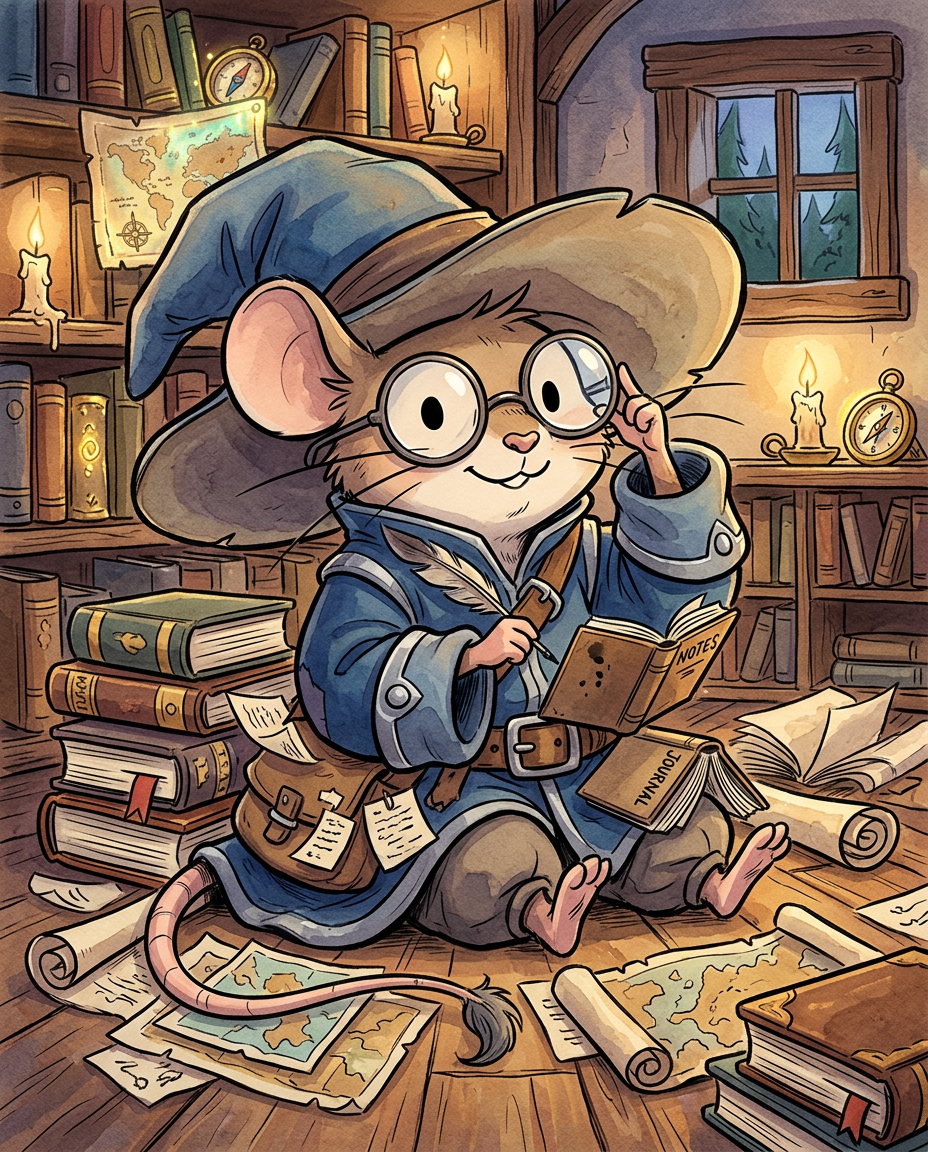 AI Design for Sure! Based on everything you've described so far, this is how I imagine **Milo Underburrow** in the *Embermane Chronicles* storybook art style.
---
# 🐭 Milo Underburrow
Milo is a small mouse, noticeably shorter than almost everyone else in the group.
At first glance, he looks like somebody who accidentally wandered out of a library and into an adventure.
---
## Face
Milo has a soft, friendly face.
His eyes are simple storybook eyes:
⚫ Small black dots or tiny ovals.
Not realistic.
Not anime.
Very expressive despite their simplicity.
His nose is small and dark.
His whiskers stick out in every direction, making him look a little untidy.
Like he forgot to comb them because he was busy reading.
---
## Glasses
One of his most recognizable features.
Large round spectacles.
Slightly oversized for his face.
They constantly slide down his nose.
Sometimes he pushes them back up while talking.
The glasses make him look:
* Curious
* Intelligent
* Slightly goofy
---
## Hat
His hat is enormous.
Almost comically large.
A floppy traveler's hat.
The brim droops slightly.
It casts a shadow over his face.
The hat always looks a little too big for him.
That's part of the charm.
---
## Clothing
Milo wears very baggy clothing.
Loose sleeves.
Oversized coat.
Big pockets everywhere.
The clothes almost look inherited from somebody twice his size.
Colors:
🔵 Deep blue
⚪ Silver-gray details
🟤 Brown belt
Nothing flashy.
Practical.
Comfortable.
A mouse who expects to spend all day reading.
---
## Accessories
Books.
Always books.
Not one book.
Several.
He often carries:
📚 A satchel full of notes
📚 Scrolls sticking out of pockets
📚 Little notebooks
📚 Folded maps
Sometimes papers fall out while he walks.
---
## Pose
When illustrated, Milo rarely stands still.
He's usually:
📖 Reading
📝 Writing notes
🔍 Examining something interesting
🤔 Thinking
Or excitedly explaining something nobody asked about.
---
## Personality Through Art
The illustrator should make him look:
* Enthusiastic
* Intelligent
* Curious
* Slightly chaotic
Not a serious scholar.
Not a boring professor.
More like:
> A mouse who got distracted researching one thing and accidentally discovered twelve more things.
---
## Silhouette
This is important.
Even completely blacked out, you'd recognize him instantly:
🎩 Huge floppy hat
👓 Round glasses
📚 Stack of books
🧥 Oversized coat
🐭 Small body
That silhouette becomes uniquely Milo.
---
## Storybook Illustration Example
Imagine a chapter illustration.
Milo is sitting cross-legged on a library floor.
Books are piled around him.
One book is open.
Another is balanced on his knee.
A third is somehow resting on top of his hat.
His glasses have slipped down his nose.
His tail curls around a stack of papers.
Meanwhile he's grinning because he's just discovered a fascinating fact about Rowan Embermane.
That single image tells you exactly who Milo is.
Not a warrior.
Not a king.
Not a hero in the traditional sense.
Just a wonderfully curious little mouse who loves learning almost as much as Jasper loves adventuring. 🐭📚✨