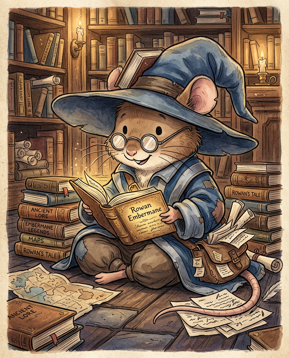AI Design for Sure! Based on everything you've described so far, this is how I imagine **Milo Underburrow** in the *Embermane Chronicles* storybook art style.
---
# 🐭 Milo Underburrow
Milo is a small mouse, noticeably shorter than almost everyone else in the group.
At first glance, he looks like somebody who accidentally wandered out of a library and into an adventure.
---
## Face
Milo has a soft, friendly face.
His eyes are simple storybook eyes:
⚫ Small black dots or tiny ovals.
Not realistic.
Not anime.
Very expressive despite their simplicity.
His nose is small and dark.
His whiskers stick out in every direction, making him look a little untidy.
Like he forgot to comb them because he was busy reading.
---
## Glasses
One of his most recognizable features.
Large round spectacles.
Slightly oversized for his face.
They constantly slide down his nose.
Sometimes he pushes them back up while talking.
The glasses make him look:
* Curious
* Intelligent
* Slightly goofy
---
## Hat
His hat is enormous.
Almost comically large.
A floppy traveler's hat.
The brim droops slightly.
It casts a shadow over his face.
The hat always looks a little too big for him.
That's part of the charm.
---
## Clothing
Milo wears very baggy clothing.
Loose sleeves.
Oversized coat.
Big pockets everywhere.
The clothes almost look inherited from somebody twice his size.
Colors:
🔵 Deep blue
⚪ Silver-gray details
🟤 Brown belt
Nothing flashy.
Practical.
Comfortable.
A mouse who expects to spend all day reading.
---
## Accessories
Books.
Always books.
Not one book.
Several.
He often carries:
📚 A satchel full of notes
📚 Scrolls sticking out of pockets
📚 Little notebooks
📚 Folded maps
Sometimes papers fall out while he walks.
---
## Pose
When illustrated, Milo rarely stands still.
He's usually:
📖 Reading
📝 Writing notes
🔍 Examining something interesting
🤔 Thinking
Or excitedly explaining something nobody asked about.
---
## Personality Through Art
The illustrator should make him look:
* Enthusiastic
* Intelligent
* Curious
* Slightly chaotic
Not a serious scholar.
Not a boring professor.
More like:
> A mouse who got distracted researching one thing and accidentally discovered twelve more things.
---
## Silhouette
This is important.
Even completely blacked out, you'd recognize him instantly:
🎩 Huge floppy hat
👓 Round glasses
📚 Stack of books
🧥 Oversized coat
🐭 Small body
That silhouette becomes uniquely Milo.
---
## Storybook Illustration Example
Imagine a chapter illustration.
Milo is sitting cross-legged on a library floor.
Books are piled around him.
One book is open.
Another is balanced on his knee.
A third is somehow resting on top of his hat.
His glasses have slipped down his nose.
His tail curls around a stack of papers.
Meanwhile he's grinning because he's just discovered a fascinating fact about Rowan Embermane.
That single image tells you exactly who Milo is.
Not a warrior.
Not a king.
Not a hero in the traditional sense.
Just a wonderfully curious little mouse who loves learning almost as much as Jasper loves adventuring. 🐭📚✨