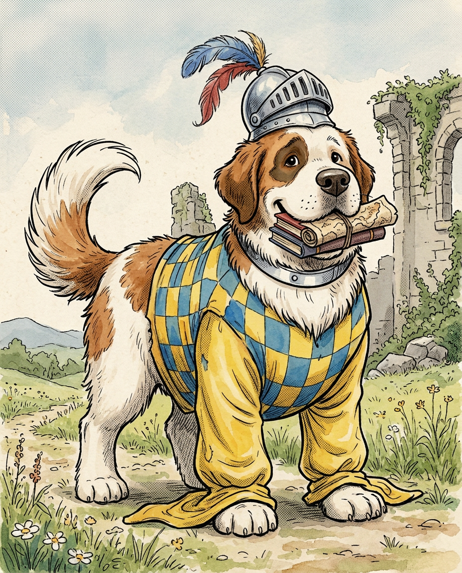 AI Design for # 🐶 Rufus Stonepaw

If Jasper is the dreamer and Milo is the scholar, then **Rufus is the heart of the group**.

The moment somebody sees Rufus, they should smile.

---

## First Impression

Rufus is big.

Very big.

Not scary big.

Comforting big.

The kind of dog who takes up half a bench when he sits down.

He's the tallest member of the friend group and much broader than everyone else.

When he walks, his footsteps feel heavy.

When he laughs, everyone hears it.

When he enters a room, people notice.

---

## Fur

Rufus has mostly white fur.

Across his body are patches of warm brown.

Most notably:

🤎 Around one eye.

🤎 Along parts of his back and shoulders.

🤎 Small patches scattered naturally across his body.

The colors make him look rustic and approachable.

Like a farm dog who somehow became a knight.

---

## Face

His face is friendly.

Very friendly.

Big smile.

Big nose.

Soft eyes.

His eyes aren't sharp or intimidating.

They're warm.

The kind of eyes that say:

> "Don't worry. I'll help."

Even when he has absolutely no idea what's going on.

---

## The Helmet

His most iconic feature.

A knight's helmet.

Silver.

Polished.

Decorated with:

🔵 Blue feathers

🔴 Red feathers

The funny part?

The helmet is too small.

Way too small.

It clearly doesn't fit him properly.

Yet he wears it proudly.

Like the greatest knight in the kingdom.

Everyone recognizes him because of it.

---

## Clothing

Rufus wears a knight-inspired outfit.

Not heavy armor.

More like a colorful medieval tunic.

Pattern:

🟡 Yellow

🔵 Blue

Checkerboard design.

The colors are vibrant without being bright.

They make him stand out immediately.

The outfit is worn and comfortable.

You can tell he's actually lived in it.

---

## The Silver Collar

Around his neck sits a silver collar.

Simple.

Clean.

Almost like a badge of honor.

Not flashy.

Just part of who he is.

---

## Pose

Rufus rarely looks serious.

Most illustrations show him:

😁 Laughing.

🍗 Eating.

🐾 Helping somebody carry something.

🛡 Proudly standing guard.

Or trying very hard to act knightly.

---

## Personality Through Art

The illustrator should communicate:

* Loyalty.
* Courage.
* Kindness.
* Enthusiasm.

Rufus is brave.

But he isn't trying to prove it.

He helps because helping feels right.

---

## Silhouette

Even as a black shadow, you'd instantly recognize him.

🐶 Huge body.

🪖 Tiny helmet.

🛡 Broad shoulders.

The silhouette is unmistakable.

---

## Storybook Illustration Example

Imagine a chapter illustration.

The group is crossing a stream.

Jasper carefully balances on a log.

Milo is checking a map.

Shadow is drawing notes.

Meanwhile Rufus has simply picked up three of his friends at once and is carrying them across.

He's grinning from ear to ear.

His tiny helmet is sliding sideways.

Nobody asked him to do this.

He just thought it would help.

And honestly?

It did.

That single image tells you everything about Rufus Stonepaw:

A giant dog with a tiny helmet, a huge heart, and the unwavering belief that every problem can be solved with courage, friendship, and perhaps a second helping of stew. 🐶🛡️🍲✨
quadropedal big chubbylonge sleeves comic boook art stzle insired  bold thivk lines dot ezes comic book stzle no other charachters are around him he is alone smiling comic book stzle of drawing  bold thick black lines
