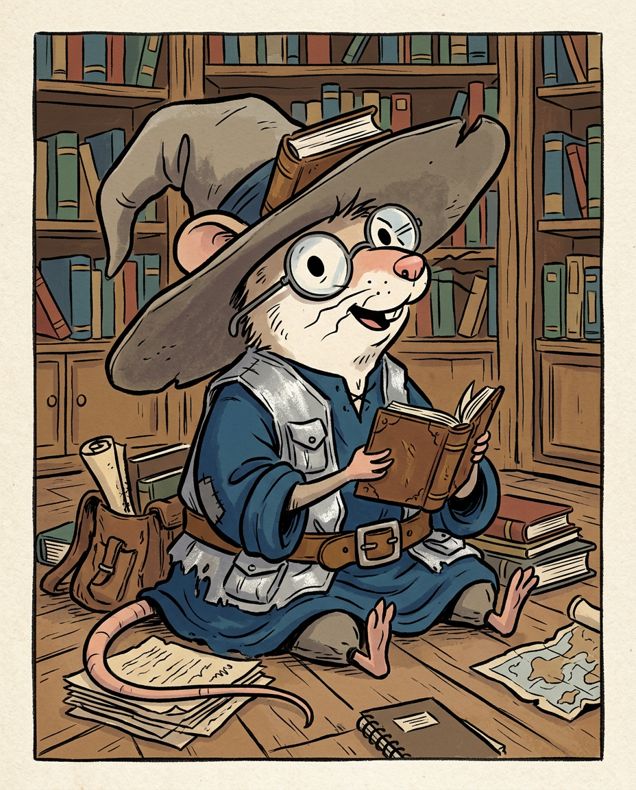 AI Design for Sure! Based on everything you've described so far, this is how I imagine **Milo Underburrow** in the *Embermane Chronicles* storybook art style.

---

# 🐭 Milo Underburrow

Milo is a small mouse, noticeably shorter than almost everyone else in the group.

At first glance, he looks like somebody who accidentally wandered out of a library and into an adventure.

---

## Face

Milo has a soft, friendly face.

His eyes are simple storybook eyes:

⚫ Small black dots or tiny ovals.

Not realistic.

Not anime.

Very expressive despite their simplicity.

His nose is small and dark.

His whiskers stick out in every direction, making him look a little untidy.

Like he forgot to comb them because he was busy reading.

---

## Glasses

One of his most recognizable features.

Large round spectacles.

Slightly oversized for his face.

They constantly slide down his nose.

Sometimes he pushes them back up while talking.

The glasses make him look:

* Curious
* Intelligent
* Slightly goofy

---

## Hat

His hat is enormous.

Almost comically large.

A floppy traveler's hat.

The brim droops slightly.

It casts a shadow over his face.

The hat always looks a little too big for him.

That's part of the charm.

---

## Clothing

Milo wears very baggy clothing.

Loose sleeves.

Oversized coat.

Big pockets everywhere.

The clothes almost look inherited from somebody twice his size.

Colors:

🔵 Deep blue

⚪ Silver-gray details

🟤 Brown belt

Nothing flashy.

Practical.

Comfortable.

A mouse who expects to spend all day reading.

---

## Accessories

Books.

Always books.

Not one book.

Several.

He often carries:

📚 A satchel full of notes

📚 Scrolls sticking out of pockets

📚 Little notebooks

📚 Folded maps

Sometimes papers fall out while he walks.

---

## Pose

When illustrated, Milo rarely stands still.

He's usually:

📖 Reading

📝 Writing notes

🔍 Examining something interesting

🤔 Thinking

Or excitedly explaining something nobody asked about.

---

## Personality Through Art

The illustrator should make him look:

* Enthusiastic
* Intelligent
* Curious
* Slightly chaotic

Not a serious scholar.

Not a boring professor.

More like:

> A mouse who got distracted researching one thing and accidentally discovered twelve more things.

---

## Silhouette

This is important.

Even completely blacked out, you'd recognize him instantly:

🎩 Huge floppy hat

👓 Round glasses

📚 Stack of books

🧥 Oversized coat

🐭 Small body

That silhouette becomes uniquely Milo.

---

## Storybook Illustration Example

Imagine a chapter illustration.

Milo is sitting cross-legged on a library floor.

Books are piled around him.

One book is open.

Another is balanced on his knee.

A third is somehow resting on top of his hat.

His glasses have slipped down his nose.

His tail curls around a stack of papers.

Meanwhile he's grinning because he's just discovered a fascinating fact about Rowan Embermane.

That single image tells you exactly who Milo is.

Not a warrior.

Not a king.

Not a hero in the traditional sense.

Just a wonderfully curious little mouse who loves learning almost as much as Jasper loves adventuring. 🐭📚✨
 gray rat cartoonz bold lines minimal shadind comic book INSpO not copzing