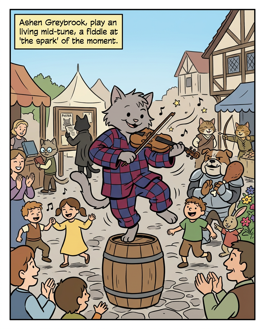 AI Design for # � Ashen Greybrook
If Jasper is the hero, Milo is the scholar, Shadow is the explorer, and Rufus is the knight...
**Ashen is the spark.**
He's the friend who makes every scene more fun the moment he walks into it.
---
## First Impression
Ashen is a medium-sized gray cat.
Not as tall as Shadow.
Not as large as Rufus.
Not as small as Milo.
He sits right in the middle.
But somehow he always stands out.
---
## Fur
Soft ash-gray fur.
Lighter than Shadow's.
His fur has a slightly messy look to it.
Not dirty.
Just the kind of fur that never stays perfectly neat.
Especially after running around all day.
---
## Face
Ashen always looks like he's about to say something.
Or do something.
Or accidentally cause something.
His eyes are bright and lively.
His smile comes easily.
Sometimes a little mischievous.
Sometimes completely innocent.
Usually both.
---
## Clothing
One of the most recognizable outfits in the group.
A loose, comfortable outfit made of:
🔴 Deep red
🔵 Deep blue
In a checkered pattern.
Not royal.
Not flashy.
Just colorful enough to make him instantly recognizable.
The clothes are slightly oversized.
They move when he runs.
They sway when he dances.
And they make him look like he belongs at a festival.
---
## The Fiddle
His signature item.
🎻 A fiddle carried almost everywhere.
Not because somebody told him to.
Because he genuinely loves music.
Whenever there's silence...
Ashen fills it.
---
## Personality
Ashen is cheerful.
Very cheerful.
He's the sort of person who can turn a boring walk into an adventure.
A rainy afternoon into a game.
A quiet dinner into a celebration.
He's not reckless.
He's just enthusiastic.
---
## His Role in the Group
People often think every fantasy group needs:
* A hero
* A fighter
* A scholar
But Ashen fills a different role.
He keeps everyone's spirits high.
When things get tense...
Ashen tells a joke.
When people argue...
Ashen changes the subject.
When the road feels long...
Ashen starts playing music.
---
## Pose
In illustrations he's often:
🎻 Playing his fiddle
🕺 Dancing
😄 Laughing
🎶 Teaching someone a song
Or doing something slightly ridiculous.
---
## Silhouette
Even in black silhouette you'd know it's him.
🐱 Cat ears
🎻 Fiddle
🧥 Loose checkered outfit
Energetic pose
Instantly recognizable.
---
## Storybook Illustration Example
Imagine a chapter illustration.
The group has stopped at a village fair.
Milo is examining books.
Shadow is studying a town map.
Jasper is trying an archery game.
Pippa is looking at flowers.
Rufus is carrying too much food.
And right in the middle of the square...
Ashen is standing on a barrel.
Playing his fiddle.
A crowd of children is dancing.
A few adults are clapping.
Even Rufus is trying to dance.
The whole scene feels alive because Ashen is there.
---
## The Feeling He Gives
Ashen isn't the strongest.
He isn't the smartest.
He isn't the leader.
But if he disappeared for a day, everyone would notice.
Because he's the one who brings laughter, music, and energy wherever he goes.
He's the friend who reminds everyone that adventures aren't just about reaching the destination.
They're about having fun along the way. 🎻🐱✨🌟comic book art style with dot eyes bold black lines minimal shading simple colours