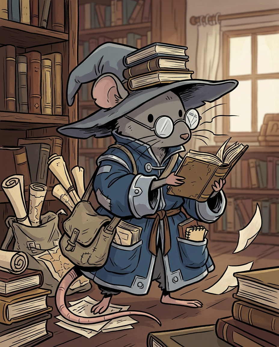 AI Design for Sure! Based on everything you've described so far, this is how I imagine **Milo Underburrow** in the *Embermane Chronicles* storybook art style.

---

# 🐭 Milo Underburrow

Milo is a small mouse, noticeably shorter than almost everyone else in the group.

At first glance, he looks like somebody who accidentally wandered out of a library and into an adventure.

---

## Face

Milo has a soft, friendly face.

His eyes are simple storybook eyes:

⚫ Small black dots or tiny ovals.

Not realistic.

Not anime.

Very expressive despite their simplicity.

His nose is small and dark.

His whiskers stick out in every direction, making him look a little untidy.

Like he forgot to comb them because he was busy reading.

---

## Glasses

One of his most recognizable features.

Large round spectacles.

Slightly oversized for his face.

They constantly slide down his nose.

Sometimes he pushes them back up while talking.

The glasses make him look:

* Curious
* Intelligent
* Slightly goofy

---

## Hat

His hat is enormous.

Almost comically large.

A floppy traveler's hat.

The brim droops slightly.

It casts a shadow over his face.

The hat always looks a little too big for him.

That's part of the charm.

---

## Clothing

Milo wears very baggy clothing.

Loose sleeves.

Oversized coat.

Big pockets everywhere.

The clothes almost look inherited from somebody twice his size.

Colors:

🔵 Deep blue

⚪ Silver-gray details

🟤 Brown belt

Nothing flashy.

Practical.

Comfortable.

A mouse who expects to spend all day reading.

---

## Accessories

Books.

Always books.

Not one book.

Several.

He often carries:

📚 A satchel full of notes

📚 Scrolls sticking out of pockets

📚 Little notebooks

📚 Folded maps

Sometimes papers fall out while he walks.

---

## Pose

When illustrated, Milo rarely stands still.

He's usually:

📖 Reading

📝 Writing notes

🔍 Examining something interesting

🤔 Thinking

Or excitedly explaining something nobody asked about.

---

## Personality Through Art

The illustrator should make him look:

* Enthusiastic
* Intelligent
* Curious
* Slightly chaotic

Not a serious scholar.

Not a boring professor.

More like:

> A mouse who got distracted researching one thing and accidentally discovered twelve more things.

---

## Silhouette

This is important.

Even completely blacked out, you'd recognize him instantly:

🎩 Huge floppy hat

👓 Round glasses

📚 Stack of books

🧥 Oversized coat

🐭 Small body

That silhouette becomes uniquely Milo.

---

## Storybook Illustration Example

Imagine a chapter illustration.

Milo is sitting cross-legged on a library floor.

Books are piled around him.

One book is open.

Another is balanced on his knee.

A third is somehow resting on top of his hat.

His glasses have slipped down his nose.

His tail curls around a stack of papers.

Meanwhile he's grinning because he's just discovered a fascinating fact about Rowan Embermane.

That single image tells you exactly who Milo is.

Not a warrior.

Not a king.

Not a hero in the traditional sense.

Just a wonderfully curious little mouse who loves learning almost as much as Jasper loves adventuring. 🐭📚✨
 gray rat cartoonz bold lines minimal shadind comic book INSpO not copzing